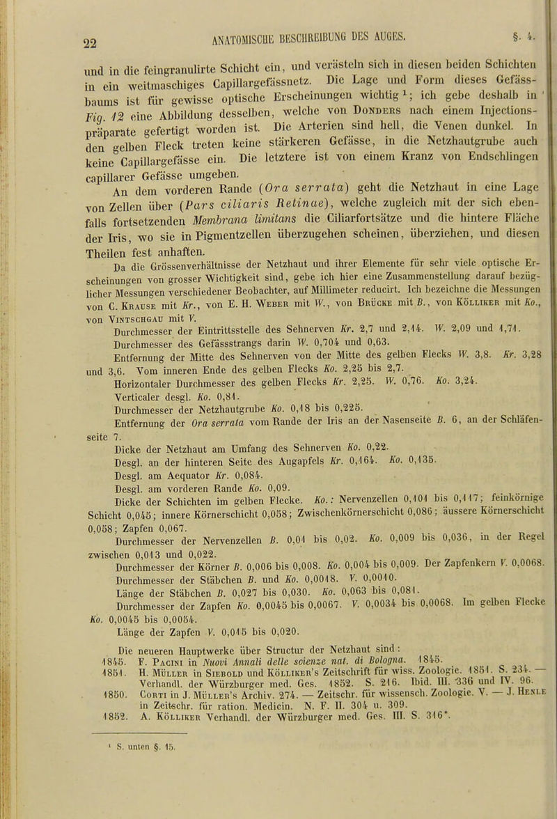 ANATOMISCUli BESCHREIBUNG DES AUGES. §. und in die feingranulü-te Schiclit ein, und verästeln sich in diesen beiden Schichten in ein weitmaschiges Capillargefassnctz. Die Lage und Form dieses Gefäss- baums ist für gewisse optische Erscheinungen wiclitigi; ich gebe deshalb in Fiq 12 eine Abbildung desselben, welche von Donders nach einem Injections- präparate gefertigt worden ist. Die Arterien sind hell, die Venen dunkel. In den gelben Fleck treten keine stärkeren Gefässe, in die Netzhautgrube auch keine Capillargefässc ein. Die letztere ist von einem Kranz von Endschlingen capillarer Gefässe umgeben. An dem vorderen Rande {Ora serrata) geht die Netzhaut in eine Lage von Zellen über {Pars ciliaris Retinae), welche zugleich mit der sich eben- falls fortsetzenden Membrana lirnüans die Ciliarfortsätze und die hintere Fläche der Iris, wo sie in Pigmentzellen überzugehen scheinen, überziehen, und diesen Theilen fest anhaften. Da die Grössenverhältnisse der Netzhaut und ihrer Elemente für sehr viele optische Er- scheinungen von grosser Wichtigkeit sind, gebe ich hier eine Zusammenstellung darauf bezüg- licher Me°ssungen verschiedener Beobachter, auf Millimeter reducirt. Ich bezeichne die Messungen von C. Krause mit Kr., von E. H. Weber mit W., von Brücke mit B., von Kölliker mit Ko., von ViNTSCHGAU mit V. Durchmesser der EintrittssteUe des Sehnerven Kr. 2,7 und 2,44. W. 2,09 und 1,71. Durchmesser des Gefässstrangs darin W. 0,704 und 0,63. Entfernung der Mitte des Sehnerven von der Mitte des gelben Flecks W. 3,8. Kr. 3,28 und 3,6. Vom inneren Ende des gelben Flecks Ko. 2,25 bis 2,7. Horizontaler Durchmesser des gelben Flecks Kr. 2,25. W. 0,76. Ko. 3,24. Verticaler desgl. Ko. 0,81. Durchmesser der Netzhautgrube Ko. 0,18 bis 0,225. Entfernung der Ora serrula vom Rande der Iris an der Nasenseite B. 6, an der Schläfen- seite 7. Dicke der Netzhaut am Umfang des Sehnerven Ko. 0,22. Desgl. an der hinteren Seite des Augapfels Kr. 0,164. Ko. 0,135. Desgl. am Aequator Kr. 0,084. Desgl. am vorderen Rande Ko. 0,09. Dicke der Schichten im gelben Flecke. Ko.: Nervenzellen 0,101 bis 0,117; feinkörnige Schicht 0,045; innere Körnerschicht 0,058; Zwischenkörnerschicht 0,086; äussere Körnerschicht 0,058; Zapfen 0,067. . :, , Durchmesser der NervenzeUen B. 0,04 bis 0,02. Ko. 0,009 bis 0,036, m der Regel zwischen 0,013 und 0,022. Durchmesser der Körner B. 0,006 bis 0,008. Ko. 0,004 bis 0,009. Der Zapfenkern V. 0,0068. Durchmesser der Stäbchen B. und Ko. 0,0048. V. 0,0010. Länge der Stäbchen 5. 0,027 bis 0,030. Ko. 0,063 bis 0,081. Durchmesser der Zapfen Ko. 0,0045 bis 0,0067. V. 0,0034 bis 0,0068. Im gelben Flecke Ko. 0,0045 bis 0,0054. Länge der Zapfen V. 0,04 5 bis 0,020. Die neueren Hauptwerke über Structur der Netzhaut sind: 4845. F. Pacini in Niwvi Annali delle scienze nat. di Bologna. 4 845. 4851. H. MÜLLER in Siebold und KÖLLn(ER's Zeitschrift für wiss. Zoologie. 1851. S. 234. — Vcrhandl. der Würzburger med. Ges. 4852. S. 24 6. Ibid. lU. -336 und IV- 90. 4850. CoRTi in J. Mülleb's Archiv. 274. — Zeitschr. für wissensch. Zoologie. V. — J. Henle in Zeitschr. für ration. Medicin. N. F. U. 304 u. 309. 4 852. A. KöLLiKER Vcrhandl. der Würzburger med. Ges. IlL S. 316*. > S. unten §. 15.