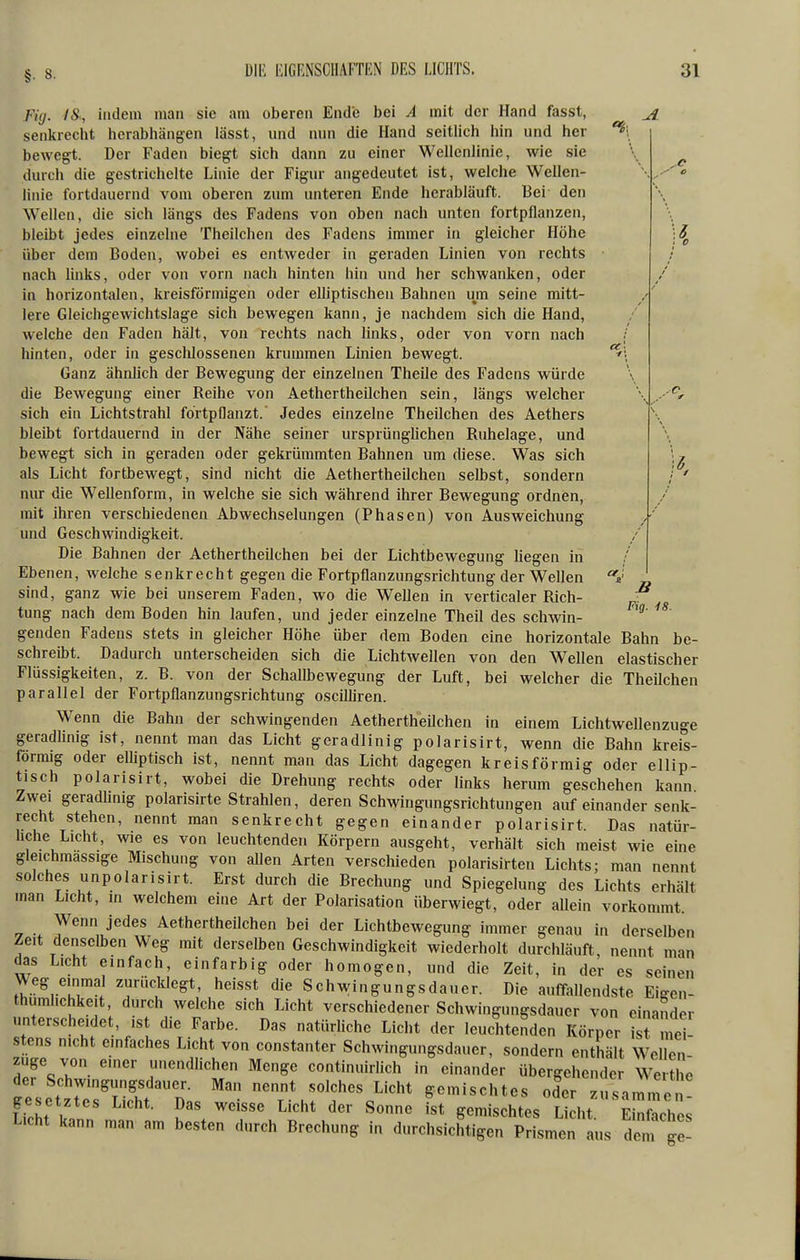 • 0 Fig. 18. Fig. indem man sie am oberen Ende bei A mit der Hand fasst, senkrecht herabhängen lässt, und nun die Hand seitlich hin und her bewegt. Der Faden biegt sich dann zu einer Wellenlinie, wie sie durch die gestrichelte Linie der Figur angedeutet ist, welche Wellen- linie fortdauernd vom oberen zum unteren Ende herabläuft. Bei- den Wellen, die sich längs des Fadens von oben nach unten fortpflanzen, bleibt jedes einzelne Theilchen des Fadens immer in gleicher Höhe über dem Boden, wobei es entweder in geraden Linien von rechts nach links, oder von vorn nach hinten hin und her schwanken, oder in horizontalen, kreisförmigen oder elliptischen Bahnen um seine mitt- lere Gleichgewichtslage sich bewegen kann, je nachdem sich die Hand, welche den Faden hält, von rechts nach links, oder von vorn nach / hinten, oder in gesclilossenen krummen Linien bewegt. '^i Ganz ähnlich der Bewegung der einzelnen Theile des Fadens würde die Bewegung einer Reihe von Aethertheilchen sein, längs welcher sich ein Lichtstrahl fortpflanzt.' Jedes einzelne Theilchen des Aethers bleibt fortdauernd in der Nähe seiner ursprünglichen Ruhelage, und bewegt sich in geraden oder gekrümmten Bahnen um diese. Was sich als Licht fortbewegt, sind nicht die Aethertheilchen selbst, sondern nur die Wellenform, in welche sie sich während ihrer Bewegung ordnen, mit ihren verschiedenen Abwechselungen (Phasen) von Ausweichung und Geschwindigkeit. Die Bahnen der Aethertheilchen bei der Lichtbewegung liegen in Ebenen, welche senkrecht gegen die Fortpflanzungsrichtung der Wellen ^J sind, ganz wie bei unserem Faden, wo die Wellen in verticaler Rieh- ^ tung nach dem Boden hin laufen, und jeder einzelne Theil des schwin- genden Fadens stets in gleicher Höhe über dem Boden eine horizontale Bahn be- schreibt. Dadurch unterscheiden sich die Lichtwellen von den Wellen elastischer Flüssigkeiten, z. B. von der Schallbewegung der Luft, bei welcher die Theilchen parallel der Fortpflanzungsrichtung oscilliren. Wenn die Bahn der schwingenden AethertheUchen in einem Lichtwellenzuge geradlinig ist, nennt man das Licht geradlinig polarisirt, wenn die Bahn kreis- förmig oder elliptisch ist, nennt man das Licht dagegen kreisförmig oder ellip- tisch polarisirt, wobei die Drehung rechts oder links herum geschehen kann Zwei geradlinig polarisirte Strahlen, deren Schwingungsrichtungen auf einander senk- recht stehen, nennt man senkrecht gegen einander polarisirt. Das natür- üche Licht, wie es von leuchtenden Körpern ausgeht, verhält sich meist wie eine gleichmassige Mischung von allen Arten verschieden polarisirten Lichts; man nennt solches unpolarisirt. Erst durch die Brechung und Spiegelung des Lichts erhält man Licht, in welchem eine Art der Polarisation überwiegt, oder allein vorkommt Wenn jedes Aethertheilchen bei der Lichtbewegung immer genau in derselben Zeit denselben Weg mit derselben Geschwindigkeit wiederholt durchläuft, nennt man das Licht einfach, einfarbig oder homogen, und die Zeit, in der es seinen Weg einmal zurücklegt, heisst die Schwingungsdauer. Die auffallendste Eigen- thumhchke.t durch welche sich Licht verschiedener Schwingungsdaucr von einander unterscheidet, ist die Farbe. Das natürliche Licht der leuchtenden Körper is! mei- stens nicht emfaches Licht von constanter Schwingungsdauer, sondern enthält Wellen- zuge von einer unendlichen Menge continuirlich in einander übergehender Werthe der Schwmgungsdauer. Man nennt solches Licht gemischtes oder z7s.nnne gesetztes Licht. Das weisse Licht der Sonne ist gemischtes L cht E^ ache^ Licht kann man am besten durch Brechung in durchsichtigen Prismen aus dein ge