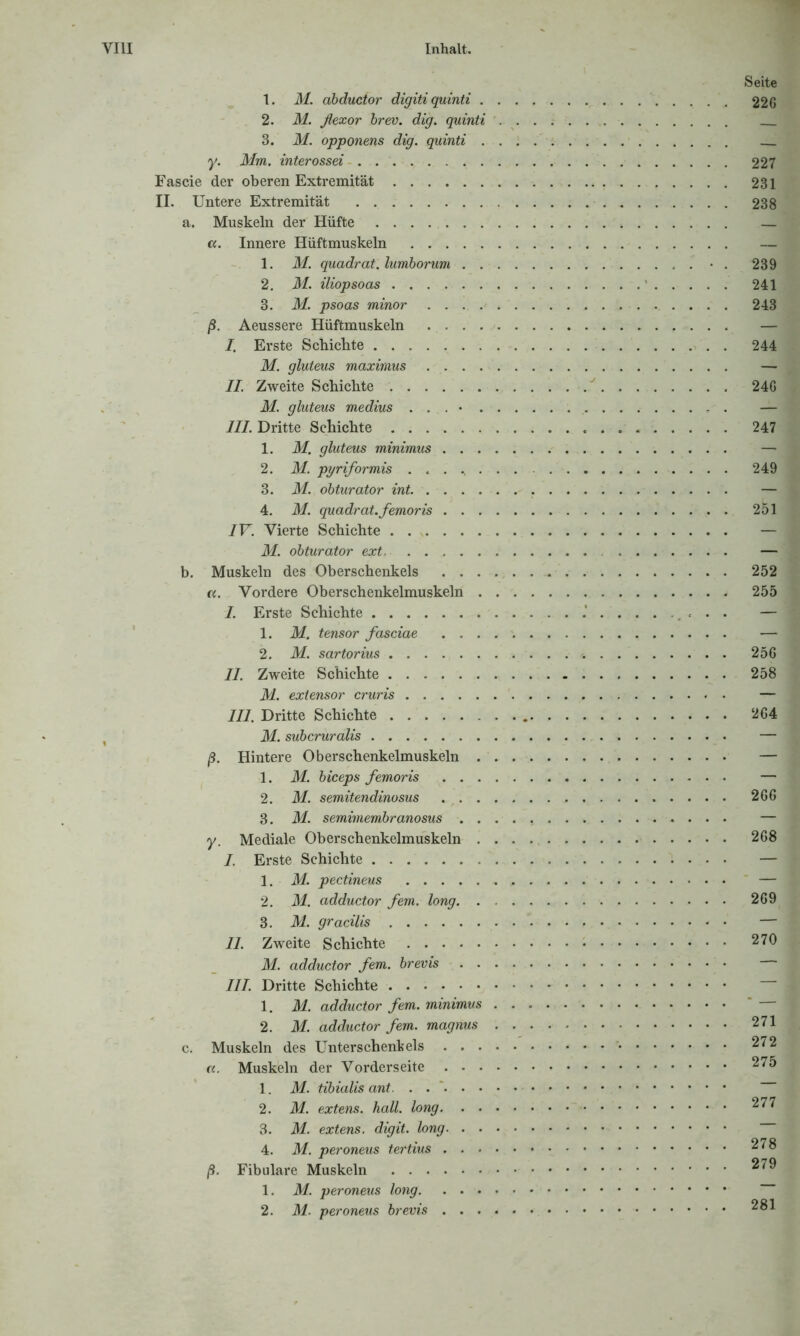 1. M. abducior digiti quinti 2. M. flexor brev. dig. quinti 3. M. opponens dig. quinti y. Mm. interossei Fascie der oberen Extremität II. Untere Extremität a. Muskeln der Hüfte a. Innere Hüftmuskeln 1. M. quadrat. lumborum . . • . 2. M. iliopsoas ' 3. M. psoas minor ß. Aeussere Hüftmuskeln I. Erste Schichte . M. gluteus maximus II. Zweite Schichte M. gluteus medius . . . • . III. Dritte Schichte 1. M. gluteus minimus 2. M. pyriformis ................... 3. M. obturator int. 4. M. quadrat.femoris . IV. Vierte Schichte M. obturator ext. b. Muskeln des Oberschenkels u. Vordere Oberschenkelmuskeln I. Erste Schichte 1. M. tensor fasciae 2. M. sartorius II. Zweite Schichte M. extensor cruris III. Dritte Schichte • • • M. subcruralis ß. Hintere Oberschenkelmuskeln 1. M. biceps femoris 2. M. semitendinosus 3. M. semimembranosus . . . . . . . .. . ..... . . . y. Mediale Oberschenkelmuskeln I. Erste Schichte 1. M. pectineus 2. M. adductor fern, long 3. M. gracilis II. Zweite Schichte M. adductor fern, brevis III. Dritte Schichte 1. M. adductor fern, minimus 2. M. adductor fern, magnus c. Muskeln des Unterschenkels a. Muskeln der Vorderseite 1. M. tibialis ant. . . 2. M. extens. hall, long 3. M. extens. digit. long 4. M. peroneus tertius ß. Fibulare Muskeln 1. M. peroneus long. 2. M. peroneus brevis Seite 226 227 231 238 239 241 243 244 246 247 249 251 252 255 256 258 264 266 268 269 270 271 272 275 277 278 279 281