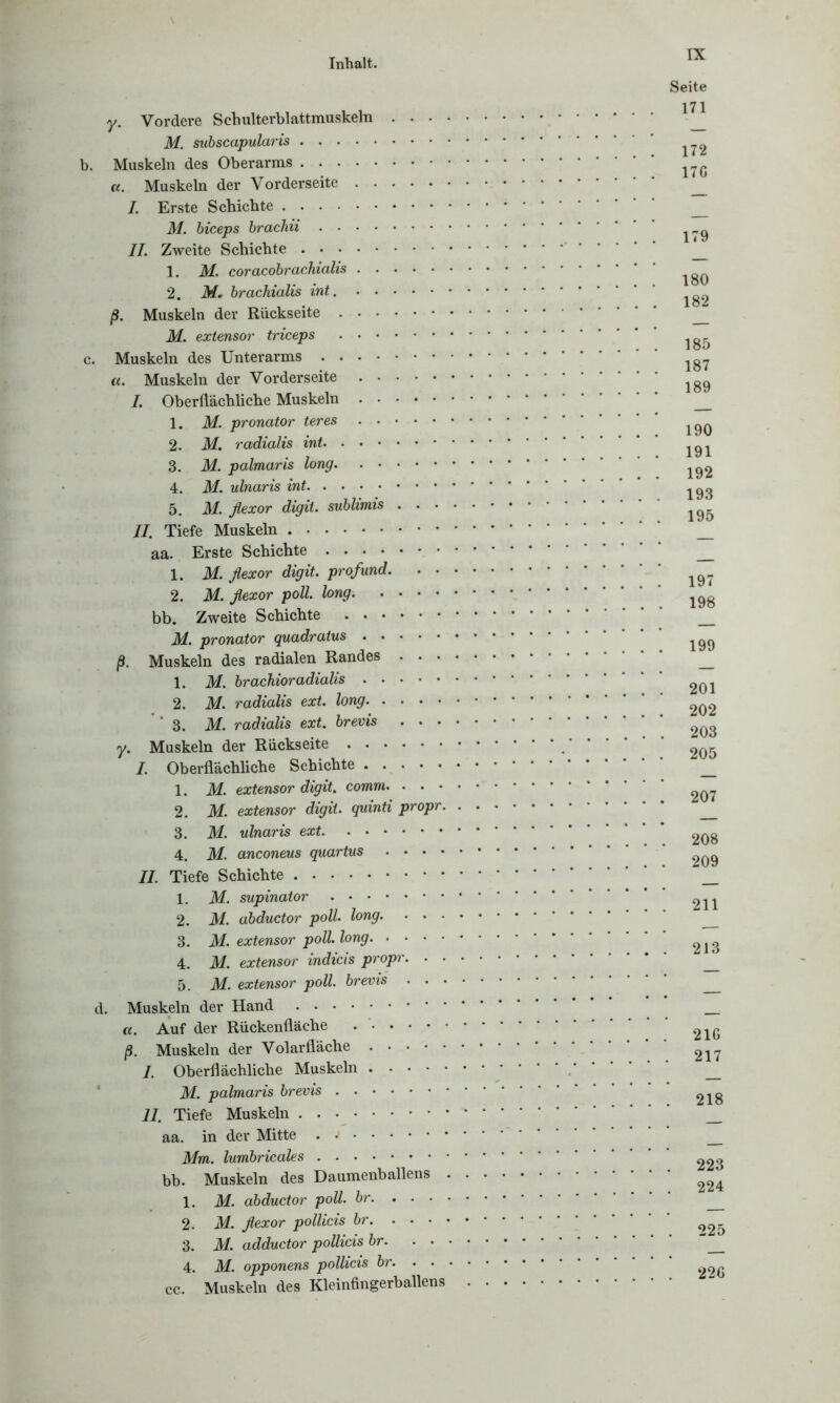 y. Vordere Schulterblattmuskeln . . . M. subscapularis b. Muskeln des Oberarms a. Muskeln der Vorderseite I. Erste Schichte M. biceps brachii II. Zweite Schichte 1. M. coracobrachialis 2. M, brachialis int. ß. Muskeln der Rückseite M. extensor triceps c. Muskeln des Unterarms a. Muskeln der Vorderseite I. Oberflächliche Muskeln 1. M. pronator teres 2. M. radialis int 3. M. palmaris long 4. M. ulnaris int 5. M. flexor digit. sublimis . . • II. Tiefe Muskeln aa. Erste Schichte 1. M. ßexor digit. profund. . • 2. M. flexor poll. long bb. Zweite Schichte M. pronator quadratus ß. Muskeln des radialen Randes • • • 1. M. brachioradialis 2. M. radialis ext. long 3. M. radialis ext. brevis . . . y. Muskeln der Rückseite I. Oberflächliche Schichte 1. M. extensor digit. comm. . • • 2. M. extensor digit. quinti propr. 3. M. ulnaris ext 4. M. anconeus quartus .... II. Tiefe Schichte 1. M. supinator 2. M. abductor poll. long. • • • 3. M. extensor poll. long 4. M. extensor indicis propr. . . 5. M. extensor poll. brevis . . • d. Muskeln der Hand a. Auf der Rückenfläche ß. Muskeln der Volarfläche I. Oberflächliche Muskeln M. palmaris brevis II. Tiefe Muskeln aa. in der Mitte Mm. lumbricales bb. Muskeln des Daumenballens 1. M. abductor poll. br. . . • 2. M. flexor pollicis br 3. M. adductor pollicis br. . • 4. M. opponens pollicis br. • • cc. Muskeln des Kleinfingerballens Seite 171 172 17G 179 180 182 185 187 189 190 191 192 193 195 197 198 199 201 202 203 205 207 208 209 211 213 21G 217 218 . 223 224 225 22G