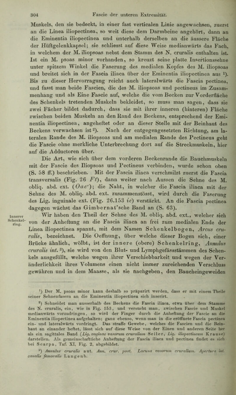 Innerer Schenkel- ring. Muskels, den sie bedeckt, in einer fast verticalen Linie angewachsen, zuerst an die Linea iliopectinea, so weit diese dem Darmbeine angehört, dann an die Eminentia iliopectinea und unterhalb derselben an die äussere Fläche der Hüftgelenkkapsel; sie schliesst auf diese Weise medianwärts das Fach, in welchem der M. iliopsoas nebst dem Stamm des N. cruralis enthalten ist. Ist ein M. psoas minor vorhanden, so kreuzt seine platte Insertionssehne unter spitzem Winkel die Faserung des medialen Kopfes des M. iliopsoas und breitet sich in der Fascia iliaca über der Eminentia iliopectinea aus *). Bis zu dieser Hervorragung reicht auch lateralwärts die Fascia pectinea, und fasst man beide Fascien, die des M. iliopsoas und pectineus im Zusam- menhang und als Eine Fascie auf, welche die vom Becken zur Vorderfläche des Schenkels tretenden Muskeln bekleidet, so muss man sagen, dass sie zwei Fächer bildet dadurch, dass sie mit ihrer inneren (hinteren) Fläche zwischen beiden Muskeln an den Rand des Beckens, entsprechend der Emi- nentia iliopectinea, angeheftet oder an dieser Stelle mit der Beinhaut des Beckens verwachsen ist * 2). Nach der entgegengesetzten Richtung, am la- teralen Rande des M. iliopsoas und am medialen Rande des Pectineus geht die Fascie ohne merkliche Unterbrechung dort auf die Streckmuskeln, hier auf die Adductoren über. Die Art, wie sich über dem vorderen Beckenrande die Bauchmuskeln mit der Fascie des Iliopsoas und Pectineus verbinden, wurde schon oben (S. 58 ff.) beschrieben. Mit der Fascia iliaca verschmilzt zuerst die Fascia transversalis (Fig. 26 Ft), dann weiter nach Aussen die Sehne des M. obliq. abd. ext. (Oae'); die Naht, in welcher die Fascia iliaca mit der Sehne des M. obliq. abd. ext. zusammenstösst, wird durch die Faserung des Lig. inguinale ext. (Fig. 26.153 ie) verstärkt. An die Fascia pectinea dagegen wächst das Gimbernat’sche Band an (S. 63). Wir haben den Theil der Sehne des M. obliq. abd. ext., welcher sich von der Anheftung an die Fascia iliaca an frei zum medialen Ende der Linea iliopectinea spannt, mit dem Namen Schenkelbogen, Arcus cru- ralis, bezeichnet. Die Oeffnung, über welche dieser Bogen sich, einer Brücke ähnlich, wölbt, ist der innere (obere) Schenkelring, Annulus cruralis int. 3), sie wird von den Blut- und Lymphgefässstämmen des Schen- kels ausgefüllt, welche wegen ihrer Verschiebbarkeit und wegen der Ver- änderlichkeit ihres Volumens einen nicht immer zureichenden Verschluss gewähren und in dem Maasse, als sie nachgeben, den Baucheingeweiden *) Der M. psoas minor kann deshalb so präparirt werden, dass er mit einem Theile seiner Sehnenfasern an die Eminentia iliopectinea sich inserirt. 2) Schneidet man ausserhalb des Beckens die Fascia iliaca, etwa über dem Stamme des N. cruralis, ein, wie in Fig. 153, und versucht man, zwischen Fascie und Muskel medianwärts vorzudringen, so wird der Finger durch die Anheftung der Fascie an die Eminentia iliopectinea aufgehalten; ganz ebenso, wenn man in die eröffnete Fascia pectinea ein- und lateralwärts vordringt. Das straffe Gewebe, welches die Fascien und die Bein- haut an einander heftet, lässt sich auf diese Weise von der Einen und anderen Seite her als ein sagittales Band {Lig. vaginae vasorum cruralium Seiler, Lig. iliopectineum Krause) darstellen. Als gemeinschaftliche Anheftung der Fascia iliaca und pectinea findet es sich bei Scarpa, Taf. XI, Fig. 2, abgebildet. 3) Annulus cruralis aut. Ann. crur. post. Lacuna vasorum cruralium. Apertura int. canalis femoralis Langenb.