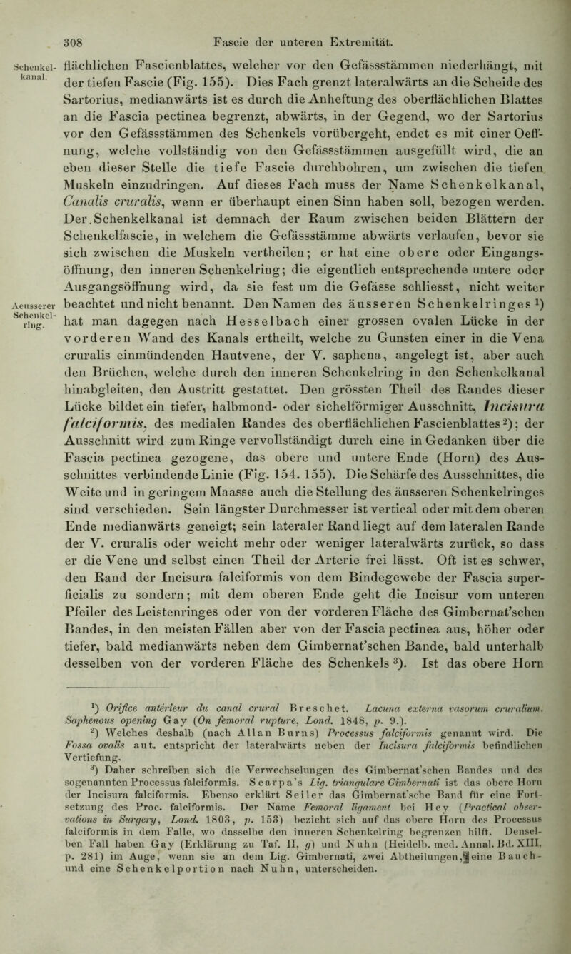 Schenkel- flächlichen Fascienblattes, welcher vor den Gefässstämmen niederhängt, mit kanal der tiefen Fascie (Fig. 155). Dies Fach grenzt lateralwärts an die Scheide des Sartorius, rnedianwärts ist es durch die Anheftung des oberflächlichen Blattes an die Fascia pectinea begrenzt, abwärts, in der Gegend, wo der Sartorius vor den Gefässstämmen des Schenkels vorübergeht, endet es mit einer Oeff- nung, welche vollständig von den Gefässstämmen ausgefüllt wird, die an eben dieser Stelle die tiefe Fascie durchbohren, um zwischen die tiefen Muskeln einzudringen. Auf dieses Fach muss der Name Schenkelkanal, Canalis cruralis, wenn er überhaupt einen Sinn haben soll, bezogen werden. Der.Schenkelkanal ist demnach der Raum zwischen beiden Blättern der Schenkelfascie, in welchem die Gefässstämme abwärts verlaufen, bevor sie sich zwischen die Muskeln vertheilen; er hat eine obere oder Eingangs- Öffnung, den inneren Schenkelring; die eigentlich entsprechende untere oder Ausgangsöffnung wird, da sie fest um die Gefässe schliesst, nicht weiter Aeusserer beachtet und nicht benannt. DenNamen des äusseren Schenkelringes1) ÖCdng!el hat man dagegen nach Hesselbach einer grossen ovalen Lücke in der vorderen Wand des Kanals ertheilt, welche zu Gunsten einer in die Vena cruralis einmündenden Hautvene, der V. saphena, angelegt ist, aber auch den Brüchen, welche durch den inneren Schenkelring in den Schenkelkanal hinabgleiten, den Austritt gestattet. Den grössten Theil des Randes dieser Lücke bildet ein tiefer, halbmond- oder sichelförmiger Ausschnitt, Indsuru falciformis. des medialen Randes des oberflächlichen Fascienblattes2); der Ausschnitt wird zum Ringe vervollständigt durch eine in Gedanken über die Fascia pectinea gezogene, das obere und untere Ende (Horn) des Aus- schnittes verbindende Linie (Fig. 154. 155). Die Schärfe des Ausschnittes, die Weite und in geringem Maasse auch die Stellung des äusseren Schenkelringes sind verschieden. Sein längster Durchmesser ist vertical oder mit dem oberen Ende rnedianwärts geneigt; sein lateraler Rand liegt auf dem lateralen Rande der V. cruralis oder weicht mehr oder weniger lateral wärts zurück, so dass er die Vene und selbst einen Theil der Arterie frei lässt. Oft ist es schwer, den Rand der Incisura falciformis von dem Bindegewebe der Fascia super- ficialis zu sondern; mit dem oberen Ende geht die Incisur vom unteren Pfeiler des Leistenringes oder von der vorderen Fläche des Gimbernat’schen Bandes, in den meisten Fällen aber von der Fascia pectinea aus, höher oder tiefer, bald rnedianwärts neben dem Gimbernat’schen Bande, bald unterhalb desselben von der vorderen Fläche des Schenkels 3). Ist das obere Horn *) Orifice anterieur du canal crural Breschet. Lacuna externa vasorum cruraliuvn. Saphenous opening Gay (On femoral rupture, Lond. 1848, p. 9.). 2) Welches deshalb (nach Allan Bums) Processus falciformis genannt wird. Die Fossa ovalis aut. entspricht der lateralwärts neben der Incisura falciformis befindlichen Vertiefung. 3) Daher schreiben sich die Verwechselungen des Gimbernat’schen Bandes und des sogenannten Processus falciformis. Scarpa’s Lig. trianguläre Gimbernati ist das obere Horn der Incisura falciformis. Ebenso erklärt Seiler das Gimbernat’sche Band für eine Fort- setzung des Proc. falciformis. Der Name Femoral ligament bei Hey (Practical obser- vations in Surgery, Lond. 1803, p. 153) bezieht sich auf das obere Horn des Processus falciformis in dem Falle, wo dasselbe den inneren Schenkelring begrenzen hilft. Densel- ben Fall haben Gay (Erklärung zu Taf. II, g) und Nuhn (Heidelb. med. Annal. Bd. XIII, p. 281) im Auge, wenn sie an dem Lig. Gimbernati, zwei Abtheilungeneine Bauch- und eine Schenkelportion nach Nuhn, unterscheiden.