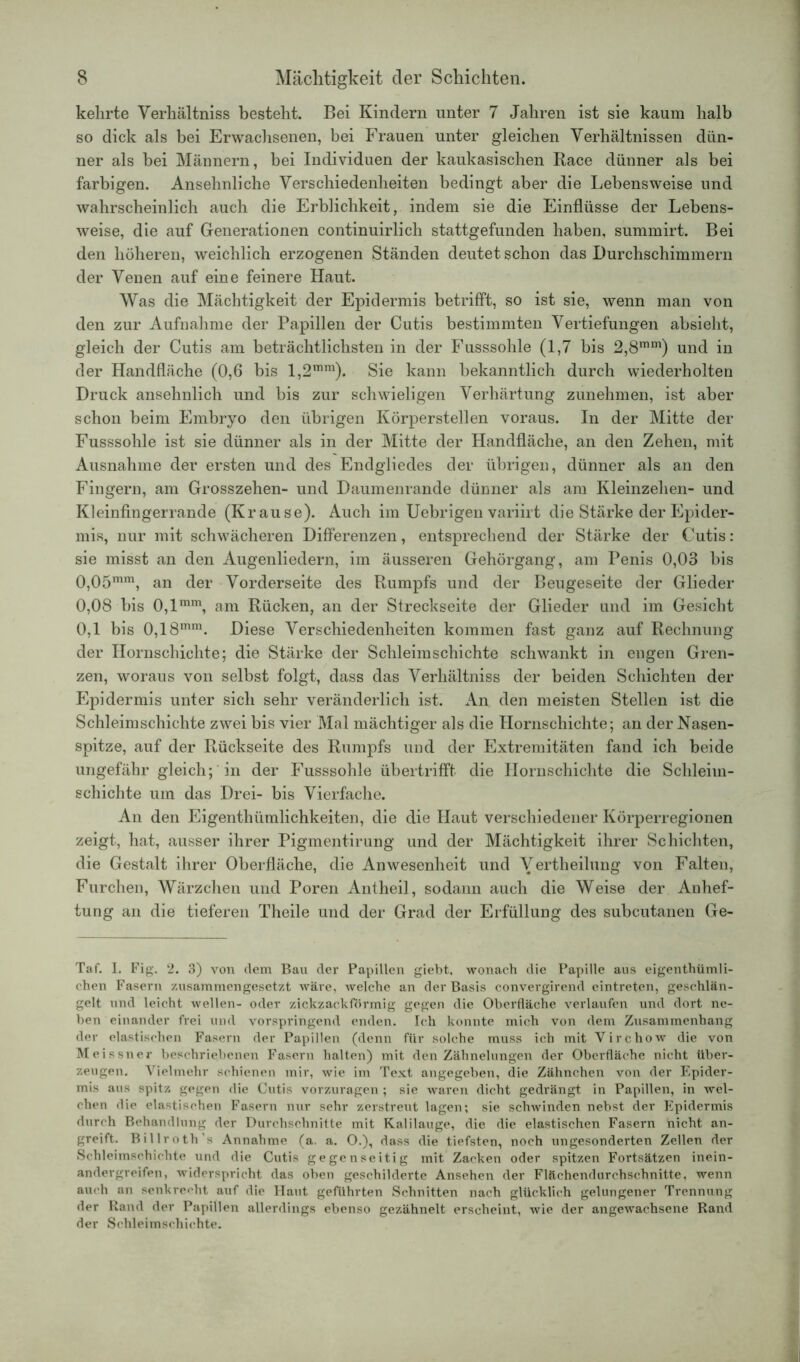 kehrte Verhältniss besteht. Bei Kindern unter 7 Jahren ist sie kaum halb so dick als bei Erwachsenen, bei Frauen unter gleichen Verhältnissen dün- ner als bei Männern, bei Individuen der kaukasischen Race dünner als bei farbigen. Ansehnliche Verschiedenheiten bedingt aber die Lebensweise und wahrscheinlich auch die Erblichkeit, indem sie die Einflüsse der Lebens- weise, die auf Generationen continuirlich stattgefunden haben, summirt. Bei den höheren, weichlich erzogenen Ständen deutet schon das Durchschimmern der Venen auf eine feinere Haut. Was die Mächtigkeit der Epidermis betrifft, so ist sie, wenn man von den zur Aufnahme der Papillen der Cutis bestimmten Vertiefungen absieht, gleich der Cutis am beträchtlichsten in der Fusssohle (1,7 bis 2,8mm) und in der Handfläche (0,6 bis l,2mm). Sie kann bekanntlich durch wiederholten Druck ansehnlich und bis zur schwieligen Verhärtung zunehmen, ist aber schon beim Embryo den übrigen Körperstellen voraus. In der Mitte der Fusssohle ist sie dünner als in der Mitte der Handfläche, an den Zehen, mit Ausnahme der ersten und des Endgliedes der übrigen, dünner als an den Fingern, am Grosszehen- und Daumenrande dünner als am Kleinzehen- und Kleinfingerrande (Krause). Auch im Uebrigen variirt die Stärke der Epider- mis, nur mit schwächeren Differenzen, entsprechend der Stärke der Cutis : sie misst an den Augenliedern, im äusseren Gehörgang, am Penis 0,03 bis 0,05ram, an der Vorderseite des Rumpfs und der Beugeseite der Glieder 0,08 bis 0,1mm, am Rücken, an der Streckseite der Glieder und im Gesicht 0,1 bis 0,18mm. Diese Verschiedenheiten kommen fast ganz auf Rechnung der Hornschichte; die Stärke der Schleimschichte schwankt in engen Gren- zen, woraus von selbst folgt, dass das Verhältniss der beiden Schichten der Epidermis unter sich sehr veränderlich ist. An den meisten Stellen ist die Schleimschichte zwei bis vier Mal mächtiger als die Hornschichte; an der Nasen- spitze, auf der Rückseite des Rumpfs und der Extremitäten fand ich beide ungefähr gleich; in der Fusssohle übertrifft die Hornschichte die Schleim- schichte um das Drei- bis Vierfache. An den Eigentümlichkeiten, die die Haut verschiedener Körperregionen zeigt, hat, ausser ihrer Pigmentirung und der Mächtigkeit ihrer Schichten, die Gestalt ihrer Oberfläche, die Anwesenheit und Verteilung von Falten, Furchen, Wärzchen und Poren Antheil, sodann auch die Weise der Anhef- tung an die tieferen Theile und der Grad der Erfüllung des subcutanen Ge- Taf. I. Fig. 2. 3) von dem Bau der Papillen giebt, wonach die Papille aus eigenthümli- chen Fasern zusammengesetzt wäre, welche an der Basis convergirend eintreten, geschlän- gelt und leicht wellen- oder zickzackförmig gegen die Oberfläche verlaufen und dort ne- ben einander frei und vorspringend enden. Ich konnte mich von dem Zusammenhang der elastischen Fasern der Papillen (denn für solche muss ich mit Virchow die von Meissner beschriebenen Fasern halten) mit den Zähnelungen der Oberfläche nicht über- zeugen. Vielmehr schienen mir, wie im Text angegeben, die Zähnchen von der Epider- mis aus spitz gegen die Cutis vorzuragen ; sie waren dicht gedrängt in Papillen, in wel- chen die elastischen Fasern nur sehr zerstreut lagen; sie schwinden nebst der Epidermis durch Behandlung der Durchschnitte mit Kalilauge, die die elastischen Fasern nicht an- greift. Billroth’s Annahme (a. a. O.), dass die tiefsten, noch ungesonderten Zellen der Schleimschichte und die Cutis gegenseitig mit Zacken oder spitzen Fortsätzen inein- andergreifen, widerspricht das oben geschilderte Ansehen der Flächendurchschnitte, wenn auch an senkrecht auf die Haut geführten Schnitten nach glücklich gelungener Trennung der Rand der Papillen allerdings ebenso gezähnelt erscheint, wie der angewachsene Rand der Schleimschichte.
