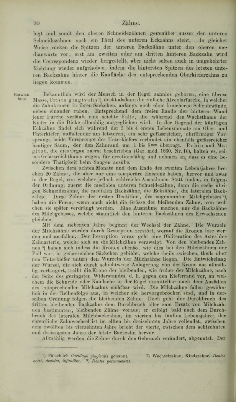 Entwick- lung. i)Ü Zähne. legt und somit den oberen Schneidezälnien gegenüber ausser den unteren Schneidezähnen noch ein Theil des unteren Eckzahns steht. In gleicher W eise rücken die Spitzen der unteren Backzähne unter den oberen me- dianwärts vor; erst am zweiten oder am dritten hinteren Backzahn wird die Correspondenz wieder hergestellt, aber nicht selten auch in umgekehrter Richtung wieder aufgehoben, indem die hintersten Spitzen des letzten unte- ren Backzahns hinter die Kaufläche des entsprechenden Oberkieferzahns zu liegen kommen. Bekanntlich wird der Mensch in der Regel zahnlos geboren; eine fibröse Masse, Crista gingivalis1), deckt alsdann die einfache Alveolarfurche, in welcher die Zahnkronen in ihren Säckchen, anfangs noch ohne knöcherne Scheidewände, neben einander ruhen. Entsprechend dem freien Rande der hinteren Wand jener Furche verläuft eine seichte Falte, die während des Wachsthums der Kiefer in die Dicke allmählig ausgeglichen wird. In der Gegend der künftigen Eckzähne findet sich während der 3 bis 4 ersten Lebensmonate am Ober- und Unterkiefer, auffallender am letzteren, ein sehr gefässreicher, ohrförmiger Vor- sprung; beide Vorsprünge des Unterkiefers verbindet ein ebenfalls gefässreicher häutiger Saum, der den Zahnrand um 1 bis 8mm überragt. Robin und Ma- gitot, die dies Organ zuerst beschrieben (Gaz. med. 1860. Nr. 16), halten es, sei- nes Gefässreichthums wegen, für erectionsfähig und nehmen an, dass es eine be- sondere Thätigkeit beim Saugen ausübe. Zwischen dem achten Monate und dem Ende des zweiten Lebensjahres bre- chen 20 Zähne, die aber nur eine temporäre Existenz haben, hervor und zwar in der Regel, von welcher jedoch zahlreiche Ausnahmen Statt finden, in folgen- der Ordnung: zuerst die medialen unteren Schneidezähne, dann die sechs übri- gen Schneidezähne, die medialen Backzähne, die Eckzähne, die lateralen Back- zähne. Diese Zähne der ersten Dentition, des sogenannten Milchgebisses2), haben die Form, wenn auch nicht die Grösse der bleibenden Zähne, von wel- chen sie später verdrängt werden. Eine Ausnahme machen nur die Backzähne des Milchgebisses, welche sämmtlich den hinteren Backzähnen des Erwachsenen gleichen. Mit dem siebenten Jahre beginnt der Wechsel der Zähne. Die Wurzeln der Milchzähne werden durch Resorption zerstört, worauf die Kronen lose wer- den und ausfallen. Der Resorption voran geht eine Obliteration des Astes“ der Zahnarterie, welche sich an die Milchzähne verzweigt. Von den bleibenden Zäh- nen 3) haben sich indess die Kronen ebenso, wie dies bei den Milchzähnen der Fall war, in gefässreichen Säckchen gebildet, welche theils zwischen, theils über fam Unterkiefer unter) den Wurzeln der Milchzähne liegen. Die Entwickelung der Wurzel, die sich durch schichtweise Anlagerung von der Krone aus allmäh- lig verlängert, treibt die Krone der bleibenden, wie früher der Milchzähne, nach der Seite des geringsten Widerstandes, d. h. gegen den Kieferrand vor, an wel- chem die Schneide oder Kaufläche in der Regel unmittelbar nach dem Ausfallen des entsprechenden Milchzahns sichtbar wird. Die Milchzähne fallen gewöhn- lich in der Reihenfolge aus, in welcher sie hervorgebrochen sind, und in der- selben Ordnung folgen die bleibenden Zähne. Doch geht der Durchbruch des dritten bleibenden Backzahns dem Durchbruch aller zum Ersatz von Milchzäh- nen bestimmten, bleibenden Zähne voraus; er erfolgt bald nach dem Durch- bruch des lateralen Milchbackzahns, im vierten bis fünften Lebensjahre; der eigentliche Zahnwechsel ist im elften bis dreizehnten Jahre vollendet; zwischen dem zwölften bis vierzehnten Jahre bricht der vierte, zwischen dem achtzehnten und dreissigsten Jahre der letzte Backzahn hervor. Allmählig werden die Zähne durch den Gebrauch verändert, abgenutzt. Der U Fälschlich Cartilago gingivalis genannt. actei, decidui, infantiles. 3) Dentes permanentes. 2) Wechsclzähne, Kimlszähnc, Dentes