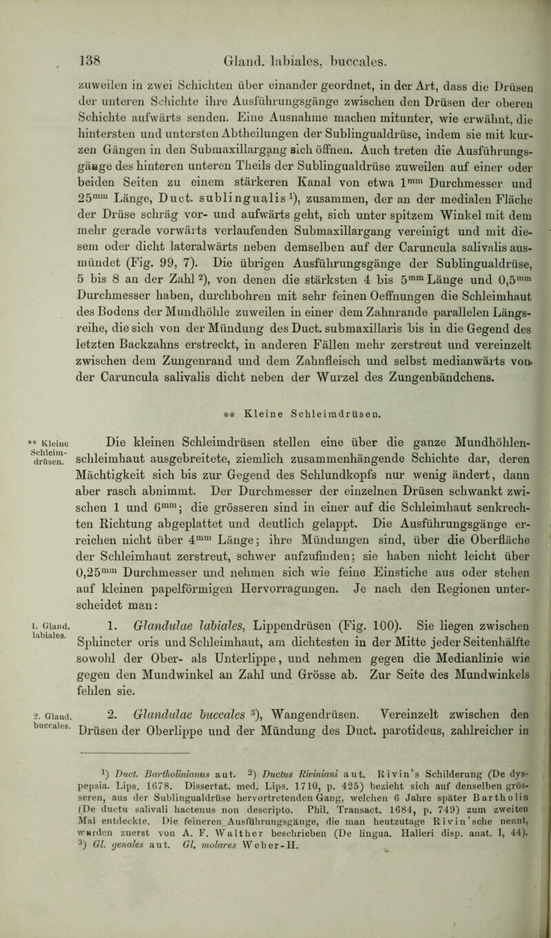 ** Kleine Schleim- drüsen. I. Gland. labiales. 2. Glaud. buccales. 138 Gland. labiales, buccales. zuweilen in zwei Schichten über einander geordnet, in der Art, dass die Drüsen der unteren Schichte ihre Ausführungsgänge zwischen den Drüsen der oberen Schichte aufwärts senden. Eine Ausnahme machen mitunter, wie erwähnt, die hintersten und untersten Abtheilungen der Sublingualdrüse, indem sie mit kur- zen Gängen in den Submaxillargang sich öffnen. Auch treten die Ausführungs- gäuge des hinteren unteren Theils der Sublingualdrüse zuweilen auf einer oder beiden Seiten zu einem stärkeren Kanal von etwa lmm Durchmesser und 25mm Länge, Duct. sublingualis1), zusammen, der an der medialen Fläche der Drüse schräg vor- und aufwärts geht, sich unter spitzem Winkel mit dem mehr gerade vorwärts verlaufenden Submaxillargang vereinigt und mit die- sem oder dicht lateralwärts neben demselben auf der Caruncula salivalis aus- mündet (Fig. 99, 7). Die übrigen Ausführungsgänge der Sublingualdrüse, 5 bis 8 an der Zahl2), von denen die stärksten 4 bis 5mmLänge und 0,5mm Durchmesser haben, durchbohren mit sehr feinen Oeffnungen die Schleimhaut des Bodens der Mundhöhle zuweilen in einer dem Zahnrande parallelen Längs- reihe, die sich von der Mündung des Duct. submaxillaris bis in die Gegend des letzten Backzahns erstreckt, in anderen Fällen mehr zerstreut und vereinzelt zwischen dem Zungenrand und dem Zahnfleisch und selbst medianwärts von. der Caruncula salivalis dicht neben der Wurzel des Zungenbändchens. ** Kleine Schleimdrüsen. Die kleinen Schleimdrüsen stellen eine über die ganze Mundhöhlen- schleimhaut ausgebreitete, ziemlich zusammenhängende Schichte dar, deren Mächtigkeit sich bis zur Gegend des Schlundkopfs nur wenig ändert, dann aber rasch abnimmt. Der Durchmesser der einzelnen Drüsen schwankt zwi- schen 1 und 6mm; die grösseren sind in einer auf die Schleimhaut senkrech- ten Richtung abgeplattet und deutlich gelappt. Die Ausführungsgänge er- reichen nicht über 4mm Länge; ihre Mündungen sind, über die Oberfläche der Schleimhaut zerstreut, schwer aufzufinden; sie haben nicht leicht über 0,25mm Durchmesser und nehmen sich wie feine Einstiche aus oder stehen auf kleinen papelförmigen Hervorragungen. Je nach den Regionen unter- scheidet man: 1. Glandulae labiales, Lippendrüsen (Fig. 100). Sie liegen zwischen Sphincter oris und Schleimhaut, am dichtesten in der Mitte jeder Seitenhälfte sowohl der Ober- als Unterlippe, und nehmen gegen die Medianlinie wie gegen den Mundwinkel an Zahl und Grösse ab. Zur Seite des Mundwinkels fehlen sie. 2. Glandulae buccales 3), Wangendrüsen. Vereinzelt zwischen den Drüsen der Oberlippe und der Mündung des Duct. parotideus, zahlreicher in D Duct. Bartholinianus aut. 2) Ductus Riviniani aut. Rivin’s Schilderung (De dys- pepsia. Lips. 1678. Dissertat. med. Lips. 1710, p. 425) bezieht sich auf denselben grös- I seren, aus der Sublingualdrüse hervortretenden Gang, welchen 6 Jahre später Bartholin (De ductu salivali hactenus non descripto. Phil. Transact. 1684, p. 749) zum zweiten Mal entdeckte. Die feineren Ausführungsgänge, die man heutzutage Rivin’sche nennt, wurden zuerst von A. F. Walther beschrieben (De lingua. Halleri disp. anat. I, 44). 3) Gl. genales aut. Gl. molares Web er-H.