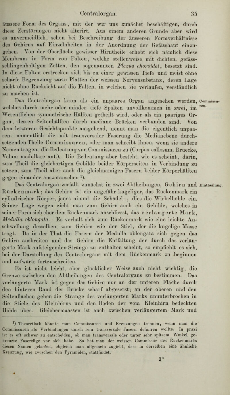 äussere Form des Organs, mit der wir uns zunächst beschäftigen, durch diese Zerstörungen nicht alterirt. Aus einem anderen Grunde aber wird es unvermeidlich, schon bei Beschreibung der äusseren Form Verhältnisse des Gehirns auf Einzelnheiten in der Anordnung der Gefässhaut einzu- gehen. Von der Oberfläche gewisser Hirntheile erhebt sich nämlich diese Membram in Form von Falten, welche stellenweise mit dichten, gefäss- schlingenhaltigen Zotten, den sogenannten Plexus choroidei, besetzt sind. In diese. Falten erstrecken sich bis zu einer gewissen Tiefe und meist ohne scharfe Begrenzung zarte Platten der weissen Nervensubstanz, deren Lage nicht ohne Rücksicht auf die Falten, in welchen sie verlaufen, verständlich zu machen ist. Das Centralorgan kann als ein unpaares Organ angesehen werden, Commissu- welches durch mehr oder minder tiefe Spalten unvollkommen in zwei, im ren* Wesentlichen symmetrische Hälften getheilt wird, oder als ein paariges Or- gan, dessen Seitenhälften durch mediane Brücken verbunden sind. Von dem letzteren Gesichtspunkte ausgehend, nennt man die eigentlich unpaa- ren, namentlich die mit transversaler Faserung die Medianebene durch- setzenden Theile Commissuren, oder man schreibt ihnen, wenn sie andere Namen tragen, die Bedeutung von Commissuren zu (Corpus callosum, Bruecke, Yelum medulläre ant.). Die Bedeutung aber besteht, wie es scheint, darin, zum Theil die gleichartigen Gebilde beider Körper seiten in Verbindung zu setzen, zum Theil aber auch die gleichnamigen Fasern beider Körperhälften gegen einander auszutauschen 1). Das Centralorgan zerfällt zunächst in zwei Abtheilungen, Gehirn und Einteilung. Rückenmark; das Gehirn ist ein ungefähr kugeliger, das Rückenmark ein cylindrischer Körper, jenes nimmt die Schädel-, dies die Wirbelhöhle ein. Seiner Lage wegen zieht man zum Gehirn auch ein Gebilde, welches in seiner Form sich eher dem Rückenmark anschliesst, das verlängerte Mark, Medulla dblongata. Es verhält sich zum Rückenmark wie eine leichte An- schwellung desselben, zum Gehirn wie der Stiel, der die kugelige Masse trägt. Da in der That die Fasern der Medulla oblongata sich gegen das Gehirn ausbreiten und das Gehirn die Entfaltung der durch das verlän- gerte Mark aufsteigenden Stränge zu enthalten scheint, so empfiehlt es sich, bei der Darstellung des Centralorgans mit dem Rückenmark zu beginnen und aufwärts fortzuschreiten. Es ist nicht leicht, aber glücklicher Weise auch nicht wichtig, die Grenze zwischen den Abtheilungen des Centralorgans zu bestimmen. Das verlängerte Mark ist gegen das Gehirn nur an der unteren Fläche durch den hinteren Rand der Brücke scharf abgesetzt; an der oberen und den Seitenflächen gehen die Stränge des verlängerten Marks ununterbrochen in die Stiele des Kleinhirns und den Boden der vom Kleinhirn bedeckten Höhle über. Gleichermaassen ist auch zwischen verlängertem Mark und D Theoretisch könnte man Commissuren und Kreuzungen trennen, wenn man die Commissuren als Verbindungen durch rein transversale Fasern definiren wollte. In praxi ist es oft schwer zu entscheiden, ob man transversale oder unter sehr spitzem Winkel, ge- kreuzte Faserzüge vor sich habe. So hat man der weissen Commissur des Rückenmarks diesen Namen gelassen, obgleich man allgemein zugiebt, dass in derselben eine ähnliche Kreuzung, wie zwischen den Pyramiden, stattfindet. 3