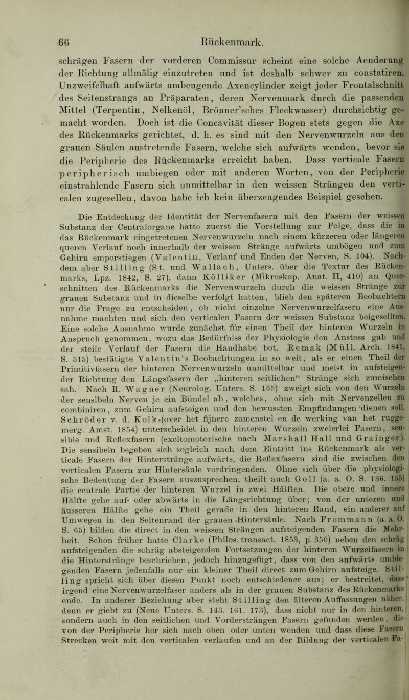 schrägen Fasern der vorderen Commissur scheint eine solche Aenderung der Richtung allmälig einzutreten und ist deshalb schwer zu constatiren. Unzweifelhaft aufwärts umbeugende Axencylinder zeigt jeder Frontalschnitt des Seitenstrangs an Präparaten, deren Nervenmark durch die passenden Mittel (Terpentin, Nelkenöl, Brönner’sches Fleckwasser) durchsichtig ge- macht worden. Doch ist die Concavität dieser Bogen stets gegen die Axe des Rückenmarks gerichtet, d. h. es sind mit den Nervenwurzeln aus den grauen Säulen austretende Fasern, welche sich aufwärts wenden, bevor sie die Peripherie des Rückenmarks erreicht haben. Dass verticale Fasern peripherisch umbiegen oder mit anderen Worten, von der Peripherie einstrahlende Fasern sich unmittelbar in den weissen Strängen den verti- calen zugesellen, davon habe ich kein überzeugendes Beispiel gesehen. Die Entdeckung der Identität der Nervenfasern mit den Fasern der weissen Substanz der Centralorgane hatte zuerst die Vorstellung zur Folge, dass die in das Rückenmark eingetretenen Nervenwurzeln nach einem kürzeren oder längeren queren Verlauf noch innerhalb der weissen Stränge aufwärts umbögen und zum Gehirn emporstiegen (Valentin, Verlauf und Enden der Nerven, S. 104). Nach- dem aber Stilling (St. und Wallach, Unters, über die Textur des Rücken- marks, Lpz. 1842, S. 27), dann Kölliker (Mikroskop. Anat. II, 410) an Quer- schnitten des Rückenmarks die Nervenwurzeln durch die weissen Stränge zur grauen Substanz und in dieselbe verfolgt hatten, blieb den späteren Beobachtern nur die Frage zu entscheiden, ob nicht einzelne Nervenwurzelfasern eine Aus- nahme machten und sich den verticalen Fasern der weissen Substanz beigesellten. Eine solche Ausnahme wurde zunächst für einen Theil der hinteren Wurzeln in Anspruch genommen, wozu das Bedürfniss der Physiologie den Anstoss gab und der steile Verlauf der Fasern die Handhabe bot. Remak (Müll. Arch. 1841, S. 515) bestätigte Valentin’s Beobachtungen in so weit, als er einen Theü der Primitivfasern der hinteren Nervenwurzeln unmittelbar und meist in aufsteigen- der Richtung den Längsfasern der „hinteren seitlichen“ Stränge sich zumischen sah. Nach R. Wagner (Neurolog. Unters. S. 165) zweigt sich von den Wurzeln der sensibeln Nerven je ein Bündel ab, welches, ohne sich mit Nervenzellen zu combiniren, zum Gehirn aufsteigen und den bewussten Empfindungen'dienen soll. Schröder v. d. Kolk»(over het fijnere zamenstel en de werking van het rugge- merg. Amst. 1854) unterscheidet in den hinteren Wurzeln zweierlei Fasern, sen- sible und Reflexfasern (excitomotorische nach Marshall Hall und Grainger). Die sensibeln begeben sich sogleich nach dem Eintritt ins Rückenmark als ver- ticale Fasern der Hinterstränge aufwärts, die Reflexfasern sind die zwischen den verticalen Fasern zur Hintersäule vordringenden. Ohne sich über die physiologi- sche Bedeutung der Fasern auszusprechen, theilt auch Go 11 (a. a. O. S. 136. 155) die centrale Partie der hinteren Wurzel in zwei Hälften. Die obere und innere Hälfte gehe auf- oder abwärts in die Längsrichtung über; von der unteren und äusseren Hälfte gehe ein Theil gerade in den hinteren Rand, ein anderer auf Umwegen in den Seitenrand der grauen -Hintersäule. Nach Frommann (a. a. 0. S. 65) bilden die direct in den weissen Strängen aufsteigenden Fasern die Mehr- heit. Schon früher hatte Clarke (Philos. transact. 1853, p. 350) neben den schräg aufsteigenden die schräg absteigenden Fortsetzungen der hinteren Wurzelfasern in die Hinterstränge beschrieben, jedoch hinzugefügt, dass von den aufwärts umbie- genden Fasern jedenfalls nur ein kleiner Theil direct zum Gehirn aufsteige. Stil- ling spricht sich über diesen Punkt noch entschiedener aus; er bestreitet, dass' irgend eine Nervenwurzelfaser anders als in der grauen Substanz des Rückenmarks ende. In anderer Beziehung aber steht Stilling den älteren Auffassungen näher, denn er giebt zu (Neue Unters. S. 143. 161. 173), dass nicht nur in den hinteren, sondern auch in den seitlichen und Vordersträngen Fasern gefunden werden, die von der Peripherie her sich nach oben oder unten wenden und dass diese Fasern Strecken weit mit den verticalen verlaufen und an der Bildung der verticalen Fa-