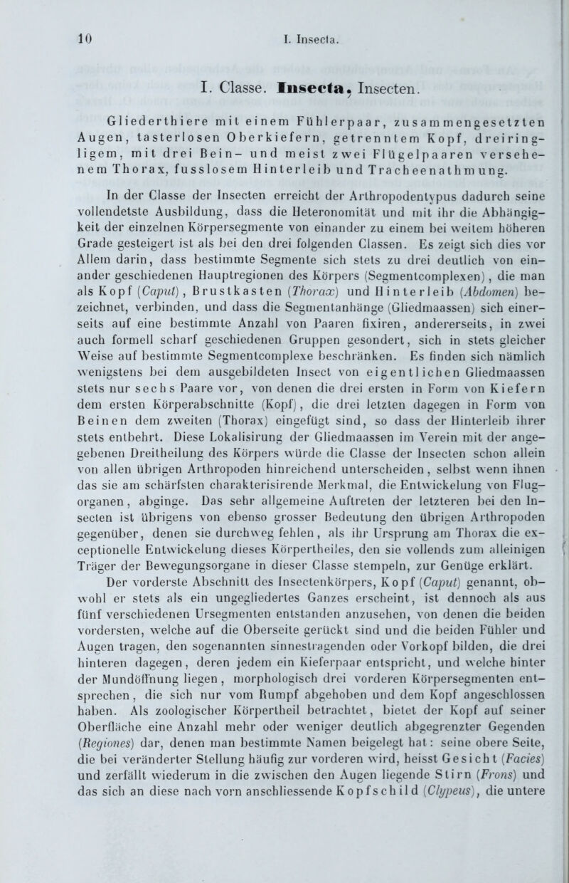 I. Classe. luseeta. Insecten. Gliederthiere mil einem Fühler paar, zusammengesetzten Augen, tasterlosen Oberkiefern, getrenntem Kopf, dreiring- ligem, mit drei Bein- und meist zwei Flügelpaaren versehe- nem Thorax, fusslosem Hinterleib und Trach eenathm ung. In der Classe der Insecten erreicht der Arthropodentypus dadurch seine vollendetste Ausbildung, dass die Heteronomität und mit ihr die Abhängig- keit der einzelnen Körpersegmente von einander zu einem bei weitem höheren Grade gesteigert ist als bei den drei folgenden Classen. Es zeigt sich dies vor Allem darin, dass bestimmte Segmente sich stets zu drei deutlich von ein- ander geschiedenen Hauptregionen des Körpers (Segmentcomplexen) , die man als Kopf (Caput), Brustkasten [Thorax] und Hinterleib [Abdomen) be- zeichnet, verbinden, und dass die Segnjentanhänge (Gliedmaassen) sich einer- seits auf eine bestimmte Anzahl von Paaren fixiren, andererseits, in zwei auch formell scharf geschiedenen Gruppen gesondert, sich in stets gleicher Weise auf bestimmte Segmentcomplexe beschränken. Es finden sich nämlich wenigstens bei dem ausgebildeten Insect von eigentlichen Gliedmaassen stets nur sechs Paare vor, von denen die drei ersten in Form von Kiefern dem ersten Körperabschnitte (Kopf), die drei letzten dagegen in Form von Beinen dem zweiten (Thorax) eingefügt sind, so dass der Hinterleib ihrer stets entbehrt. Diese Lokalisirung der Gliedmaassen im Verein mit der ange- gebenen Dreitheilung des Körpers würde die Classe der Insecten schon allein von allen übrigen Arthropoden hinreichend unterscheiden , selbst wenn ihnen das sie am schärfsten charakterisirende Merkmal, die Entwicklung von Flug- organen, abginge. Das sehr allgemeine Auftreten der letzteren bei den In- secten ist übrigens von ebenso grosser Bedeutung den übrigen Arthropoden gegenüber, denen sie durchweg fehlen, als ihr Ursprung am Thorax die ex- ceptionelle Entwickelung dieses Körpertheiles, den sie vollends zum alleinigen Träger der Bewegungsorgane in dieser Classe stempeln, zur Genüge erklärt. Der vorderste Abschnitt des Insectenkörpers, ¥.o\)i [Caput) genannt, ob- wohl er stets als ein ungegliedertes Ganzes erscheint, ist dennoch als aus fünf verschiedenen Ursegmenlen entstanden anzusehen, von denen die beiden vordersten, welche auf die Oberseite gerückt sind und die beiden Fühler und Augen tragen, den sogenannten sinnestragenden oder Vorkopf bilden, die drei hinteren dagegen, deren jedem ein Kieferpaar entspricht, und welche hinter der Mundöffnung liegen, morphologisch drei vorderen Körpersegmenten ent- sprechen , die sich nur vom Bumpf abgehoben und dem Kopf angeschlossen haben. Als zoologischer Körpertheil betrachtet, bietet der Kopf auf seiner Oberfläche eine Anzahl mehr oder weniger deutlich abgegrenzter Gegenden [Regiones) dar, denen man bestimmte Namen beigelegt hat: seine obere Seite, die bei veränderter Stellung häufig zur vorderen wird, heisst Gesicht [Facies) und zerfällt wiederum in die zwischen den Augen liegende Stirn [Fro7is) und das sich an diese nach vorn anschliessende K opfs ch il d [Chjpeus)^ die untere