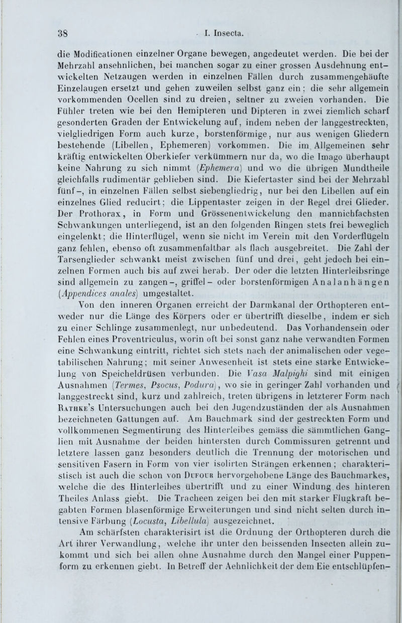 die Modificalionen einzelner Organe bewegen, angedeutet werden. Die bei der Mehrzahl ansehnlichen, bei manchen sogar zu einer grossen Ausdehnung ent- wickelten Netzaugen werden in einzelnen Fällen durch zusammengehäufte Einzelaugen ersetzt und gehen zuweilen selbst ganz ein: die sehr allgemein ' vorkommenden Ocellen sind zu dreien, seltner zu zweien vorhanden. Die Fühler treten wie bei den Hemipteren und Dipteren in zwei ziemlich scharf gesonderten Graden der Entwickelung auf, indem neben der langgestreckten, vielgliedrigen Form auch kurze, borstenförmige, nur aus wenigen Gliedern j bestehende (Libellen, Ephemeren) vorkommen. Die im Allgemeinen sehr kräftig entwickelten Oberkiefer verkümmern nur da, wo die Imago überhaupt keine Nahrung zu sich nimmt [Epheynera] und wo die übrigen Mundtheile gleichfalls rudimentär geblieben sind. Die Kiefertaster sind bei der iMehrzahl fünf-, in einzelnen Fällen selbst siebengliedrig, nur bei den Libellen auf ein einzelnes Glied reducirt; die Lippentaster zeigen in der Regel drei Glieder, j Der Prothorax, in Form und Grössenentwickelung den mannichfachsten ' Schwankungen unterliegend, ist an den folgenden Ringen stets frei beweglich eingelenkt; die Hinterflügel, wenn sie nicht im Verein mit den Vorderflügeln ganz fehlen, ebenso oft zusammenfallbar als flach ausgebreitet. Die Zahl der Tarsenglieder schwankt meist zwischen fünf und drei, geht jedoch bei ein- | zelnen Formen auch bis auf zwei herab. Der oder die letzten Hinterleibsringe sind allgemein zu zangen-, griffet - oder borstenförmigen Ana 1 a n h ä n ge n {Äppendices anales) umgestaltet. Von den inneren Organen erreicht der Darmkanal der Orthopteren ent- weder nur die Länge des Körpers oder er übertriff't dieselbe, indem er sich zu einer Schlinge zusammenlegt, nur unbedeutend. Das Vorhandensein oder Fehlen eines Proventriculus, worin oft bei sonst ganz nahe verwandten Formen eine Schwankung eintritt, richtet sich stets nach der animalischen oder vege- tabilischen Nahrung; mit seiner Anwesenheit ist stets eine starke Entwicke- lung von Speicheldrüsen verbunden. Die Vasa Malpighi sind mit einigen Ausnahmen {Termes, Psocus, Poduraj, wo sie in geringer Zahl vorhanden und | langgestreckt sind, kurz und zahlreich, treten übrigens in letzterer Form nach Rathke's Untersuchungen auch bei den Jugendzusländen der als Ausnahmen bezeichneten Gattungen auf. Am Bauchmark sind der gestreckten Form und I vollkommenen Segmentirung des Hinterleibes gemäss die sänuutlichen Gang- r lien mit Ausnahme der beiden hintersten durch Commissuren getrennt und 1 letztere lassen ganz besonders deutlich die Trennung der motorischen und j sensitiven Fasern in Form von vier isolirten Strängen erkennen ; charakteri- stisch ist auch die schon von Difour hervorgehobene Länge des Bauchmarkes, welche die des Hinterleibes übertrifft und zu einer Windung des hinteren Theiles Anlass giebt. Die Tracheen zeigen bei den mit starkei' Flugkraft be- gabten Formen blasenförmige Erweiterungen und sind nicht seilen durch in- tensive Färbung [Locusta, Lihellula) ausgezeichnet. Am schärfsten charaklerisirt ist die Ordnung der Orthopteren durch die 3 Art ihrer Verwandlung, welche ihr unter den beissenden Insecten allein zu- j kommt und sich bei allen ohne Ausnahme durch den Mangel einer Puppen- • form zu erkennen giebt. In Betreff der Aehnlichkeit der dem Eie entschlüpfen-