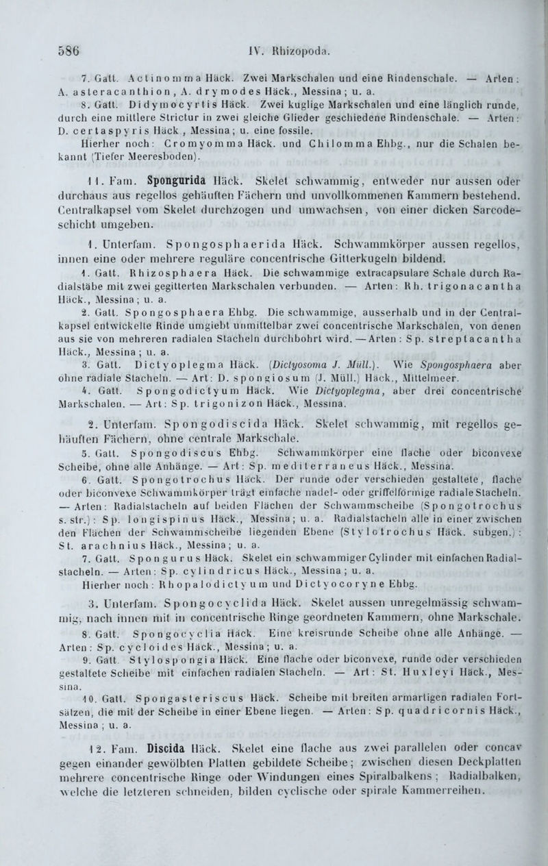7. Gatt. Ä c t in 0 m m a Hack. Zwei Markschalen und eine Rindenschale. — Arten: A. asteracanthion, A. drymodes Hack., Messina ; u, a. 8. Gatt. Didymocyrtis Hack. Zwei kuglige Markschalen und eine länglich runde, durch eine mittlere Strictur in zwei gleiche Glieder geschiedene Rindenschaie. — Arten: D. cer t a spy r i s Häck , Messina ; u. eine fossile. Hierher noch: C r o m y o m m a Häck. und Ch i 1 o m m a Ehbg., nur die Schalen be- kannt ^Tiefer Meeresboden). 11. Farn. Spongurida Häck. Skelet schwammig, entweder nur aussen oder durchaus aus regellos gehäuften Fächern und unvollkommenen Kammern bestehend. Gentraikapsel vom Skelet durchzogen und umwachsen, von einer dicken Sarcode- schicht umgeben. 1. Unlerfam. S p o n go s p h a er i d a Häck. Schwammkörper aussen regellos, innen eine oder mehrere reguläre concentrische Gitterkugeln bildend. 1. Gatt. Rhizosphaera Häck. Die schwammige extracapsulare Schale durch Ra- dialstäbe mit zwei gegitterten Markschalen verbunden. — Arten: R h. t r i go n a c a n t h a Häck., Messina ; u. a. 2. Gatt. Spongosphaera Ehbg. Die schwammige, ausserhalb und in der Gentral- kapsel entwickelte Rinde umgiebt unmittelbar zwei concentrische Markschalen, von denen aus sie von mehreren radialen Stacheln durchbohrt wird. —Arten : S p. streptaca n t h a Häck., Messina ; u. a. 3. Gatt. Dictyoplegma Häck. [Dictyosoma J. Müll.). Wie Spongosphaera aber ohne radiale Stacheln. —Art: D. spongiosum (J. Müll.) Häck., Mitlelmeer. 4. Gatt. Spongodictyum Häck. Wie Dictyoplegma, aber drei concentrische Markschalen. — Art: S p. t r i go n i z on Häck., Messma. 2. Unterfam. Spongodiscida Häck. Skelet schwammig, mit regellos ge- häuften Fächern, ohne centrale Markschale. 3. Galt. Spongodiscus Ehbg. Schwammkörper eine Hache oder biconvexe Scheibe, ohne alle Anhänge. — Art: Sp. m e d i t e r r a n e us Häck., Messina. 6. Gatt. S p 0 n go tr o c h u s Häck. Der runde oder verschieden gestaltete, flache oder biconvexe Schwammkörper tr ägt einfache iiadel- oder grifTelfönnige radiale Stacheln. — Arten: Radialslacheln auf beiden Flächen der Schwammscheibe (S p o n g o t r o c h u s s. str.) : Sp. longispinus Häck., Messina; u.a. Radialstacheln alle in einer'zwischen den Flächen der Schwammscheibe liegenden Ebene (S t y 1 c t r o c h u s Häck. subgen.) : St. ara c h n i u s Häck., Messina ; u. a. 7. Galt. S po n g u r u s Häck. Skelet ein schwammiger Cylinder mit einfachen Radial- stacheln. — Arten: Sp. cylin dricus Häck., Messina ; u. a. Hierher noch : R h o p a 1 o d i et y u m und D i cty o co r y n e Ehbg. 3. Unterfam. S p on g o c y c 1 i d a Häck. Skelet aussen unregelmässig schwam- mig, nach innen mit in concentrische Ringe geordneten Kammern, ohne Markschale. 5. Gatt. Spongocyclia Häck. Eine kreisrunde Scheibe ohne alle Anhänge. — Arten: Sp. cycloides Häck., Messina; u. a. 9. Gatt. Stylospongia Häck. Eine flache oder biconvexe, runde oder verschieden gestaltete Scheibe mit einfachen radialen Stacheln. — Art: St. Huxleyi Häck., Mes- sina. 10. Gatt. Spongasteriscus Häck. Scheibe mit breiten armartigen radialen Fort- sätzen, die mit der Scheibe in einer Ebene liegen. — Arten : Sp. quadricornis Häck., Messina ; u. a. 12. Farn. Discida Häck. Skelet eine flache aus zwei par^allelen oder concav gegen einander gewölbten Platten gebildete Scheibe; zwischen diesen Deckplatten mehrere concentrische Ringe oder Windungen eines Spiralbalkens ; Radialbalken, welche die letzleren schneiden, bilden cyclische oder Spirale Kammerreihen.