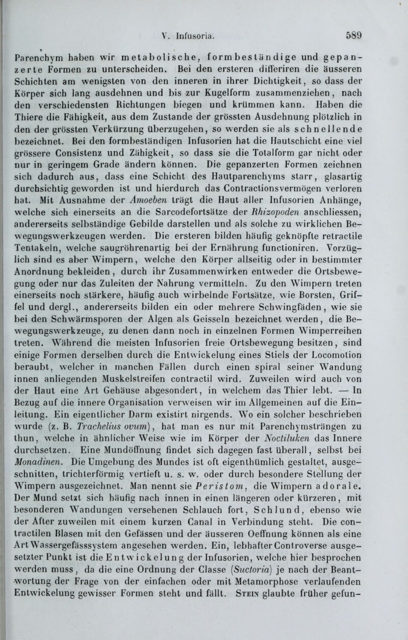 Parenchym haben wir metabolische, formbeständige und gepan- zerte Formen zu unterscheiden. Bei den ersteren differiren die äusseren Schichten am wenigsten von den inneren in ihrer Dichtigkeit, so dass der Körper sich lang ausdehnen und bis zur Kugelform zusammenziehen, nach den verschiedensten Richtungen biegen und krümmen kann. Haben die Thiere die Fähigkeit, aus dem Zustande der grössten Ausdehnung plötzlich in den der grössten Verkürzung überzugehen, so werden sie als schnellende bezeichnet. Bei den formbeständigen Infusorien hat die Hautschicht eine viel grössere Consistenz und Zähigkeit, so dass sie die Tolalform gar nicht oder nur in geringem Grade ändern können. Die gepanzerten Formen zeichnen sich dadurch aus, dass eine Schicht des Hautparenchyms starr, glasartig durchsichtig geworden ist und hierdurch das Contractionsvermögen verloren hat. Mit Ausnahme der Ämoeben trägt die Haut aller Infusorien Anhänge, welche sich einerseits an die Sarcodefortsätze der Rhizopoden anschliessen, andererseits selbständige Gebilde darstellen und als solche zu wirklichen Be- wegungswerkzeugen werden. Die ersteren bilden häufig geknöpfte retractile Tentakeln, welche saugröhrenartig bei der Ernährung functioniren. Vorzüg- lich sind es aber Wimpern, welche den Körper allseitig oder in bestimmter Anordnung bekleiden , durch ihr Zusammenwirken entweder die Ortsbewe- gung oder nur das Zuleiten der Nahrung vermitteln. Zu den Wimpern treten einerseits noch stärkere, häufig auch wirbelnde Fortsätze, wie Borsten, Grif- fel und dergl., andererseits bilden ein oder mehrere Schwingfäden, wie sie bei den Schwärmsporen der Algen als Geissein bezeichnet werden, die Be- wegungswerkzeuge, zu denen dann noch in einzelnen Formen Wimperreihen treten. Während die meisten Infusorien freie Ortsbewegung besitzen, sind einige Formen derselben durch die Entvvickelung eines Stiels der Locomotion beraubt, welcher in manchen Fällen durch einen spiral seiner Wandung innen anliegenden Muskelstreifen contractu wird. Zuweilen wird auch von der Haut eine Art Gehäuse abgesondert, in welchem das Thier lebt. — In Bezug auf die innere Organisation verweisen wir im Allgemeinen auf die Ein- leitung. Ein eigentlicher Darm existirt nirgends. Wo ein solcher beschrieben wurde (z. B. Trachelius ovum), hat man es nur mit Parenchymsträngen zu thun, welche in ähnlicher Weise wie im Körper der Noctüuken das Innere durchsetzen. Eine Mundöffnung findet sich dagegen fast überall, selbst bei Monadinen. Die Umgebung des Mundes ist oft eigenthümlich gestaltet, ausge- schnitten, trichterförmig vertieft u. s. w. oder durch besondere Stellung der Wimpern ausgezeichnet. Man nennt sie Peristom^ die Wimpern adorale. Der Mund setxt sich häufig nach innen in einen längeren oder kürzeren, mit besonderen Wandungen versehenen Schlauch fort, Schlund, ebenso wie der After zuweilen mit einem kurzen Canal in Verbindung steht. Die con- tractilen Blasen mit den Gefässen und der äusseren Oeffnung können als eine ArtWassergefässsystem angesehen werden. Ein, lebhafterControverse ausge- setzter Punkt ist die Entwickel un g der Infusorien, welche hier besprochen werden muss, da die eine Ordnung der Classe [Suctoria) je nach der Beant- w^ortung der Frage von der einfachen oder mit Metamorphose verlaufenden Entwickelung gewisser Formen steht und fällt. Stein glaubte früher gefun-