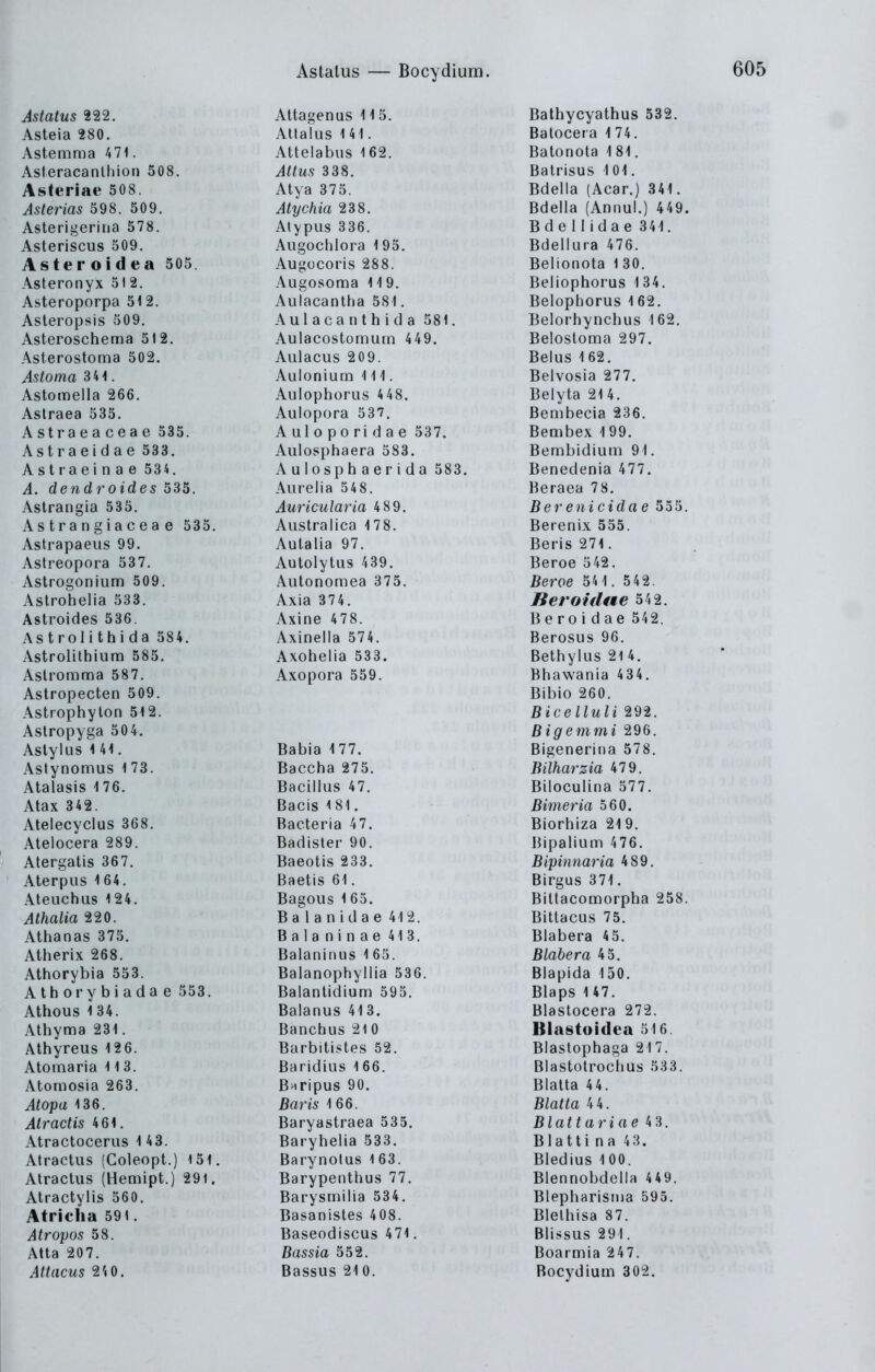 Astatus 222. Asteia 280. Astemma A71. Asteracanlhion 508. Asteriae 508. Asterias 598. 509. Asterigerina 578. Asteriscus 509. Asteroidea 505. Asteronyx 512. Asteroporpa 512. Asteropsis 509. Asteroschema 512. Asterostoma 502. Astoma 34i. Astomella 266. Astraea 535. Astraeaceae 535. Astraeidae 533. Astraeinae 534. A. dendroides 535. Astrangia 535. Astrangiaceae 535. Astrapaeiis 99. Astreopora 537. Astrogonium 509. Astrohelia 533. Astroides 536. Astrolithida 584. Astrolithium 585. Aslromma 587. Astropecten 509. Astrophylon 512. Aslropyga 504. Aslylus 141. Astynomus 1 73. Atalasis 176. Atax 342. Atelecyclus 368. Atelocera 289. Atergatis 367. Aterpus 1 64. Ateuchus 124. Athalia 220. Athanas 375. Atherix 268. Athorybia 553. Athorybiadae 553. Athous 1 34. Athyma 231. Athyreus 12 6. Atomaria 11 3. Atomosia 263. Atopa 136. Atractis 4 61. Atractocerus 14 3. Atractus (Coleopt.) 151. Atractus (Hemipt.) 291. Atractylis 560. Atricha 591. Atropos 58. Atta 207. Attacus 2'iO. AttagenQS 115. Dd Hl y uy d iij US oo£i. Auaiiis 1 'i 1. tjaiocei dl/'». Aiteia Dus 1 DZ. T)oJr>r>r>tQ A ü A Ddionoia 1 Ol. A 1/,*. f ODO AltUS 6oo. Dairibus IUI. d O 1 0. Dtlclld ^ACdl.j Ö11. Aiyctllu Zao. Rrtolla fAnniil ^ /•/• Q tSUcIld (AUilUl.j 'f'ty. i\l y [J Us ö ö 0 . DllclllUdc öHl. Aiigochlora 195. tJüeiiura 'i/o. Augucoris 288. rjeiionoia i dU. Augosoma 119. Beliophorus 134. Ol LI 1 ciCd ij 11Ju Oo 1 . AUldCdlliniUa dol. JjclUi Ii y IK^Il Iis lOZ. Aulacostomum 449. tseiosioma z\) t. Aulacus 209. tseius 1 oz. Aulonium III. rjeivosia z / /. Aulophorus 4 48. ijeiyia zi 4. Aulopora 537. jöemuecia zoo. Auloporidae 537. Demuex i yy. Aulosphaera 583. B e m b i d i u m 91. Anln<inhnpri<1n ^>SQ Rpnpripnin ä77 D eil CLIC II Id 1 4 . Aurelia 54 8. Beraea 78. Auviculai'ia 4 89. B67' 6 ni cida 6 555. Australica 178. Berenix 555. Auiaiia VI. dCI IS 2 /1 . AUlOlylLla Hoy. DclUC OfZ. Autonomea 375. Kf.A K f. 9 IS6T06 Oll. 0'f <ä . AXia a / 4. j߀t'OiflfM€ 542. Axme 4 / o. Berel dae 542. rVAliJclIa O 1 *i, RppAciic JjClUöLIS i/U, Axoneiia 000. Rat K IT 1 II c Q /4 /. Dem yi us /1 *. Axopora 559. Bhawania 4 34. DlDlO zoU. öiceiLuii zyz. B igenimi 296. n0L:0 Ann Bigeneriiia 578. DdCOIld Z / O. ifiinaTzta '»/y. Bacillus 47. Duocuima o / /. Ijiulij! Iii OOU« Bacteria 47. isiorniza zi y. Daciister »u. iJipaiium 4 /o. öaeotis 166. Bipinnaria 489. D rl C11 ö U 1 , Bagous 1 65. Bittacomorpha 258. Balanidae 412. Bittacus 75. Balaninae413. Blabera 45. Balaninus 165. Diaoara 'ao. Daianopnyiiia odo. Blapida 150. Dd Idll IIU lU III Ovo, Rinne A kl Dld pS 1 * / . Baianus 6. Diasiocera z/z. Dd IICIJ U» Z 1 U DldBlUlUcu 0 10. DuIUlllMcs OZ. RIoctr^T^Kono Q'17 DldalUpildgd ZI/. DdriUlLlS 100. Rl a cf nJ rn/i Ii n c K'X^ DldhlUlIÜCIllia Ooö. B^ripus 90, Didlld 4 4. DUl IS 10 0. Diana 4 4. Baryastraea 535. blatiariae M. Daryneiia oso. tsiaiti na 4.i. Barynoius ioo. Dieaius 1 uu. Barypenthus 77. Blennobdelia 4 49. Barysmilia 534. Biepharisma 595. Basanistes 408. Blelhisa 87. Baseodiscus 471. Blissus 291. Bassia 552. Boarmia 247. Bassus 21 0. Bocydium 302.