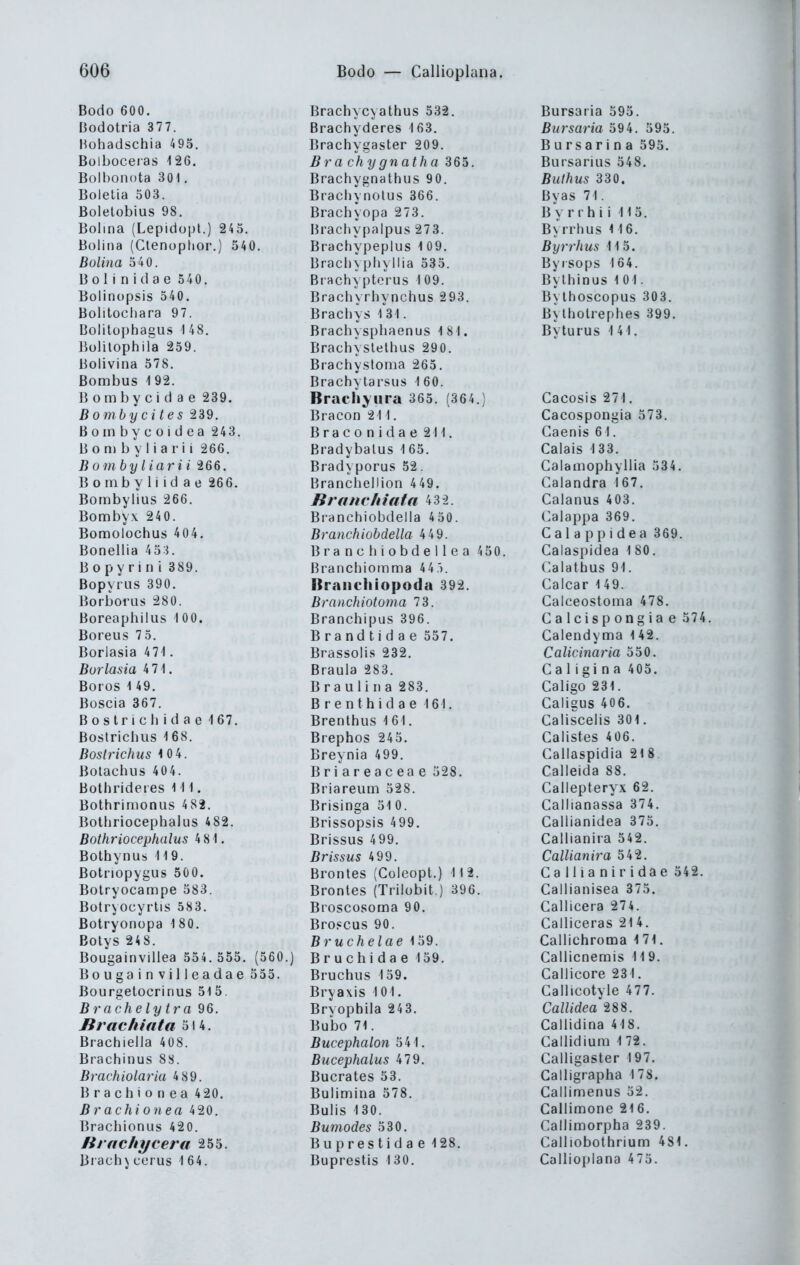 Bodo 600. Bodotria 377. Hohadschia 495. Bülboceias 126. Bolbonota 301. Boletia 503. Bolelobius 98. Bolina (Lepidopt.) 245. Bolina (Clenüplior.) 540. Bolina 540. B ol i n i d a e 5 40. Bolinopsis 540. Bolitochara 97. Bolilophagus I 48. Bolilophila 259. Bolivina 578. ßombus 192. Bombycidae 239. Bombycites 239. Bombycoidea 243. B o n) b y I i a r i i 266. Bombyiiarii 266. Boinby liid ae 26 6. Bombylius 266. Bombyx 24 0. Bomolochus 404. Bonellia 453. Bopyrin i 389. Bopyrus 390. Borboi-Lis 280. Boreaphilus 10 0. Boreus 7 5. Boriasia 471. Burlasia 4 71. Boros 149. Boscia 367. B o s tr i c Ji i d a c 1 67. Bostricbus 168. Bostrichus 10 4. Bolachus 404. Bolhrideies III. Bothrinionus 4 82. Bothriocephalus 4 82. Bothriocephalus 481. Bothynus 119. ßotnopygus 500. Botryocampe 583. Botrsocyrlis 583. ßotryonopa 1 80. Bolys 248. Bougainvdlea 554.555. (560.) Bougainvilleadae 555. Bourgelocrinus 513. Brachelytra 96. Brachifita 514. Brachiella 408. Brachinus 88. Brachiolaria 4 89. B r a c h i o n e a 4 20. B rachio n ea 4 20. Brachionus 420. BrHchycera 255. Brachi cerus 1 64. Brachyc>athus 532. Brachyderes 163. Brachygaster 209. Bra ch ygnath a 365. Brachygnalhus 90. Brachynolus 366. Brachyopa 2 73. Brachypalpus 273. Brachypeplus 1 09. Bracl)ypliyllia 535. Brachypterus 1 09. Brachyrhynchus 293. Brachys iZ\. Brachysphaenus 181. Brachyslelhus 290. Brachystoma 265. Brachytarsiis 1 60. Brach>iira 365. (364.) Bracon 211. B r a c 0 n i d a e 211. Bradybalus 165. Bradyporus 52. Branchellion 449. Branvhiata 432. Branchiobdella 450. Branchiübdella 449. B ra n c Ii i 0 bd e 11 e a 450. Branchiomma 44.'). Braiichiopoda 392. Branchiotoma 73. Branchipus 396. Brandtidae 557. Brassolis 232. Braula 283. Braulina 283. B rent hid ae 161. Brenthus 1 61. Brephos 245. Breynia 499. Briareaceae 528. Briareiim 528. Brisinga 51 0. Brissopsis 499. Brissus 499. Brissus 4 99. Brontes (Coleopt.) 112. Brontes (Trilobit.) 396. Broscosoma 90. Broscus 90. Bruchelae 159. B r u c h i d a e 159. Bruchus 159. Bryaxis 101. Brvophila 24 3. Bubo 71. Bucephalon 541. Bucephalus 479. Bucrates 53. Bulimina 578. Bulis 130. Bumodes 530. Buprestida e 128. Buprestis 130. Bursaria 595. Bursaria 594. 595. Bursarina 595. Bursariiis 548. Bulhus 330. ßyas 71. B \ r r h i i 115. Byrrhus 116. Byrrhus 115. Byrsops 164. Bythinus 1 01. Bylhoscopus 303. Bylhotrephes 399. Byturus 141. Cacosis 271. Cacospongia 573. Gaenis 6 I. Calais 133. Calamophyllia 534. Calandra 167. Calanus 403. Calappa 369. Calappidea 369. Calaspidea 180. Calathus 91. Caicar 149. Caiceostoma 478. Galcispongiae 574, Calendyma 142. Calicinaria 550. Caligina 405. Caligo 231. Caligus 406. Caliscelis 301. Calistes 406. Callaspidia 218 Calleida 88. Callepteryx 62. Callianassa 374. Callianidea 375. Callianira 542. Callianira 542. Ca Ilia nir idae 542. Callianisea 375. Callicera 274. Calliceras 214. Callichroma 171. Gallicnemis 119. Caliicore 231. Callicotyle 477. CalUdea^^88. Callidina 418. Callidium 1 72. Calligaster 197. Calligrapha 1 78. Callimenus 52. Caliimone 216. Callimorpha 239. Calliobothrium 481. Callioplana 475.