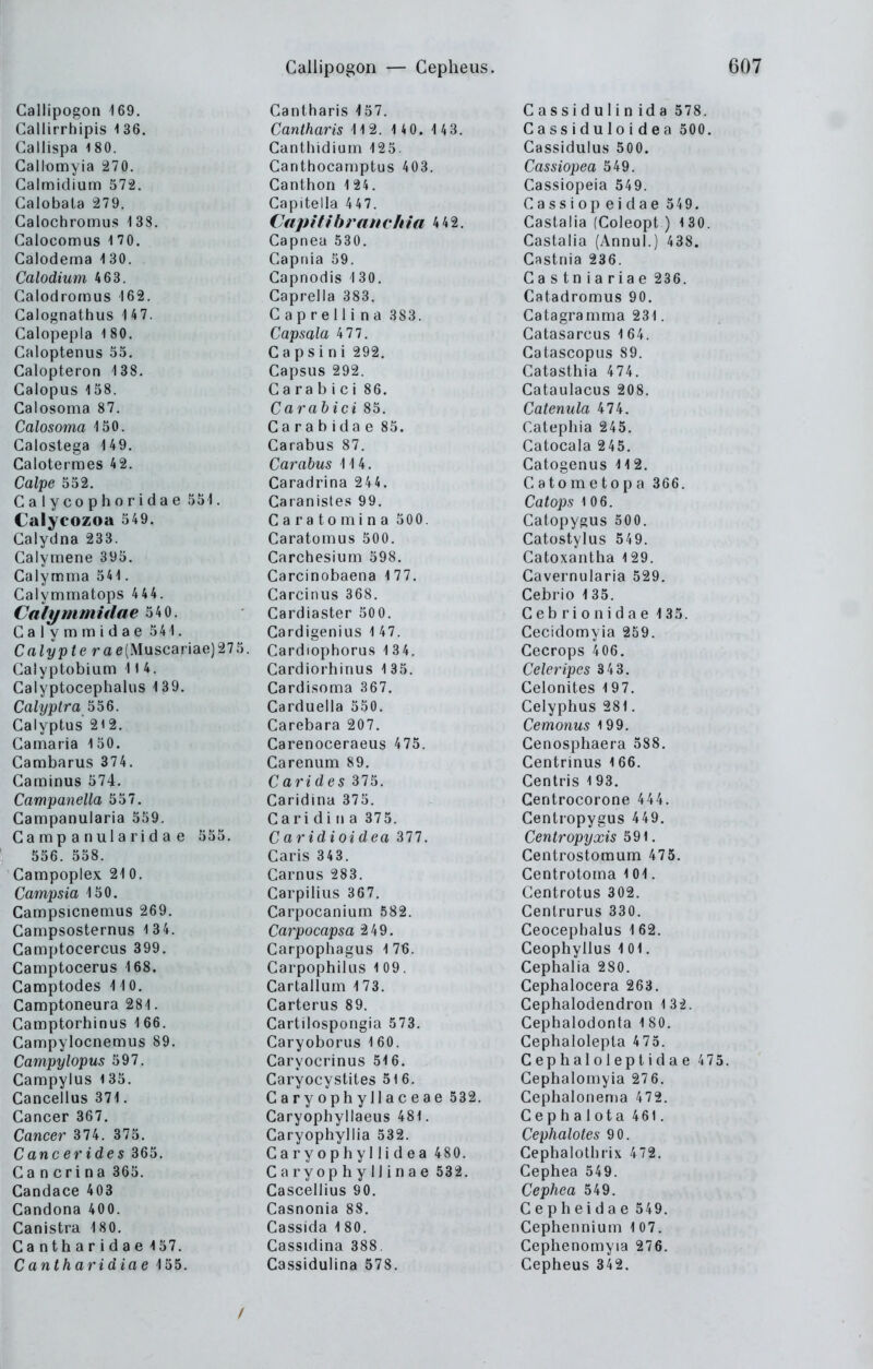 Callipogon 169. Callirrhipis 136. Gallispa 180. Callomyia 270. Calmidium 572. Calobala 279. Galochromus 138. Calocomus 170. Calodema 130. Calodium 463. Galodromus 162. Calognathus 147. Calopepla 180. Galoptenus 53. Calopteron 138. Galopus 158. Calosoma 87. Calosoma 150. Galostega 149. Calotermes 42. Calpe 552. Ga lycophoridae 551. Calycozoa 549. Calydna 233. Galymene 395. Galymma 541. Galymmatops 4 44. Calymmidae 54 0. G a 1 y m m i d a e 541. Crt/?/p<e rae(Muscariae)275. Galyptobium 114. Galyptocephalus 139. Calyptra 556. Galyptus 212. Gamaria 150. Gambarus 374. Gaminus 574. Campanella 557. Gampanularia 559. Gampanularidae 555. 556. 558. Gampoplex 210. Campsia 150. Campsicnemus 269. Gampsosternus 134. Gamptocercus 399. Gamptocerus 168. Gamptodes 110. Camptoneura 281. Gamptorhinus 1 66. Gampylocnemus 89. Campylopus 597. Gampylus 135. Gancellus 371. Gancer 367, Cancer 374. 375. Cancer ides 365. Ga n cri na 365. Candace 403 Gandona 400. Ganistra 180. Cantharidae 157. Cantharidiae 155. Gantharis 157. Cantharis 1 1 2. 1 4 0. 1 4 3. Canthidium 125. Ganthocaniptus 403. Ganthon 124. Capitella 447. Capilihranchia 4 42. Capnea 530. Gapriia 59. Capnodis 130. Cappella 383. Gaprelli na 383. Capsala 4 77. Capsi ni 292. Capsus 292. Carabici 86. Carabici 85. Garabidae 85. Garabus 87. Carabus 114. Caradrina 244. Gatanisles 99. Caratomina 500. Garatomus 500. Carchesium 598. Garcinobaena 177. Garclnus 368. Gardiaster 300. Gardigenius 1 47. Gardiophorus 1 34. Gardiorhinus 135. Gardisoma 367. Garduella 550. Garebara 207. Carenoceraeus 475. Garenum 89. Carides 375. Caridina 375. Gari di n a 375. Caridioidea 377. Garis 343. Garnus 283. Garpiliiis 367. Garpocanium 582. Carpocapsa 2 49. Garpophagus 1 76. Garpophilus l 09. Gartallum 173. Garterus 89. Gartilospongia 573. Garyoborus 1 60. Caryocrinus 516. Garyocystites 51 6. Gary ophyllaceae 532. Caryophyllaeus 481. Garyophyllia 532. Garyophyllidea 480. Garyophyllinae 532. Cascellius 90, Gasnonia 88. Gassida 1 80. Cassidina 388. Cassidulina 578. Gassidulin ida 578. Cassiduloidea 500. Gassidulus 500. Cassiopea 549. Cassiopeia 549. Cassiop eidae 549. Gaslalia (Coleopt ) 130. Castalia (Annul.) 438. Castnia 236. Gastniariae 236. Catadromus 90. Catagramma 231. Gatasarcus 1 64. Catascopus 89. Catasthia 474. Cataulacus 208. Catenula 474. Catephia 245. Catocala 245. Gatogenus 112. Gatometopa 366. Catops 106. Gatopygus 50 0. Catostylus 549. Catoxantha 129. Cavernularia 529. Cebrio 135. Cebrionidae 135. Cecidomyia 259. Cecrops 406. Celeripcs 3 43. Gelonites 197. Gelyphus 281. Cemonus 199. Cenosphaera 588. Centrinus 166. Centris 1 93. Gentrocorone 444. Centropygus 449, Centropyxis 591. Centrostoraum 475. Centrotoina 101. Centrotus 302. Genlrurus 330. Geocephalus 1 62. Geophyllus 101. Cephalia 280. Gephalocera 263. Cephalodendron 132. Gephalodonta 180. Cephalolepla 473. Cephaloleptidae 475. Gephalomyia 27 6. Cephalonenia 4 72. Gephalota 461. Cephalotes 90. Gephalothrix 472. Gephea 549. Cephea 549. Ceph eidae 549. Gephennium 1 07. Gephenomyia 276. Cepheus 342. /