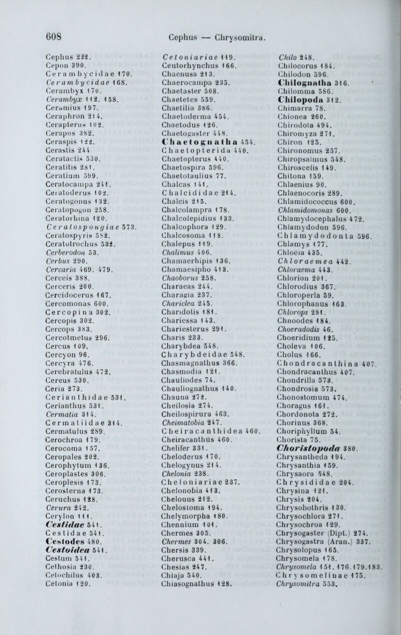 Gephus 222. Cepon 390. C e r a m b y c i (1 a e 4 70. Cerambycidae ■! 68. Ceraiubyx l7ü. Cerambyx 112. 158. Cerhmius 1 97. Ceraphron 2i 4. Cerapterus 1 U2. Cerapus 3S2. Ceraspis i22, Ceraslis 24 4 Ceratactis 530. Ceratitis 261. Ceratium 599. Ceratocampa 241. Ceiatüderus 1 025. Ceratogonus l 32. Ceiatop(»i;un 258. Ceratoiliina 120. Ceralospongiae 573. Ceratospyris 5:^2. Ceratütroclius 532. Cerberodoii 53. Cerbus 290. Cercaria 469. 479. Cerceis 388. Cerceris 200. Gercidocerus 1 67. Gercomonas GOO. Cercopi n a 302. Cercopis 302. Gercops 3X3. Gercotmetus 296. Cercus 1 09. Cercyon 96. Gercyra 476. Gerebiatulus 472. Gereus 530. Ceria 273. Geriaii t hidae 531. Cerianthus 531. Cermatia 314. Germ at iidae 3U. Germatulus 289. Gerochroa 1 79. Gerocoma i 57. Geropales 202. Gerophytum 136. Geroplastes 306. Geroplesis 1 73. Gerosterna 1 73. Geruchus 128. Cerura 242, Gerylon III. Cesfldae 541. Cestidae 54i. Cestodes 480. Cestoiflea 541. Cestum 541. Cefhosia 230. Getochilus 403. Cetonia 120. Cetoniariae 119. Ceutorhynchus 166. Ghaenusa 21 3. Ghaerocampa 235. Ghaetasler 508. Ghaetetes 559. Ghaetilia 386. Cliaetoderma 454. Ghaetodus 126. Ghaetogaster 448. Cliaetogiiatha 454. Ghaetopterida 440. Ghaetoplerus 440. Ghaetospira 596. Ghaetotaulius 77. Chalcas 141. G lialcidi dae 2U. Chaicis 215. Ghalcolampra 1 78. Chalcolepidius 133. Ghaicophora 1 29. Chalcosoma 11 8. Chalepus 11 9. Chalimus 4 06. Ghamaerhipis 1 36. Ghamaesipho 41 3. Chaoborus 258. Charaeas 244. Charaiiia 237. Chariclea 245. Gharidotis 181. Ghariessa 1 43. Ghariesterus 291. Gharis 233. Gharybdea 548. Charybdeidae 548. Ghasniagnathus 366. Ghasmodia 1 21. Ghauliodes 74. Ghauliognathus 140. Ghauna 272. Gheilosia 274. Gheilospirura 463. Cheimatobia 24 7. Gheiracanthidea 4 60. Gheiracanthüs 460. Ghelifer 331. Gheloderus l 70. Ghelogynus 21 4. Cfielonia 238. G h e 1 o n i a r i a e 237. Ghelonobia 418. Gbelonus 212. Ghelostoma 194. Chelymorpha 180. Chennium 1 01. Ghermes 305. Chermes 30 4. 306. Ghersis 339. Cheriisca 441. Cbesias 247. Chiaja 540. Ghiasognatbus 128. Chilo 248. Chdocorus 1 84. Ghilodon 596. Cliilogiiatlia 316. Chilomma 586. Chilopoda 312. Chimarra 78. Chionea 260. Gbiiodola 494. Chiromyza 2 71. Ghiron 125. Ghironomus 257. Ghiropsaluius 548. Chiroscelis 1 49. Gbitona 159. Chlaenius 90. Chiaenocoris 289. Chlamidococcus 600. Chlamidomonas 600. Chlamydocephalus 472. Chlamydodon 596. Ghlamydodonta 596. Chlamys 177. Chloeia 435. Chlor aemea 4 42. Chloraema 443. Chlorion 201. Chlorodius 367. Chloroperla 59. Chlorophanus 163. Chlorops 281. Ghnoodes 184. Choeradodis 46. Choeridiiim 125. Gholeva 106. Cholus 166. Chondracanthina 407. Chondracanlhiis 407. Chondrilla 573. Chondrosia 573. Ghonostomum 474. Choragus 161. Ghordonota 272. Chorinus 368. Choriphyllum 54. Chorista 75. Choristopoda 380. Ghrysanlheda 194. Chrysanthia 1 59. Chrysaora 548. Gh rysidida e 204. Ghrysina 121. Chrysis 204. Ghrysobothris 1 30. Ghrysochlora 271. Ghrysocbroa 129. Ghrysogaster (Dipt.) 274. Chrysogastra (Aran.) 337. Ghrysolopus 1 65. Ghrysomela 1 78. Chrysomela 1 51. 1 76.1 79.1 83. C h r y s o m e I i n a e 1 75. Chrysomitra 553.