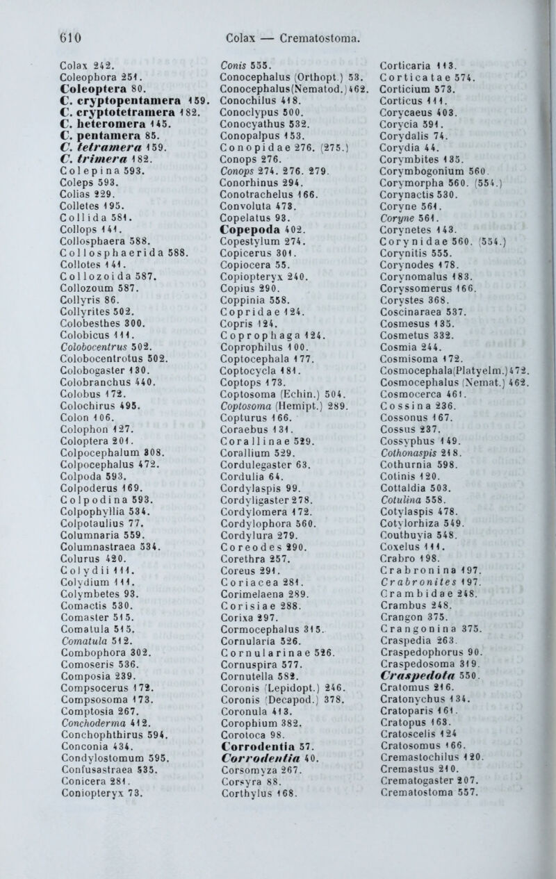 Colax 242. Coleophora 254. Coleoptera 80. C. cryptopentamera 4 59. C cryptotetramera 182. C. heteromera U5. C. pentamera 85. C, tetramera 4 59. C. trimera 4 82. Col ep i na 593. Coleps 593. Colias 229. Colletes 4 95. Coli ida 584 . Collops 4 44 . Collosphaera 588. Collosphaerida 588. Coüotes 4 44 . Col lozoi da 587. Collozoum 587. Collyris 86. Collyrites 502. Colobesthes 300. Colobicus 4 4 4 . Colobocentrus 502. Colobocentrotus 502. Colobogaster 4 30. Colobranchus 440. Colobus 172. Colochirus 495. Colon 4 06. Colophon 4 27. Coloptera 201. Colpocephaluni 808. Colpocephalus 472. Colpoda 593. Colpoderus 169. Colpodina 593. Colpophyllia 534. Colpotaulius 77. Columnaria 559. Coluninastraea 534. Colurus 420. Colydii 4 4 4 . Colydium III. Colymbetes 93. Comactis 530. Comaster 51 5. Coraalula 515. Comatula 512. Gombophora 302. Conioseris 536. Conaposia 239. Connpsocerus 1 72. Compsosoma 173. Comptosia 267. Conchoderma 412. Conchophthirus 594. Conconia 434. Condylostomum 595. Confusastraea 535. Conicera 281. Coniopteryx 73. Conis 555. Conocephalus (Orlhopt.) 53. Conocephalus(Nematod. 4 62. Conochilus 418. Conoclypus 500, Conocyalhus 532. Conopalpus 153. Conopidae 276. (275.) Conops 276. Conops ^11*. 276. 279. Conorhinus 294. Conotrachelus 4 66. Convoluta 473. Copelatus 93. Copepoda 402. Copestylum 274. Copicerus 301. Copiocera 55. Copiopteryx 240. Copius 290. Coppinia 558. Coprid a e 124. Copris 124. Coprophaga 124. Coprophilus 1 00. Coptocephala 4 77. Coptocycla 4 84 . Coptops 4 73. Coptosoma (Echin.) 504. Coptosoma (Hemipt.) 289. Copturus 4 66. Coraebus 1 31. Cora 11 i na e 529. Corallium 529. Cordulegaster 63. Cordulia 64. Cordylaspis 99. Cordyligaster 278. Cordylomera 1 72. Cordylophora 560. Cordylura 279. Coreodes 290. Corethra 257. Coreus 291. Goriacea 281. Corimelaena 289. Corisiae 288. Corixa 297. Cormocephalus 315. Cornularia 526. Cornularinae 526. Cornuspira 577. Cornutella 582. Coronis 'Lepidopt.) 246. Coronis ;Decapod.) 378. Coronuia 413. Corophiuna 382. Coroloca 98. Corrodentia 57. Corrof/e/iifa 40. Corsomyza 267. Corsyra 88. Corthyius 168. Gorticaria 113. Cortica tae 574. Corticium 573. Corticus 4 4 4 . Corycaeus 403. Corycia 594. Corydalis 74. Corydia 44. Corymbites 4 35. Corymbogonium 560. Corymorpha 560. (554.) Corynactis 530. Coryne 561. Coryne 564. Corynetes 4 43. Cory n i dae 560. '554.) Corynitis 555. Corynodes 4 78. Corynomalus 183. Coryssomerus 16 6. Corystes 368. Coscinaraea 537. Cosmesus 135. Cosmetus 332. Cosmia 244. Cosmisoma 172. Cosmocephala(PIatyelm.)472 Cosmocephalus ;Nemat.) 4 62 Cosnaocerca 461. Co ssi n a 236. Cossonus 1 67. COSSLIS 237. Cossypbus 1 49. Cothonaspis 21 8. Cothurnia 598. Colinis 120. Cottaldia 503. CotuUna 558. Cotylaspis 478. Cotylorhiza 549. Couthuyia 548. Coxelus III. Crabro 198. Crabronina 197. Cr abr onite s 197. Crambidae 248. Crambus 248. Crangon 375. Crangonina 375. Craspedia 263. Craspedophorus 90. Craspedosonaa 319. Craxpedota 550. Cratomus 216. Cralonychus 134. Cratoparis 4 61. Cratopus 163. Cratoscelis 124 Cratosomus 166. Cremastochilus 1 20. Cremastus 21 0. Crematogaster 207. Crematostoma 557.