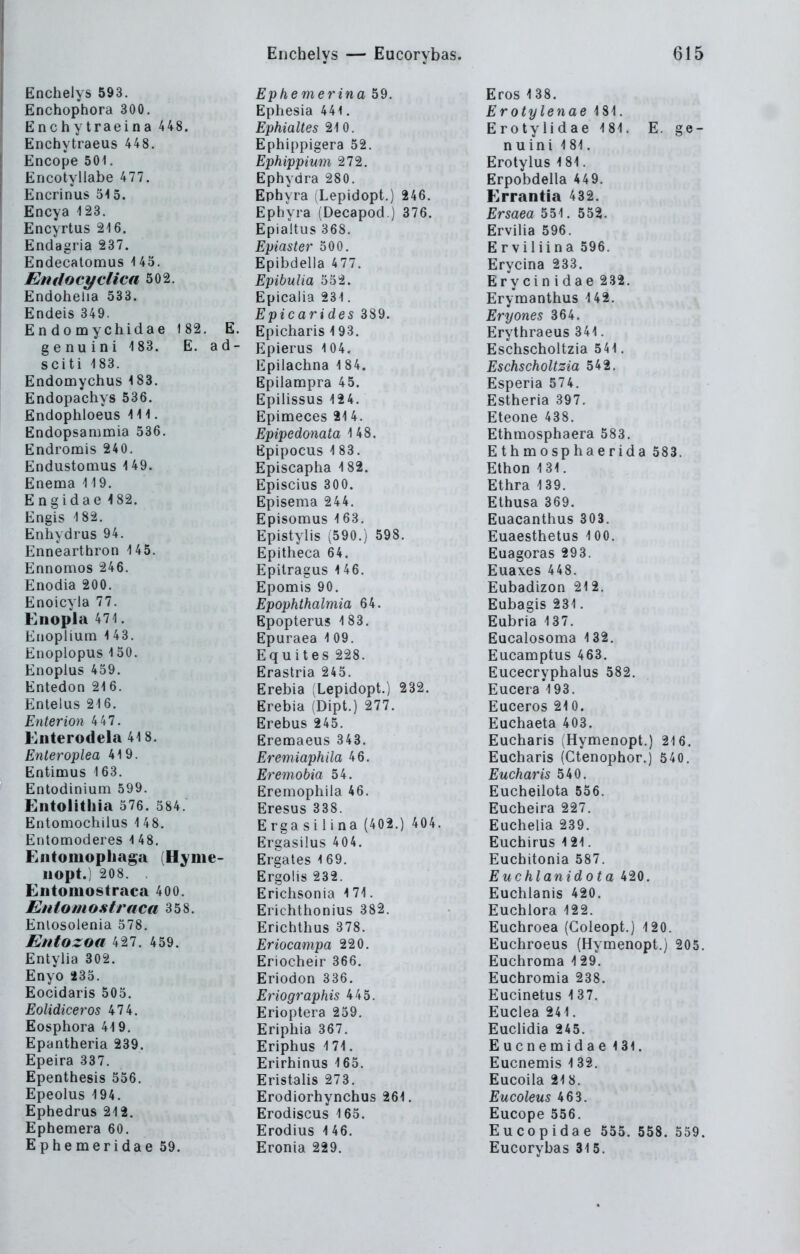 Enchelys 593. Enchophora 300. Enchytraeina 448. Enchytraeus 448. Encope 501. Encotyllabe 477. Encrinus 5^5. Encya 123. Encyrtus 216. Endagria 237. Endecatomus 145. Emlocyclica 502. Endohelia 533. Endeis 349. En do DQychidae 182. E. g e nu i n i 1 83. E. a d - sciti 183. Endomychus 183. Endopachys 536. Endophloeus III. Endopsammia 536. Endromis 240. Endiistomus 149. Enema 119. Engidae 182. Engis 182. Enhydrus 94. Ennearthron 145. Ennomos 246. Enodia 200. Enoicyla 77. Enopla 471. Eiioplium 1 43. Enopiopus 150. Enoplus 459. Entedon 216. Enteius 216. Enterion 447. liiiterodela 418. Enteroplea 419. Entimus 163. Entodinium 599. Entolithia 576. 584. Entomochilus 1 48. Entomoderes 1 48. Entomopliaga (Hyme- IlOpt.) 208. , Eiitoiuostraca 400. Entomostraca 358. Enlosolenia 578. Entozoa k^i. 459. Entylia 302. Enyo 235. Eocidaris 505. Eolidiceros 474. Eosphora 419. Epantheria 239. Epeira 337. Epenthesis 556. Epeolus 194. Ephedrus 212. Ephemera 60. Ephemeridae 59. Ephemerina 59. Ephesia 441. Ephialtes 210. Ephippigera 52. Ephippium 272. Ephydra 280. Ephyra (Lepidopt.) 246. Ephyra (Decapod.) 376. Epialtus 368. Epiaster 500. Epibdella 477. EpibuUa 552. Epicalia 231. Epicarides 389. Epicharis 193. Epierus 104. Epilachna 1 84. Epilampra 45. Epilissus 124. Epimeces 21 4. Epipedonata 148. Epipocus 1 83. Episcapha 182. Episcius 300. Episema 244. Eptsomus 163. Epistylis (590.) 598. Epitheca 64. Epitragus 146. Epomis 90. Epophthalmia 64. Epopterus 183. Epuraea 109. Equites 228. Erastria 245. Erebia (Lepidopt.) 232. Erebia (Dipt.) 277. Erebus 245. Eremaeus 343. Eremiaphila 46. Eremobia 54. Eremophila 46. Eresus 338. Ergasilina (402.) 404. Ergasilus 404. Ergates 169. Ergolis 232. Erichsonia 171. Erichthonius 382. Erichthus 378. Eriocampa 220. Eriocheir 366. Eriodon 336. Eriographis 445. Erioptera 259. Eriphia 367. Eriphus 171. Erirhinus 165. Eristalis 273. Erodiorhynchus 261. Erodiscus 165. Erodius 146. Eronia 229. Eros 138. Erotylenae 181. Erotylidae 181. E. ge- nuini 181. Erotylus 181. Erpobdella 449. Errantia 432. Ersaea 551. 552. Ervilia 596. Erviiiina 596. Erycina 233. Ery ein idae 232. Erymanthus 142. Eryones 364. Erythraeus 341. Eschscholtzia 541. Eschscholtzia 542. Esperia 574. Estheria 397. Eteone 438. Ethmosphaera 583. Ethmosphaerida 583. Ethon 131. Ethra 139. Ethusa 369. Euacanthus 303. Euaesthetus 100. Euagoras 293. Euaxes 448. Eubadizon 212. Eubagis 231. Eabria 137. Eucalosoma 132. Eucamptus 463. Eucecryphalus 582. Eucera'l93. Euceros 210. Euchaeta 403. Eucharis (Hymenopt.) 216. Eucharis (Ctenophor.) 540. Eucharis 540. Eucheilota 556. Eucheira 227. Euchelia 239. Euchirus 121. Eucbitonia 587. Euchlanidota 420. Euchlanis 420. Euchlora 122. Euchroea (Coieopt.) 120. Euchroeus (Hymenopt.) 205. Euchroma 1 29. Euchromia 238. Eucinetus 137. Euclea 241. Euclidia 245. Eucnemidae 131. Eucnemis 132. Eucoila 218. Eucoleus 463. Eucope 556. Eucopida e 555. 558. 559. Eucorybas 315.