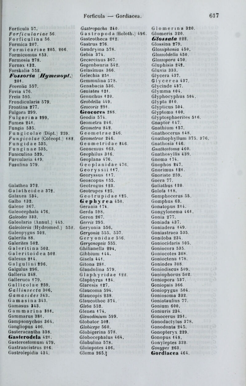 Forficulariae 56. Forficulina 56. Formica 207, Formicariae 205. 206. Formicomus 153. Formosia 278. Fornax 132. Forskalia 552. Fossoria [Hymenopt,) 201. Foveolia 557, Fovia 4 76. Freia 595. Frondicularia 579, Frontina 277. Fulgora 299. Fulgori n a 299. Fumea 241. Fungia 535. Fungicolae (Dipt.) 259. Fungicolae (Coleopt.) 182. Fun g i d a e 535. Fungi nae 535. Funiculina 529. Furcularia 419. Fusulina 579. Galathea 372. Galatheidea 372. Galaxea 534. Galba 132. Galene 367. Galeocephala 476. Galeodes 333. Galeolaria (Annul.) 443. Galeolaria (Hydromed.) 552. Galeopygiis 502. Galerita 88. Galerites 502. Galeritina 502. Galeritoidea 502. Galesus 214. Gal guli ni 296. GaJgulus 296. Galleria 248. Galleruca 1 79. Gallicolae 259. Gallinsecta 306. Gamasides 343. Gamasina 343. Gamasus 343. Gammarina 381. Gammarus 381. Gampsonychus 364. Gangliopus 406. Gasteracantha 338. Gasterodela 421. Gasterostomum 479. Gastrancistrus 216. Gaslrolepidia 43 4. Forficula — Gordiacea. G a s trop od a (Holoth.) 496. Gastrotheca 212. Gastrus 276. Gaudryina 578. Gebia 374. Gecarcinus 367. Gegenbauria 542. Gelasimus 366. Gelechia 25i. Geaimulina 578. Genabacia 536. Geniates 121. Genuchus 120. Geobdella 44 9. Geocoris 291. Geocores 288. Geodia 574. Geometra 246. Geometra 242. Geometrae 246. Geomeirae 246. Geometridae 246. Geonemus 163. Geophilus 316. Geoplana 476. Geo planidae 476. Geory s sii 117. Georyssus 11 7. Geoscopus 1 55. Geotrogus 123. Geotrupes 125. Geotrupidae 125. G epliy r ea 4 50. Gerania 1 74. Gerda 598. Geron 267. Gerris 295. Geryonia 556. Geryonia 555. 557. Geryonidae 5ö6. Geryonopsis 555. Ghilianella 294. Gibbium 1 44. Gisela 441. Gitona 281. Glandulina 579. Glaphyridae 122. Glaphyrus 124. Glaresis 127. Glaucoma 594. Glaucopis 238. Glaucothoe 374. Gieba 552. Glenea 174. Glenodinium 599. Globator 502. Globiceps 560. Globigerina 578. Globocepbalus 464. Globulina 578. Gloiopoles 406. Giema 265.1 Glomeris 320. Glossata 222. Glossina 279. Glossiphonia 450. Glossobdella 450. Glossopora 4 50. Gluphisia 242. Gluvia 333. Glycera 437. G lycer ea 437. Glycinde 437. Glymma 10 4. Glyphocyphus 504. Glypta 210. Glypticus 504. Glyptoma 100. Glyptospbaerites 51 fi. Gnaptbr 1 47. Gnathium 157. Gnathocerus 1 4 8. GnathophyDum 375. 3 Gnathosia 1 46. Gnathostoma 460. Gnathosyilis 439. Gnoma 1 74. Gnophos 247. Gnorimus 121. Gnoriste 259. Goera 77. Goiiathus 120. Golofa 118. Gomphocerus 55. Gomphus 63. Gonatopus 214. Gongylonema 4 61. Gonia 277. Goniada 437. Goniadera 149. Goniastraea 535. Goniloba 234. Goniocidaris 505. Goniocora 535. Goniocotes 308. Gonioctena 178. Goniodes 308. Goniodiscus 509. Goniophorus 502. Goniopora 537. Goniopsis 366 Goniopygus 504. Goniosoma 332. Goniotaulius 77. Gonium 600. Goniuris 234. Gonocerus 291. Gonodactylus 378. Gonodonta 245. Gonopteryx 229. Gonopus 148. Gonyleptes 332. Gonypes 263. Gordiacea 464.