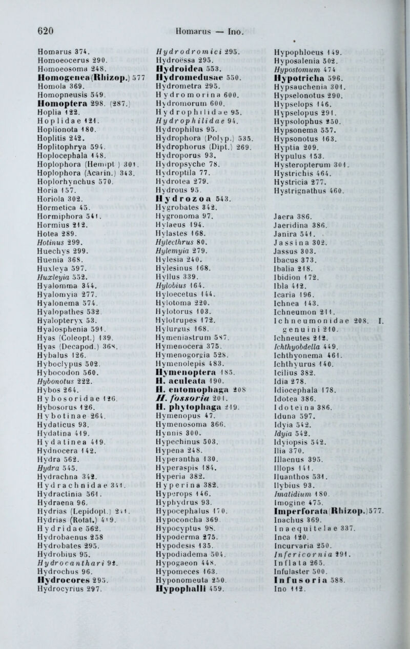 Homarus 374. Homoeocerus 290. Homoeosoma 248, llomogeiiea(Rliizop.) 577 Homola 369. Homopneusis 549. Uomoptera 298 (287. Hoplia 122. Hop 1 ida e 121. Hoplionota 180. Hoplitis 242. Hoplitophrya 594. Hoplocephala 148. Hoplophora (Hemipt ) 301. Hoplophora (Acarin.) 343. Hoplorhynchus 570. Horia 157. Horiola 302. Hormefica 45. Hormiphora 54». Hormius 212. Hotea 289. Hotinus 299. Huechys 299. Huenia 368. Huxleya 597. Huxleyia 552. Hyalomma 344. Hyalomyia 277. Hyalonema 574. Hyalopathes 532 Hyalopteryx 53. Hyalosphenia 591. Hyas (Coleopt.) 139. Hyas (Decapod.) 36s. Hybalus 126. Hybociypus 502. Hybocodon 560. Hybonotus 222. Hybos 264. Hybosoridae 126. Hybosorus 1 26. Hybotinae 264. Hydaticus 93. Hydatina 419. Hy d a tinea 419. Hydnocera 1 42. Hydra 562. Hydra 545. Hydrachna 342. Hydi achnidae 3 4 1. Hydractinia 561. Hydraena 96. Hydrias (Lepidopl.) 2.i. Hydrias (Rotat.) 4 «9. Hy d ri dae 562. Hydtobaenus 258 Hydrobates 295. Hydrobius 95. Hydrocanthari 9f. Hydrochus 96. Hydrocores 295. Hydrocyrius 297. Hydrodromici 295. Hydroessa 295. Hydroidea 553. HydroDiedusae 550. Hydrometra 295. H y d r 0 m o t i n a 600. Hydrotnorum 600. H y d r o p h 11 i d ;i e 95. Hy drophilidae 94. Hydrophilus 95. Hydrophora (Pol\p.! 535. Hydrophorus (Dipt.) 269. Hydroporus 93. Hydropsyche 78. Hydroptüa 77. Hydrotea 279. Hydrous 95. H y d r oz o a 54 3. Hygrobates 342. Hygronoma 97. Hylaeus 194. Hvlastes 168. Hylecthrus 80. Hylemyia 279. Hylesia 240. Hvlesinus 168. Hyllus 339. Hylobius 164. Hyloecetus 144. Hylotoma 220. Hylotorus 103. Hylotrupes 172. Hylurüus 168. Hymeniastrum 5S7. Hymenocera 375. Hymenogorsia 528. Hymenolepis 483. Hymenoptera 1S5. H. aculeata 190. H. eiitomopliaga 208 Jf. f'ossoriii 20 1. H. phytopliaga 2! 19. Hymenopus 4 7. Hymenosoma 366. Hynnis 300. Hypechinus 503. Hypena 24 8. Hyperantha 130. Hyperaspis 184. Hyperia 382. Hy pe ri na 382. Hyperops 1 46. Hyphydru.s 93. Hypocephalus 1' 0. Hypoconcha 369 Hypocyptus 98. Hypoderma 275. Hypodesis 1 35. Hypodiadema 504. Hypogaeon 44s. Hypomeces 163. Hyponomeuta 250. Hypoplialli 459. Hypophloeus 1 49. Hyposalenia 502. Hypostomum 47 4 Uypotricha 596. Hypsauchenia 301. Hypselonotus 290. Hypselops 146. Hvpselopus 291. Hypsolophus 250. Hypsonema 557. Hypsonotus 163. Hyptia 209. Hypulus 153. Hysteropterum 301. Hystrichis 464. Hystricia 277. Hystrignathu.s 460. Jaera 386. Jaeridina 386. Janira 541. Ja SS i n a 302. Jassus 303. Ibacus 373. Ibalia 218. Ibidion 172. Ibla 412. Icaria 196. Ichnea 143. Ichneumon 211. Ichneumonidae 208. I g e n u i n i 210. Ichneutes 212. Ichthyobdella 44 9. Ichthyonema 461. Ichthyurus 1 40. Icibus 382. Idia 278. Idiocephala 178. Idotea 386. Idoteina 386. Iduna 597. Idyia 542. Idyia 542. Idviopsis 542. Ilia 370. illaenus 395. Illops 141. Iluanthos 531. Ilybius 93. Imatidium 180. Imogine 475. Iniperforata Rhizop.)o77 Inachus 369. Inaequitelae 337. Inca 120. Incurvaria 250. Infer icornia 291. Infla ta 26 5. Infulaster 500. Infnsoria 588. Ino 112.