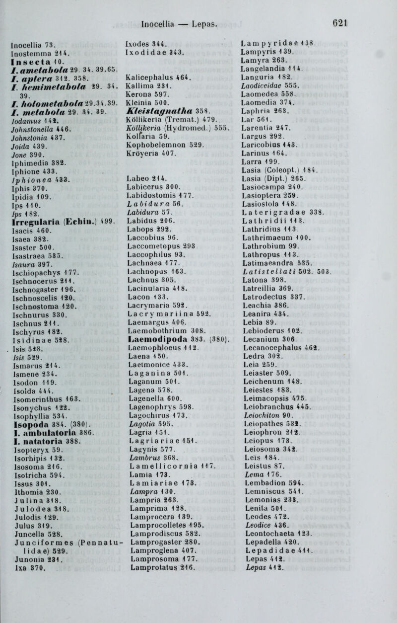 Inocellia — Lepas. 62t Inocellia 73. Inostemma 214. Insecta iO. I.ametabola^^ 34. 39.65 /. aptera 312 358. /. hemimetabola 29. 34. 39 /. holometabola^'d.^k I, metabola 29 34. 39 lodamus 142. Johnstonella 446. Johnstonia 437. Joida 439. Jone 390. Iphimedia 382. Iphione 433. Iphionea 433. Iphis 370. Ipidia 109. Ips 110. Ips 182. Irregularia (Echiii.) 499. Isacis 460. Isaea 382. Isaster 500. Isastraea 535. Isaura 397. Ischiopachys 177. Ischnocerus 211. Ischnogaster 196. Ischnoscelis 120. Ischnostoma 120. Ischnurus 330. Ischnus 211. Ischyrus 182. Isidinae 528. Isis 5i8. Isis 529. Ismarus 214. Ismene 234. Isodon 119. Isolda 444. Isomerinthus 163. Isonychus 122. Isophyllia 534. Isopoda 384. (380). I. ambulatoria 386. I. n<itatoria 388. Isopteryx 59. Isorhipis 1 32. Isosoma 216. Isotricha 594. Issus 301. Ithomia 230. J ulina 318. Julodea 318. Julodis 129. Julus 319. Juncella 528. Juncifornaes (Pennalu- lida e) 529. Junonia 231. Ixa 370. Ixodes 344. Ixodidae 343. Kalicephalus 464. Kailima 231. Kerona 597. Kleinia 500. Kleistaqnatha 358. Köiiikeria (Tremat.) 479. Köllikeria (Hydromed.) 555. KolTaria 59. Kophobeiemnon 529. Kröyeria 407. Labeo 214. Labicerus 300. Labidostomis i 11. Labidura 56. Labidura 57. Labidus 206. Labops 292. Laccobius 96. Laccometopus 293 Laccophilus 93. Lachnaea 177. Lachnopus 163. Lachnus 305. Lacinularia 418. Lacon i 33. Lacrymaria 592. Lacrymariina 592. Laemargus 406. Laemobothrium 308. Laemodipoda 383. (380). Laemophloeus 112. Laena 150. Laelmonice 433. L a g a n i n a 501. Laganum 501. Lagena 578. Lagenella 600. Lagenophrys 598. Lagochirus 173. Lagotia 595. Lagria 151. Lagriariae 151. Lagynis 577. Lambrus 368. Lamellicornia 117. Lamia 173. Lamiariae 173. Lampra 130. Lampria 263. Lamprima 128, Lamprocera 139. Lamprocolletes 195. Lamprodiscus 582. Lamprogaster 280. Lamproglena 407. Lamprosoma 177. Lamprotatus 216. L a m p y r i d a e 1 3 8. Lampyris 139. Lamyra 263. Langelandia 114. Languria 182. Laodiceidae 555. Laomedea 558. Laomedia 374. Laphria 263. Lar 561. Larenlia 247. Largus 292. Lancobius 4 43. Larinus 164. Larra 199. Lasia (Coleopt.) 184. Lasia (Dipt.) 265. Lasiocampa 240. Lasioplera 259. Lasiostola 1 48. Laterigradae 338. Lath ri dii 113. Lathridius 113 Lathrimaeum 100. Lathrobium 99. Lathropus 113. Latimaeandra 535. Latistellati 502. 503. Latona 398. Latreillia 369. Latrodectus 337. Leachia 386. Leanira 434. Lebia 89. Lebioderus 1 02. Lecanium 306. Lecanocephalus 462. Ledra 302. Leia 259. Leiaster 509. Leichenum 148. Leiestes 183. Leimacopsis 475. Leiobranchus 445. Leiochiton 90. Leiopathes 532. Leiophron 212. Leiopus 173. Leiosoma 342. Leis 184. Leislus 87. Lema 1 76. Lembadion 594. Lemniscus 541. Lemonias 233. Lenita 501. Leodes 472. Leodice 436. Leontochaeta 123. Lepadella 420. Lepadidae 41i. Lepas 412. Lepas 412.