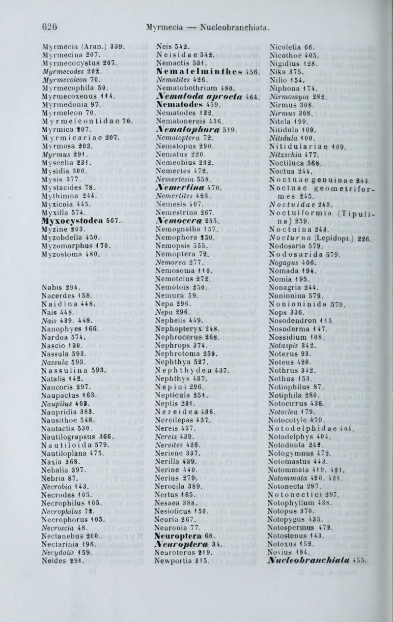 G26 Myrmecia — Nücleobranchiata. Mvrmecia (Aran.) 339. Myrmecina 207. Myrmecocystus 207. Myrmecodes 202. Myrmecoleon 70. Myrmecophila 50. Myrmecoxenus ^ 1 4. Myrrnedonia 97. Myrmeleon 70. My rmeleon tidae 7d. Myrmica 407. Myrmicariae 207. M\ rmosa 203. Myrmus 291. Myscelia 231. Mysidia 300. Mysis 37 7. Mystacides 78. Mythimna 244. Myxicola 445. Myxilla 574. Ulyxocystodea 567. .Myzine 203. Myzobdella 450. Myzomorphus 1 70. Myzostoma 480, Nabis 294. Nacerdes 158. Naid ina 448. Nais 448. Nais 4 39. 4 48. Nanophyes 166. Nardoa 574. Nascio 130. Nassula 593. Nassula 593. N a SS u 1 i n a 593. Natalis 142. Naucoris 297. Naupactus 163. Nauplius 403. Naupridia 383. Nausithoe 548. Nautactis 530. Nautilograpsus 366. Nautiloi da 579. Nautiloplana 475. Naxia 368. Nebalia 397. Nebria 87. Necrobia 143. Necrodes 1 05. Necrophilus 105. Nec7^ophilus 72. Necrophorus 1 05. Necroscia 48. Nectanebus 200. Nectarinia 196. Necydalis 1 59. Neides 291. Neis 54 2. N eisid a e 542. Nemactis 531. Neniatelmiiitlies 456. Nematites 426. Nemalobothrium 480. Seinaloda aprotta 464. ^'euiatode^ 459. Nematodes 132. Neinalonereis 436. A ematophora 519. Nemaloptera 72. Nemalopus 290. Nematus 220. Nemeobius 232. Nemertes 472. Nemertesia 558. jVemertina 470. Nemertites 4 26. Nemesis 407. Nemestrina 267. \emocera 255. Nemogiialha 1 57. Nemophora 250. Nemopsis 355. Nemoptera 72. Nemorea 211. Nemosoma 110. Nemoteius 272. Nemotois 230. Nemura 59. Nepa 296. Nepa 296. Nephelis 449. Nephopteryx 248. Nephrocerus 268. Nephrops 374. Nephrotoma 259. Nephthya 527. Nephthydea 437. Nephthys 437. Nep i n i 296. Neplicuia 251. Neptis 231. Ne reidea 436. Nereilepas 437. Nereis 437. Nereis 439. Nereites 426. Neriene 337. Nerilla 439. Nerine 440. Nerius 279. Nerocila 389. Nertus 165. Nesaea 388. Nesioticus 1 50. Neuria 267. Neuronia 77. ]\leiiroptera 68. \europtertt 3 4. Neuroterus 21 9. Newporlia 315. Nicoletia 66. Nicothoe 405. Nigidius 128. Nika 375. Nilio 154. Niphona 174. Nirmomyia 282. Nirmus 308. Nirmus 308. Nitela 199. Nilidula 109. Nitidula 100. Nitiduia ria e 109. Nitzschia 477. Noctiluca 568. Noctua 244. Noctuae genuinae 244 Noctua e geometrifor mes 245. Noctuidae 243. Noctuiformia (TipuJi na) 239. N 0 c t u i n a 243. Nocturna (Lepidopt.) 226 Nodosaria 579. Nodosarida 579. Nogagus 406. Noraada 194. Nornia 195. Nonagria 244. Nonionina 579. Nonioninida 579. Nops 336. Nosodendron i \ 5. Nosoderma i 47. Nossidium 108. Notaspis 3 42. Noterus 93. Noteus 420. Nothrus 342. Nothus 153. Notiophilus 87. Notiphila 280. Notocirrus 436. Notoclea 179. Notocolyle 479. Nolodelphidae 404. Notodelphys 404. Notodonta'242. Nologymnus 472. Nolomastus 443. Notommata 419. 421. Notommata 42 0. 421. Notonecta 297. No tonectici 297. Notophyllum 43s. Notopus 370. Notopygus 433. Notospermus 472. Notostenus 143. Notoxus 1 52. No\ius 184. ]\ncl€obranchia(a 435.