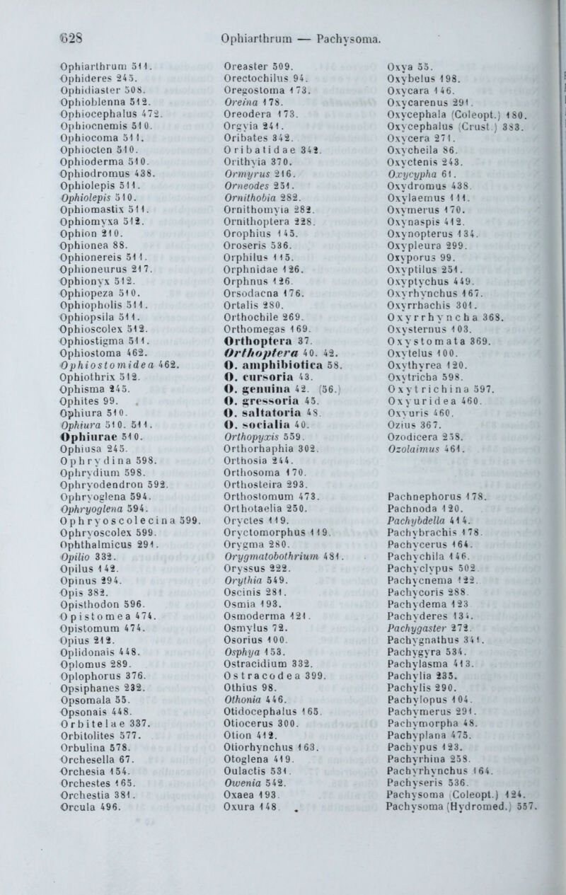 Ophiarthrum 5H. Ophideres 245. Ophidiaster 50S. Ophioblenna 512. Ophiocephalus 47-2. Opbiocnemis öl 0. Ophiocoma 511. Ophiocten 510. Ophioderma 510. Ophiodromus 438. Ophiolepis 511. Ophiolepis 310. Ophiomastix 3 H. Ophiomyxa 312. Ophion 210. Ophionea 88. Ophionereis 511. Ophioneurus 21 7. Opbionyx 312. Ophiopeza 310. Ophiopholis 511. Ophiopsila 511. Ophioscolex 512. Ophiostigma 511. Ophiostoma 462. Ophiostomidea 462. Ophiothrix 312. Ophisma 445. Ophites 99. Ophiura 510. Ophiura 310. 511. Ophiiirae 51 o. Ophiusa 245. Oph ry dina 598. Ophrydium 598. Ophryodendron 392. Ophryoglena 594. Ophryoglena 594. Ophryoscolecina 599. Ophryoscolex 599. Ophthalmicus 291. Opilio 332. Opilus 1 42. Opinus 294. Opis 382. Opisthodon 596. Opistomea 474. Opistomutn 474. Opius 212. Oplidonais 4 48. Oplomus 289. Oplophorus 376. Opsiphanes 232. Opsomala 55. Opsonais 448. Orbitelae 337. Orbitolites 577. Orbuliiia 578. Orchesella 67. Orchesia 154. Orchestes 165. Orchestia 381. Orcula 496. Oreaster 509. Orectochiliis 94. Oregostoma l 73. Oretna 178. Oreodera 173. Orgyia 241. Oribates 342. 0 ribatid ae 342. Orithyia 370. Ormyrus 216. Orneodes 2 31. Ornithobia 282. Ornithomyia 282. Ornilhoptera 228. Orophius 14 3. Oroseris 336. Orphilus 115. Orphnidae 126. Orphnus 1 26. Orsodacna 176. Ortalis 280. Orthochile 269. Orthomegas 1 69. Orthopifeia 37 Orthoptera 4 0. 42. O. amphibiotiea 58. O. ciirsoria 43. O. geimiiia 4 2 (56.) O. gressoria 45. O. saltatoria 48. O. !?oeiaIia 40. Orthopyxis 559. Orthorhaphia 302. Orthosia 244. Orthosoma 1 70. Orthosteira 293. Orthostomum 473. Orthotaelia 250. Oryctes 119. Oryctomorphus 119. Orygma 28 0. Orygmatohothrium 4 81. Oryssus 222. Orythia 549. Oscinis 281. Osmia 193. Osmoderma -121. Osmylus 72. Osorius 100. Osphya 153. Ostracidium 332. Ostracodea 399. Othius 98. Othonia 4 46. Otidocephalus 1 65. Otiocerus 300. Otion 412. Otiorhynchus 163. Otoglena 419. Oulactis 531. Owenia 542. Oxaea 193. Oxura 148 , Oxya 53. Oxybelus 198. Oxycara 14 6. Oxycarenus 291. Oxycephala (Coleopt.) 180. Oxycephalus .Grast.) 383. Oxycera 27 1. Oxycheila 86. Oxycteni.s 243. Oxycypha 61. Oxydromus 438. Oxylaemus III. Oxymerus 1 70. Oxynaspis 412. Oxynopterus 134. Oxypleura 299. Oxyporus 99. Oxyptilus 231. O.vyptychus 449. Oxyrhynchus 167. Oxyrrhachis 301. Oxyrrhyncha 368. Oxysternus 1 03. O.xVstomata 369. Oxytelus 10 0. Oxythyrea 1 20. Oxytricha 598. 0 X y t r i c h i n a 397. Oxyuridea 460. Oxvuris 460. Ozius 36 7. Ozodicera 238. Ozolaimus 461. Pachnephorus 178. Pachnoda 1 20. PachybdeUa 414. Pachybrachis 178. Pachycerus 164. Pachychila 146. Pachyclypus 502. Pachycnema 122. Pachycoris 288. Pachydema 123 Pachyderes 134. Pachygaster 272. Pachygnathus 341. Pachygyra 534. Pachylasma 413. Pachylia 235. Pachy Iis 2 90. Pachy lopus 1 04. Pachymeriis 291. Pachymorpha 48. Pacbyplana 475. Pachypus 123. Pachyrhina 258. Pachyrhyncbus l 64. Pachyseris 536. Pachysoma Coleopt.) 124. Pachysoma (Hydromed.) 357