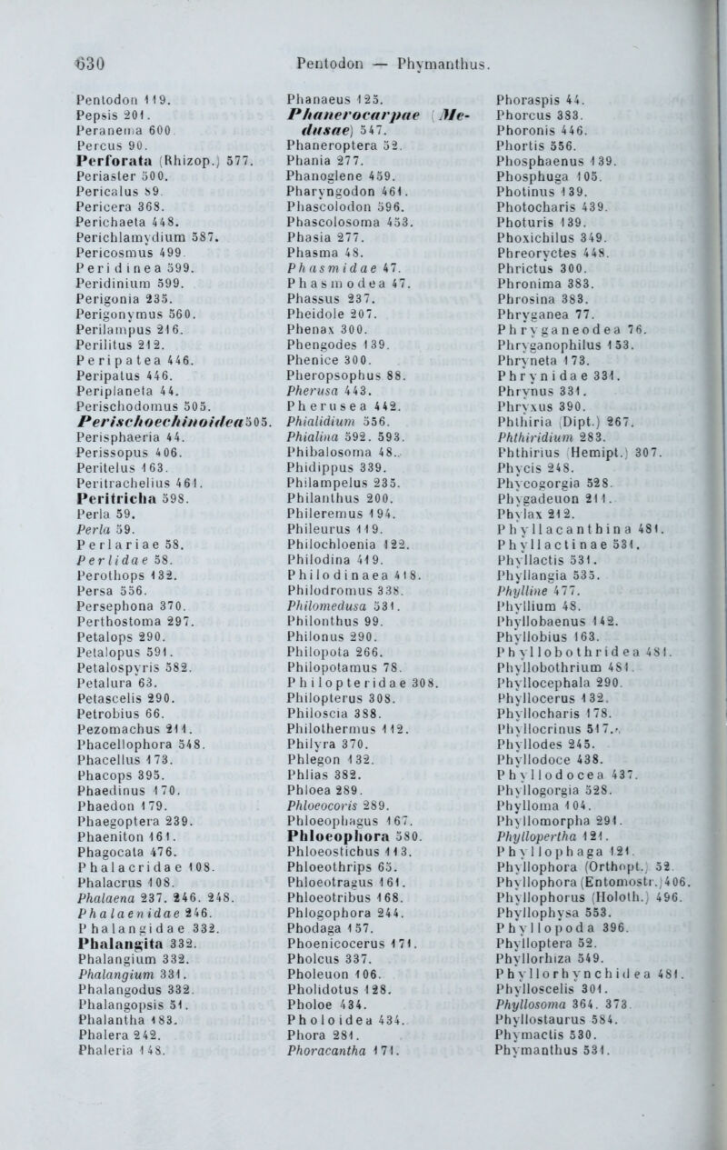 Penlodoü 119. Pepsis iO\. Peraneiiia 600 Percus 90. Perforata (Rhizop.y 577. Periasler 500. Pericalus S9. Pericera 368. Perichaeta 448. Perichlamydium 587. Pericosmus 499. P e r i d i n e a 599. Peridinium 599. Perigonia 235. Perigonymus 56 0. Perilampus 2 t 6. Perilitus 212. Peripatea 446. Peripalus 446. Periplaneta 44. Perischodomus 505. Perisch oech inoidca 505. Perisphaeria 44. Perissopus 406. Peritelus i63. PeritracheliLis 461. Peritricha 598. Perla 59. Perla 59. P e r 1 a r i a e 58. Perlidae 58. Perothops U2. Persa 556. Persephona 370. Perthostoma 297. Petalops 290. Pelalopus 591. Petalospyris 582. Petalura 63. Petascelis 290. Petrobius 66. Pezomachus 211. Phacellophora 548. Phacellus ^ 73. Phacops 395. Phaedinus 1 70. Phaedon 1 79. Phaegoptera 239. Phaeniton 161. Phagocala 476. Phalacridae 108. Phalacrus -108. Phalaena 237. 246. 248. Phalaenidae 246. P halangi da e 332. Pbalangita 332. Phalangiiim 332. Phalangium 331. Phalangodus 332. Phalangopsis 51. Phalantha 183. Phalera 242. Phaleria 1 48. Phanaeus 125. Phanerocarpae {I9Ie- ilttsae) 5 47. Phaneroptera 52. Phania 277. Phanoglene 459. Pharyngodon 461. Phascolodon 596. Phascolosoma 453. Phasia 277. Phasma 48. Phasmidae 47. P h a s Iii o d e a 4 7. Phassus 237. Pheidole 207. Phenax 300. Phengodes 1 39. Phenice 300. Pheropsophus 88. Pherusa 443. Pherusea 442. Phialidium 556. Phialina 592. 593. Phibalosoma 48.. Phidippus 339. Philampelus 235. Philanlhus 200. Phileremus 1 94. Phileurus 119. Philochloenia 122. Phiiodina 419. Philodinaea 418. Philüdromiis 338. Philomedusa 531. Philonthus 99. Philonus 290. Philopota 266. Philopotamus 78. P h i 1 0 p te rid a e 30 8. Pliilopterus 308. Philoscia 388. Philothernius 112. Philyra 370. Phlegon 132. Phlias 382. Phloea 289. Phloeocoris 289. Phloeophagus 167. Phloeophora 580. Phloeostichus 113. Phloeothrips 65. Phloeotragus 161. Phloeotribus 168. Phlogophora 244. Phociaga 157. Phoenicocerus 171. Pholcus 337. Pholeuon 106. Pholidotus 128. Pholoe 434. Pholo idea 434. Phora 281. Phoracantha 171. Phoraspis 44. Phorcus 383. Phoronis 446. Phortis 556. Phosphaenus 1 39. Phosphuga 105. Photinus 1 39. Photocharis 439. Photuris 139. Phoxichilus 349. Phreoryctes 448. Phrictus 300. Phronima 383. Phrosina 383. Phryganea 77. Phr\ ganeodea 76. Phrvganophilus 1 53. Phryneta 173. Phry n i da e 331. Phrvnus 331. Phryxus 390. Phlhiria Dipl.) 267. Phthiridium 283. Phthirius Hemipt.; 307. Phycis 2 4 8. Phycogorgia 528. Phvgadeuon 211. Phyfax 212. Phyllacanthina 481. PhyUactinae 531. Phyllactis 531. Phyllangia 535. Phylline 477. Phyllium 48. Phvllobaenus 14 2. Phyllobius 163. Ph\ Hob othr idea 48 1. Phyllobothrium 4SI. Phyllocephala 290. Phyllocerus 132. Phyllocharis 1 78. IMn llocrinus 51 7.-, Phyllodes 245. Phyllodoce 438. P h y 11 0 d o ce a 437. Phyllogorgia 528. Phylloma l 04. Phyllomorpha 291. Phyllopertha 121. Phyl lophaga 121. Phyllophora (Orthopt., 52 Phyllophora (Entoniosti., 406 Phvilophorus (Hololh.; 496. Phyllophysa 553. Phy 1 lopoda 396. PhyUoptera 52. Phyllorhiza 549. Phyllorhynchidea 481 Phylloscelis 301. Phyllosoma 364. 373. Phyllostaurus 584. Phymactis 530. Phvmanthus 531.