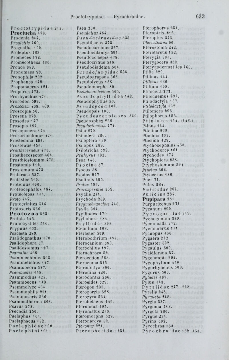Proctotrypidae 213, Procfiicba 47 0. Prodenia 24 4. Proglottis 469. Prognatha 100. Proleptus 463. Promeces 172. Promecolheca 1 SO. Pronoe 383. Pronomaea 98. Pronophila 232. Prophanes 149. Propomacrus i 21. Proporiis 473. Prorhynchus 471. Prorodon 593. Proscolex 468. 469. Proscopia 56. Prosena 278. Prosodes 1 47. Prosopis 194. Prosopocera 174. Prosorhochmus 471. Prostemma J94. Prostenus 151. Prostheceraeus 475. Prosthecosacter 464. Prosthioslomum 475. Proslomis 11 2. Prostomiim 473. Protaraea 537. Protasler 51 0. Proteinus 100, Proteocephalus 484. Proteolepas 414. Proto 4 47. Protocrinites 31 6. Protoseris 53G. Protozoa 363. Protula 443. Prunocystites 51 6. Prypnus 163. Psacasta 289. Psalidognatbus 1 70. Psalidophora 37. Psalidostumus 127. Psamatlie 438. Psaramechinus 303. Psammetichus 14 7. Psamnjocora 337, Psammodes 148. Psammodius i 25. Psammoecus 11 3. Psammolyce 4 34. Psammophila 201. Psammoseris 536. Psammotherma 203. Psarus 273. Psecadia 250. Pselaphiis 10 i. Pselaphacus 1 82. Pselaphidae 100. PselaphinilOl. Psen 200. Pseudalius 464. Pseuda str ae idae 535. Pseiidibacus 373. Pseudocarcinus 367. Pseudochlamys 591. Pseudocolaspis 1 78. Pseudocrinus 31 6. Pseudodiadema 504. Pseudofungidae 535. Pseudograpsus 366. Pseiidolycus 158. Pseudomorpha 89. Pseudonavicellae 365. Pse Lidop hyll i d ea 482. Pseudophyllus 53. Pseudopoda 402. Pseudopsis 1 00. Pseudoscorpiones 330. Pseudosphex 238. Pseudostomum 4 74. Psila 279. Psilodera 266. Psüoptera 130. Psilopus 269. Psilotricha 598. Psithyrus 192. Psoa 1 45. Ps 0 ein a 57. Psocus 58. Psodos 247. Psolinus 495. Psolus 496. Psorospermia 569. Psyche 241. Psychoda 259. Psygmobranchus 4 4 5. Psylla 304. Psyüiodes 179. Psyllobora 184. Psy 11 odes 30 3 Ptenidium 108. Pteraster 509. Plerobolhrium Pterocanium 583. Pterochilus 197. Pterochroza 52. Pterocüdon 583. Pterocoma 515. Pterodictya 300. Pterodina 420. Pterodontia 266. Pteroeides 529. Pterogon 235. Pterogorgia 528. Plerogyra 53 4. Pteroibelaeus 149. Pteroloma 105. Pteromalus 216. Pteromorpha 329. Pteronarcys 39. Pteronus 221. P t e r 0 p h o r i d a e 251. Pterophorus 251. Pleroptrix 216. Pteroptus 343. Pterostichus 90. Pterostoma 242. Pterotarsus 132. Pterygia 301. Pterygocera 382. Pterygodermatites 460. Ptilia 220. Ptilinus 1 44. Ptilinus 136. Ptilium 1 08. Pti'ocera 272. Ptilocnemus 294. Ptilodactyla 137. Ptilodactyla 132. Ptilomera 295. Ptilophorus 155. Ptin iores 1 44. (1 43.) Ptinus 1 44. Ptiolina 268. Ptochus 16 3. Ptosima 129. Ptychocephalus 460. Ptychoderes 161. Ptychodes 174. Ptychoptera 258. Ptychostomum 39 4. Ptyelus 302. Ptyocerus 136. Puer 71. Pulex 284. Pulicidae 284. Pulicina 284. Pupipara 281 Purpuricenus 171. Pycanum 290. Pycnogonidae 34 9. Pycnogonum 349. Pycnomalla 272. Pycnomerus i H . Pycnopus 16 6- Pygaera 242. Pygaster 502. Pygaulus 500. Pygidicrana 57. Pygolampis 294. Pygophyilum 4 40. Pygorhynchus 500. PygLirus 500. Pylades 107. Pylus 143. Pyralidae 247. 248. Pyralis 248. Pyrausta 24 8. Pyrgia 337. Pyrgoma 41 3. Pyrgota 280. Pyrgus 234. Pyrina 502. Pyrochroa 1 53. Pyrochroidae 1 52. 1 33.