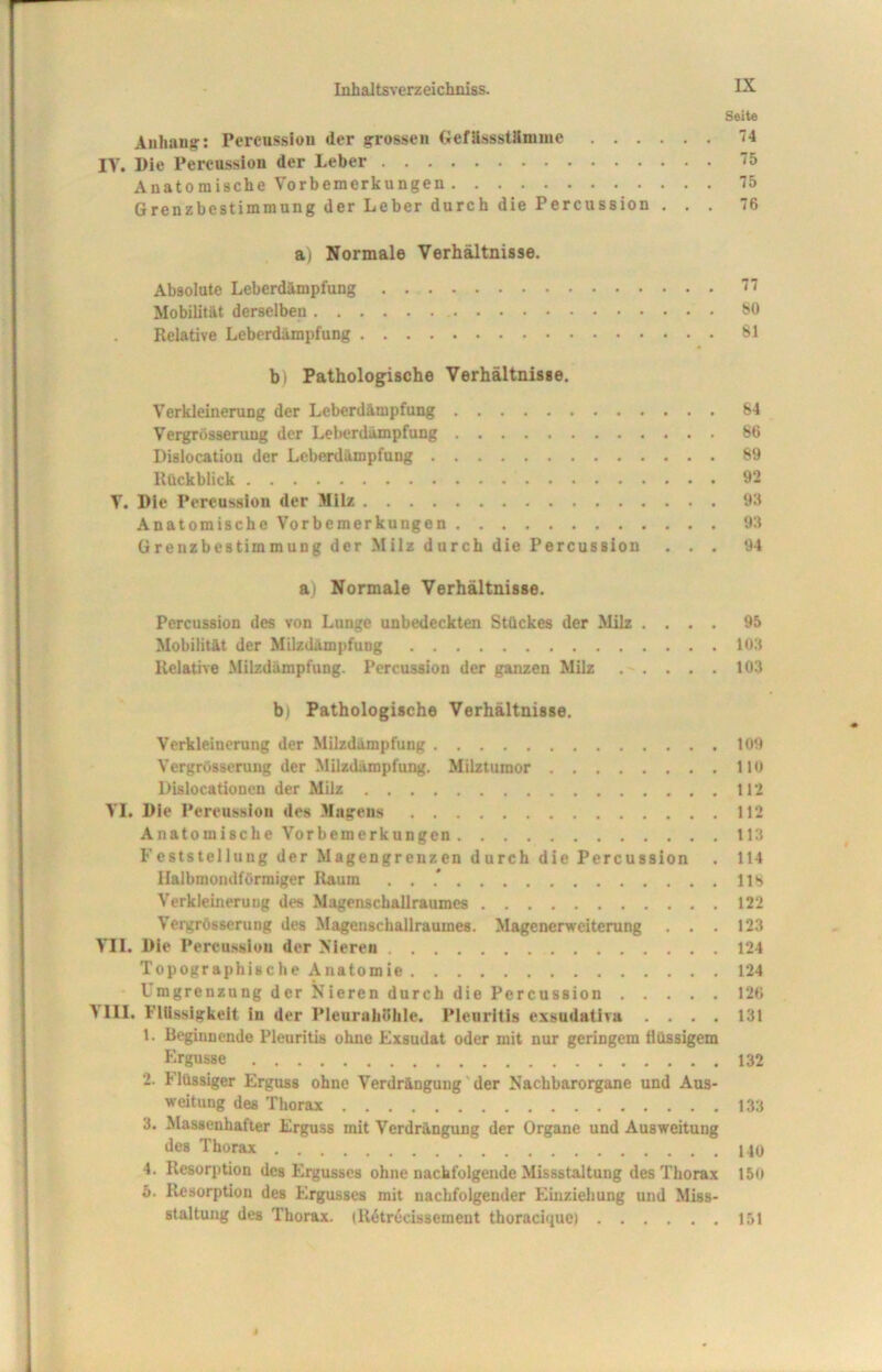 Seite Anhang: Percussion der grossen GefHssstämuie 74 IV. Die Percussion der Leber 75 Anatomische Vorbemerkungen 75 Grenzbestimmung der Leber durch die Percussion ... 76 a) Normale Verhältnisse. Absolute Leberdämpfung 77 Mobilität derselben 80 Relative Leberdämpfung 81 bi Pathologische Verhältnisse. Verkleinerung der Leberdämpfung 84 Vergrösserung der Leberdämpfung 86 Disloeatiou der Leberdämpfung 89 Rückblick 92 V. Die Percussion der Milz 93 Anatomische Vorbemerkungen 93 Grenzbestimmung der Milz durch die Percussion ... 94 a) Normale Verhältnisse. Percussion des von Lunge unbedeckten Stückes der Milz .... 95 Mobilität der Milzdämpfung 103 Relative Milzdämpfung. Percussion der ganzen Milz 103 bj Pathologische Verhältnisse. Verkleinerung der Milzdämpfung 109 Vergrösserung der Milzdämpfung. Milztumor 110 Dislocationen der Milz 112 VI. Die Percussion des Magens 112 Anatomische Vorbemerkungen 113 Feststellung der Magengrenzen durch die Percussion . 114 Halbmondförmiger Raum . . * 118 Verkleinerung des Magenschallraumes 122 Vergrösserung des Magenschallraumes. Magenerweiterung . . . 123 VII. Die Percussion der Nieren 124 Topographische Anatomie 124 Imgrenzung der Nieren durch die Percussion 126 > III. Flüssigkeit in der Pleurahöhle. Pleuritis exsudativa .... 131 1. Beginnende Pleuritis ohne Exsudat oder mit nur geringem flüssigem Ergüsse 132 2. Flüssiger Erguss ohne Verdrängung der Nachbarorgane und Aus- weitung des Thorax 133 3. Massenhafter Erguss mit Verdrängung der Organe und Ausweitung des Thorax 140 4. Resorption des Ergusses ohne nachfolgende Missstaltung des Thorax 150 5. Resorption des Ergusses mit nachfolgender Einziehung und Miss- staltung des Thorax. (Rötrecissement thoracique) 151