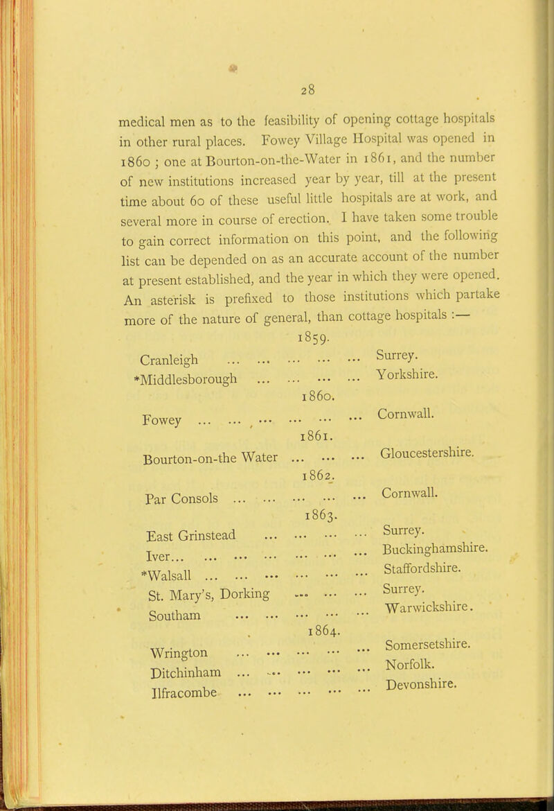 medical men as to the feasibility of opening cottage hospitals in other rural places. Fowey Village Hospital was opened in i860 ; one at Bourton-on-the-Water in 1861, and the number of new institutions increased year by year, till at the present time about 60 of these useful little hospitals are at work, and several more in course of erection. I have taken some trouble to gain correct information on this point, and the following list can be depended on as an accurate account of the number at present established, and the year in which they were opened. An asterisk is prefixed to those institutions which partake more of the nature of general, than cottage hospitals :— 1859. Cranleigh *Middlesborough i860. Fowey ^ 1861. Bourton-on-the Water ... ... i862_. Par Consols 1863. East Grinstead Iver *Walsall St. Mary's, Dorking Southam 1864. Wrington Ditchinham ... Ilfracombe ... Surrey. ... Yorkshire. ... Cornwall. ... Gloucestershire. ... Cornwall. ... Surrey. ... Buckinghamshire. ... Staffordshire. ... Surrey. Warwickshire, ... Somersetshire. ... Norfolk. Devonshire.