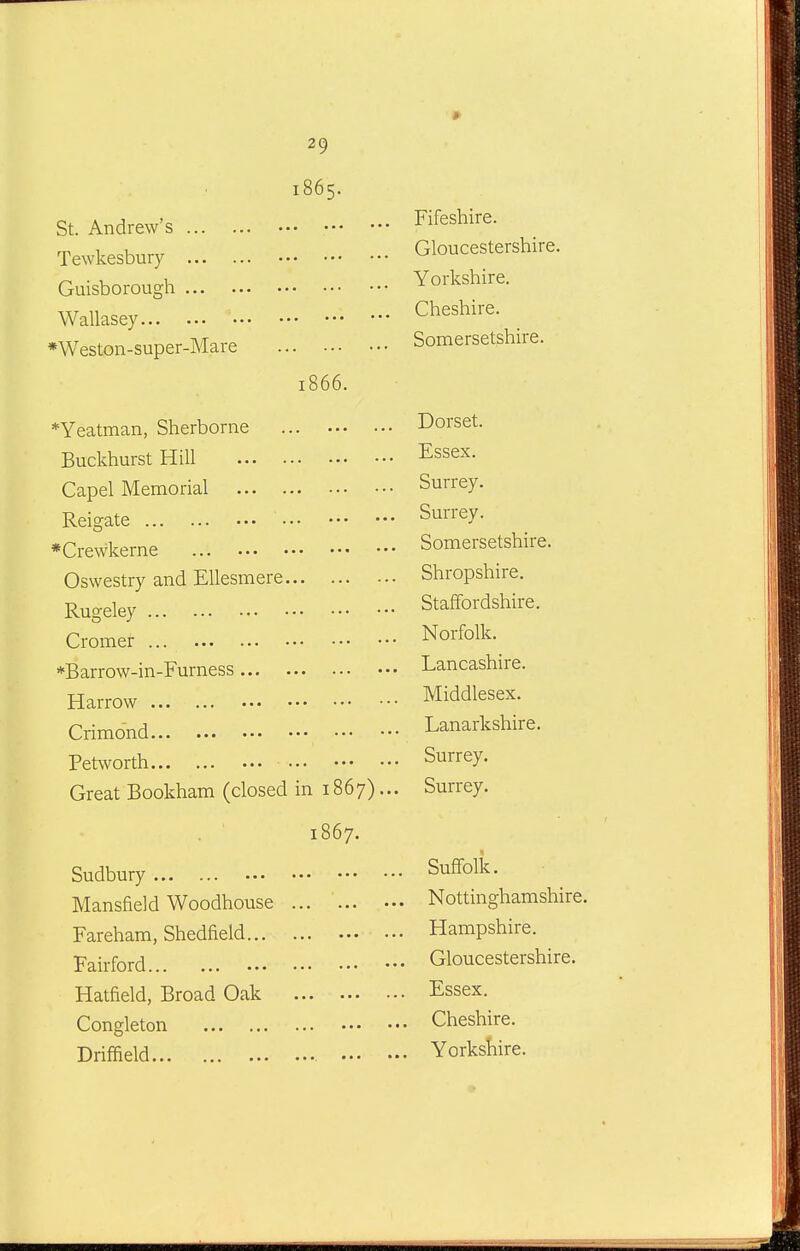 1865. St. Andrew's Tewkesbury Guisborough Wallasey *Weston-super-Mare 1866. *Yeatmaii, Sherborne • Buckhurst Hill Capel Memorial Reigate *Crewkerne Oswestry and Ellesmere Rugeley Cromer *Barrow-in-Furness Harrow Crimond Petworth Great Bookham (closed in 1867).. . ■ 1867. Sudbury Mansfield Woodhouse ... ... • Fareham, Shedfield Fairford Hatfield, Broad Oak Congleton Driffield Fifeshire. Gloucestershire. Yorkshire. Cheshire. Somersetshire. Dorset. Essex. Surrey. Surrey. Somersetshire. Shropshire. Staffordshire. Norfolk. Lancashire. Middlesex. Lanarkshire. Surrey. Surrey. Suffolk. Nottinghamshire. Hampshire. Gloucestershire. Essex. Cheshire. Yorkshire.