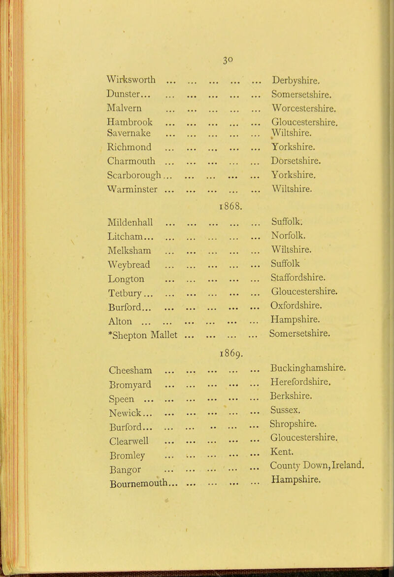 Wirksworth Dunster Malvern Hambrook Savernake Richmond Charmouth Scarborough Warminster Mildenhall Litcham Melksham Weybread Longton Tetbury Burford Alton *Shepton Mallet ... Cheesham Bromyard Speen Newick Burford Clearwell Bromley Bangor Bournemouth 30 Derbyshire. Somersetshire. Worcestershire. Gloucestershire. Wiltshire. Yorkshire. Dorsetshire. Yorkshire, Wiltshire. 1868. Suffolk, Norfolk, Wiltshire. Suffolk Staffordshire, Gloucestershire. Oxfordshire. Hampshire. Somersetshire. 1869. Buckinghamshire. Herefordshire. Berkshire. Sussex. Shropshire. Gloucestershire. Kent. County Down, Ireland. Hampshire.