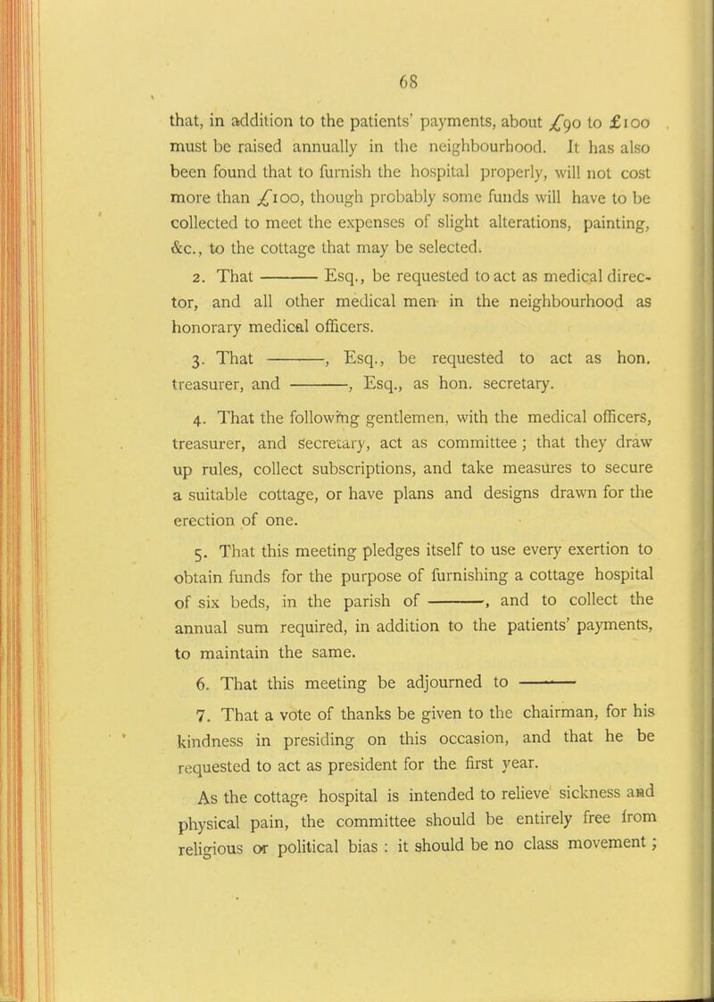 that, in addition to the patients' payments, about j[()o to £ i oo must be raised annually in the neighbourhood. It has also been found that to furnish the hospital properly, will not cost more than ;^ioo, though probably some funds will have to be collected to meet the expenses of slight alterations, painting, &c., to the cottage that may be selected. 2. That Esq., be requested to act as medical direc- tor, and all other medical men in the neighbourhood as honorary medical officers. 3. That , Esq., be requested to act as hon, treasurer, and , Esq., as hon. secretary. 4. That the followitig gentlemen, with the medical officers, treasurer, and Secreiary, act as committee ; that they draw up rules, collect subscriptions, and take measures to secure a suitable cottage, or have plans and designs drawn for the erection of one. 5. That this meeting pledges itself to use every exertion to obtain funds for the purpose of furnishing a cottage hospital of six beds, in the parish of , and to collect the annual sum required, in addition to the patients' payments, to maintain the same. 6. That this meeting be adjourned to 7. That a vote of thanks be given to the chairman, for his kindness in presiding on this occasion, and that he be requested to act as president for the first year. As the cottage hospital is intended to relieve sickness aad physical pain, the committee should be entirely free from religious (x political bias : it should be no class movement;