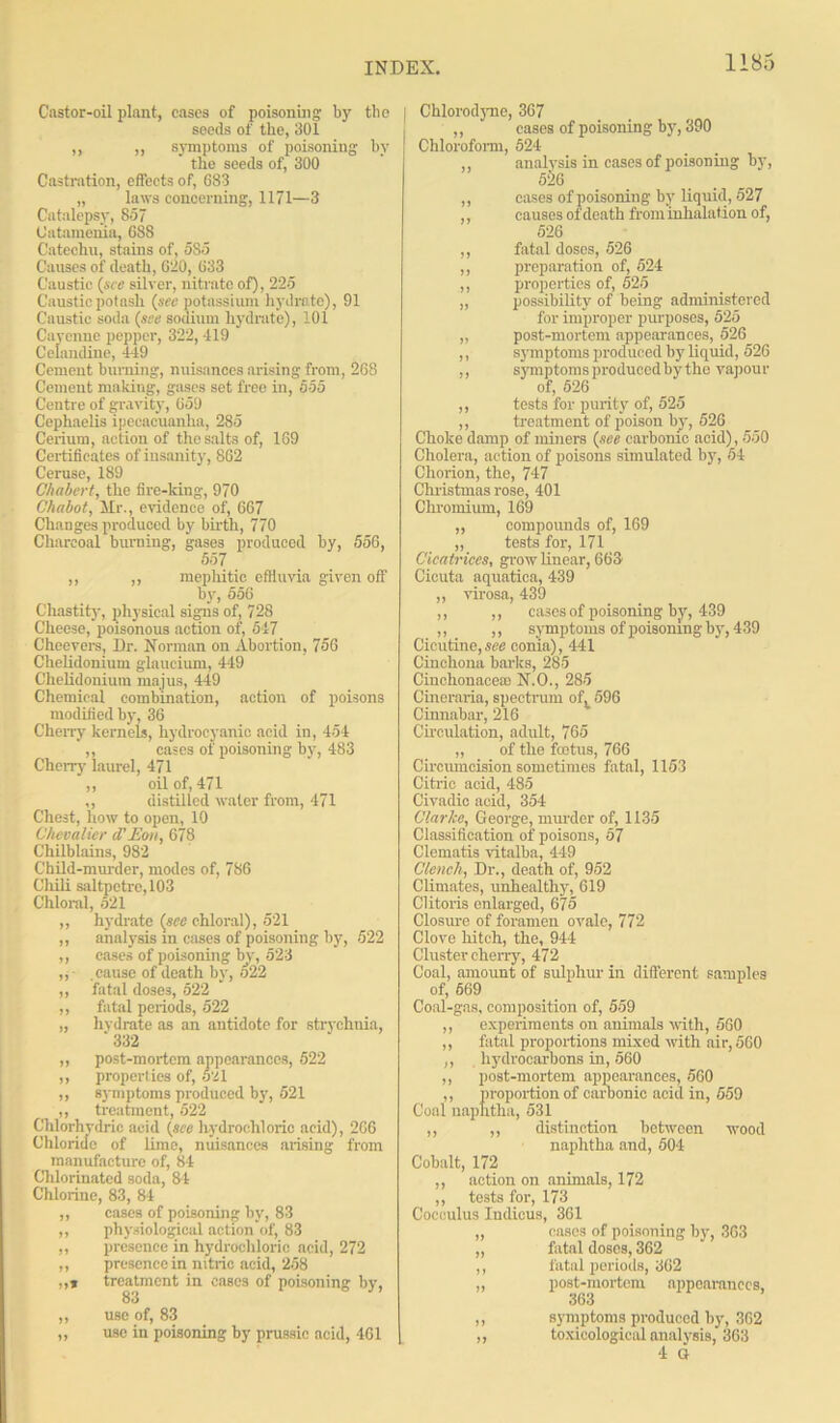 Castor-oil plant, cases of poisoning' by the seeds of the, 301 ,, ,, symptoms of poisoning by the seeds of, 300 Castration, effects of, 6S3 „ laws concerning, 1171—3 Catalepsy, 857 Catamenia, 688 Catechu, stains of, 585 Causes of death, 620, 633 Caustic {see silver, nitrate of), 225 Caustic potash {see potassium hydrate), 91 Caustic soda {see sodium hydrate), 101 Cayenne pepper, 322,419 Celandine, 449 Cement burning, nuisances arising from, 268 Cement making, gases set free in, 555 Centre of gravity, 659 Cephaelis ipecacuanha, 285 Cerium, action of the salts of, 169 Certificates of insanity, 862 Ceruse, 189 Chabcrt, the fire-king, 970 Chabot, Mr., evidence of, 667 Changes produced by birth, 770 Charcoal burning, gases produced by, 556, 557 ,, ,, mephitic effluvia given off by, 556 Chastity, physical signs of, 728 Cheese, poisonous action of, 547 Cheevers, Dr. Norman on Abortion, 756 Chelidonium glaucium, 449 Chelidonium majus, 449 Chemical combination, action of poisons modified by, 36 Cherry kernels, hydrocyanic acid in, 454 ,, cases of poisoning by, 483 Cherry Laurel, 471 ,, oil of, 471 ,, distilled water from, 471 Chest, how to open, 10 Chevalier cl'Eon, 678 Chilblains, 982 Child-murder, modes of, 786 Chili saltpetre, 103 Chloral, 521 „ hydrate (see chloral), 521 ,, analysis in cases of poisoning by, 522 ,, cases of poisoning by, 523 ,, .cause of death by, 522 „ fatal doses, 522 ,, fatal periods, 522 „ hydrate as an antidote for strychuia, * 332 „ post-mortem appearances, 522 ,, properties of, 52l ,, symptoms produced by, 521 ,, treatment, 522 Chlorhvdric acid {see hydrochloric acid), 266 Chloride of lime, nuisances arising from manufacture of, 84 Chlorinated soda, 84 Chlorine, 83, 84 „ cases of poisoning by, 83 ,, physiological action of, 83 ,, presence in hydrochloric acid, 272 ,, presence in nitric acid, 258 ,,t treatment in cases of poisoning by, 83 „ use of, 83 „ use in poisoning by prussic acid, 461 Chlorodyne, 367 ,, cases of poisoning by, 390 Chloroform, 524 ,, analysis in cases of poisoning by, 526 ,, cases of poisoning by liquid, 527 ,, causes of death from inhalation of, 526 ,, fatal doses, 526 ,, preparation of, 524 ,, properties of, 525 „ possibility of being administered for improper purposes, 525 „ post-mortem appearances, 526 ,, symptoms produced by liquid, 526 ,, symptoms produced by the vapour of, 526 ,, tests for purity of, 525 ,, treatment of poison by, 526 Choke damp of miners {see carbonic acid), 550 Cholera, action of poisons simulated by, 54 Chorion, the, 747 Christmas rose, 401 Chromium, 169 ,, compounds of, 169 ,, tests for, 171 Cicatrices, grow linear, 663 Cicuta aquatica, 439 „ virosa, 439 ,, ,, cases of poisoning by, 439 ,, ,, symptoms of poisoning by, 439 Cicutine, see eonia), 441 Cinchona barks, 285 Cinchonaceas N.O., 285 Cineraria, spectrum of, 596 Cinnabar, 216 Circulation, adult, 765 „ of the foetus, 766 Circumcision sometimes fatal, 1153 Citric acid, 485 Civadic acid, 354 Clarice, George, murder of, 1135 Classification of poisons, 57 Clematis vitalba, 449 Clench, Dr., death of, 952 Climates, unhealthy, 619 Clitoris enlarged, 675 Closure of foramen ovale, 772 Clove hitch, the, 944 Cluster cherry, 472 Coal, amount of sulphur in different samples of, 669 Coal-gas, composition of, 559 ,, experiments on animals with, 560 ,, fatal proportions mixed with air, 560 ,, hydrocarbons in, 560 ,, post-mortem appearances, 560 ,, proportion of carbonic acid in, 559 Coal naphtha, 531 ,, ,, distinction between wood naphtha and, 504 Cobalt, 172 ,, action on animals, 172 ,, tests for, 173 Cocculus Indieus, 361 ,, eases of poisoning by, 363 „ fatal doses, 362 ,, fatal periods, 362 „ post-mortem appearances, 363 ,, symptoms produced by, 362 ,, toxicological analysis, 363 4 O