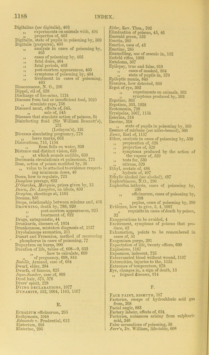 Digitaline (see digitalis), 403 ,, experiments on animals with, 401 „ properties of, 403 Digitnlin, state of pupils in poisoning by, 369 Digitalis (purpurea), 403 „ analysis in cases of poisoning by, 40o ,, cases of poisoning by, 405 ,, fatal doses, 404 ,, fatal periods, 405 ,, post-mortem appearances, 405 ,, symptoms of poisoning by, 404 ,, treatment in cases of poisoning, 405 Dioscoreaceie, N. O., 296 Dippel, oil of, 52S Discharge of fire-arms, 1124 Diseases from bad or insufficient food, 1025 ,, simulate rape, 738 Diseased meat, effects of, 545. „ sale of, 545 Diseases that simulate action of poisons, 54 Disinfecting fluid (Sir William Bennett’s), 231 ,, (Ledoyen’s), 191 Diseases simulating pregnancy, 778 ,, leave marks, 663 Dislocations, 715, 1154 ,, from falls on water, 930 Distance and distinct vision, 639 ,, at which sounds audible, 639 Docimasia circulationis et pulmonum, 773 Dose, action of poison modified by, 36 ,, value to be attached to evidence respect- ing minimum doses, 46 Doses, how to regulate, 723 Douglass peerage, 822 D’Ourches, Marquis, prizes given by, 13 Down, Dr. Eavgdon, on idiots, 850 Drayton, shootings at, 1161 Dreams, 856 Drops, relationship between minims and, 456 Drowning, death by, 788, 920 ,, post-mortem appearances, 925 ,, treatment of, 922 Drugs, antagonistic, 44 Drunkards, diseases of, 1024 Drunkenness, mistaken diagnosis of, 1137 Dryobalanops aromatica, 311 Dusart and Fresenius, method of recovering- phosphorus in cases of poisoning, 77 Dupuytren on bums, 990 Duration of life, tables of, 608—9, 632 ,, how to calculate, 609 ,, of pregnancy, 698, 816 Dutille, Armand, case of, 664 Dwarf, elder, 284- Dwarfs, of famous, 625 Dyce-Sombre, case of, 898 Dyed hair, 575, 576 Dyers’ spirit, 228 Dving declarations, 1077 Dynamite, 532, 1004, 1163, 1167 E. EobALIUm officinarum, 295 Ecehymosis, 1048 Ddmonds v. Prudential, 612 Elatcrium, 295 Elatorine, 295 Elder, Kev. Thos., 702 Elimination of poisons, 45, 46 Emerald green, 152 Emctia, 285 Emetics, uses of, 43 Emetine, 285 Enamelling, use of arsenic in, 132 Enfield rifles, 1098 Entoloma, 307 Epilepsy, true and false, 910 ,, cases of masked, 894 ,, state of pupils in, 370 Epileptic mania, 845 Erasures, how detected, 609 Ergot of rye, 302 ,, experiments on animals, 303 ,, symptoms produced by, 303 Ergotine, 303' Ergotism, 303, 1028 Erotomania, 726 Erysipelas, 1067, 1154 Esseima, 318 Eserine, 318 ,, state of pupils in poisoning by, 369 Essence of mirbanc (sec nitro-benzol),50G | Essex, Earl of, 1157 Ether, analysis in cases of poisoning by, 530 ,, preparation of, 528 ,, properties of, 529 ,, symptoms produced by the action of the vapour of, 529 ,, tests for, 530 ,, nitrous, 529 Ethyl, acetate of, 484 ,, hydrate of, 497 Ethylic alcohol (see alcohol), 497 Euphorbiaeeic, N.O., 296 Euphorbia lathyris, cases of poisoning bv, 299 ,, officinarum, cases of poisoning bv, 298 ,, peplus, cases of poisoning by, 299 Evidence, how to give, 3, 4, 1087 „ requisite in cases of death by poison, 32 Exaggerations to be avoided, 4 Excitement, symptoms of poisons that pro- duce, 42 Exhumation, points to be remembered in cases of, 51 Exogonium purga, 291 Expectation of life, twenty offices, 609 Explosions, 1167 Exposures, indecent, 725 Extravasated blood without wound, 1137 Extremities, injuries to the, 1153 Extremes of temperature, 978 Eye, changes in, a sign of death, 15 ,, feigned diseases, 914 F. Face taint, bismuth, 167 Factories, escapo of hydrochloric acid gas from, 268 Facial angle, 883 Factory labour, effects of, 624 Factories, nuisances arising from sulphuric acid, 240 Fnlse accusations of poisoning, 56 .Farr's, Dr. William, life-table, 608