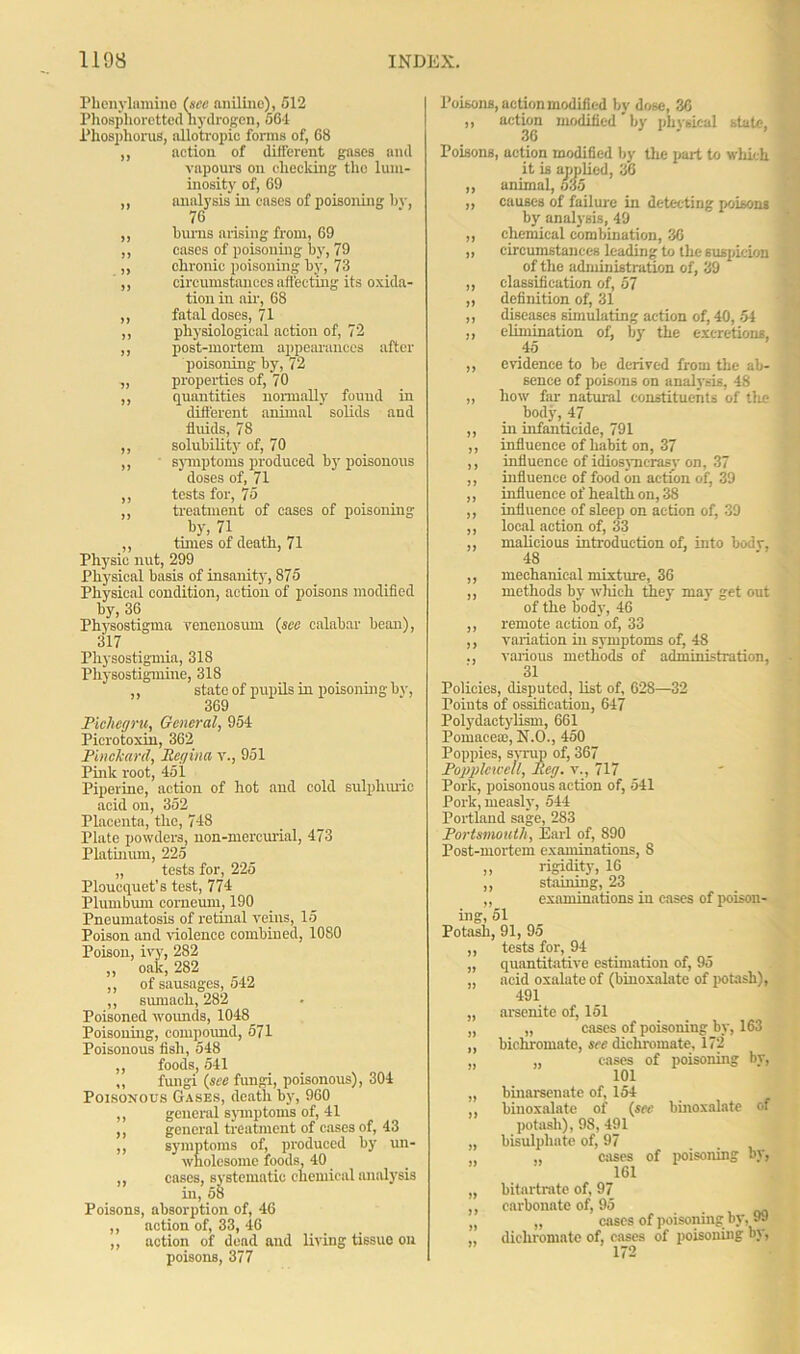 Phenylamine (see aniline), 512 Phospllore tted hydrogen, 564 Phosphorus, allotropic forms of, 68 ,, action of dilferent gases and vapours on checking the lum- inosity of, 69 ,, analysis in cases of poisoning bv, 76 ,, bums arising from, 69 ,, cases of poisoning by, 79 „ chronic poisoning by, 73 ,, circumstances affecting its oxida- tion in air, 68 ,, fatal doses, 71 ,, physiological action of, 72 ,, post-mortem appearances after poisoning by, 72 „ properties of, 70 ,, quantities normally found in different animal solids and fluids, 78 ,, solubility' of, 70 ,, syTuptoms produced by poisonous doses of, 71 ,, tests for, 75 ,, treatment of cases of poisoning by, 71 ,, times of death, 71 Physio nut, 299 Physical basis of insanity, 875 Physical condition, action of poisons modified by, 36 Physostigma venenosum (see calabar bean), 317 Physostigmia, 318 Physostigmine, 318 ,, state of pupils in poisoning by, 369 Piehcgru, General, 954 Picrotoxin, 362 Pinekard, Pet/ina v., 951 Pink root, 451 Pipeline, action of hot and cold sulphuric acid on, 352 Placenta, the, 748 Plate powders, non-mercurial, 473 Platinum, 225 „ tests for, 225 Ploucquet’s test, 774 Plumbum corneum, 190 Pneumatosis of retinal veins, 15 Poison and violence combined, 1080 Poison, ivy, 282 ,, oak, 282 ,, of sausages, 542 ,, sumach, 282 Poisoned wounds, 1048^ Poisoning, compound, 571 Poisonous fish, 548 ,, foods, 541 ,, fungi (see fungi, poisonous), 304 Poisonous Gases, death by, 960 ,, general symptoms of, 41 ,, general treatment of eases of, 43 ,, symptoms of, produced by un- wholesome foods, 40 ,, cases, systematic chemical analysis in, 58 Poisons, absorption of, 46 ,, action of, 33, 46 ,, action of dead and living tissue on poisons, 377 Poisons, aetionmodified by dose, 36 ,, action modified by physical state, 36 Poisons, action modified by the part to which it is applied, 36 ,, animal, 035 ,, causes of failure in detecting poisons by' analysis, 49 „ chemical combination, 36 ,, circumstances leading to the suspicion of the administration of, 39 ,, classification of, 57 „ definition of, 31 ,, diseases simulating action of, 40, 54 ,, elimination of, by' the excretions, .45 ,, evidence to be derived from the ab- sence of poisons on analysis, 48 ,, how far natural constituents of the body, 47 ,, in infanticide, 791 ,, influence of habit on, 37 ,, influence of idiosyncrasy on, 37 ,, influence of food on action of, 39 ,, influence of health on, 38 ,, influence of sleep on action of, 39 ,, local action of, 33 ,, malicious introduction of, into bodv, 48 ,, mechanical mixture, 36 ,, methods by which they may get out of the body, 46 ,, remote action of, 33 ,, variation in symptoms of, 48 ., various methods of administration, 31 Policies, disputed, list of, 62S—32 Points of ossification, 647 Polydaetylism, 661 Pomace®, N.O., 450 Poppies, sirup of, 367 Popplcwcll, Peg. v., 717 Pork, poisonous action of, 541 Pork, measly, 544 Portland sage, 283 Portsmouth, Earl of, 890 Post-mortem examinations, S ,, rigidity, 16 ,, staining, 23 „ examinations in cases of poison- ing, 51 Potash, 91, 95 ,, tests for, 94 „ quantitative estimation of, 95 „ acid oxalate of (binoxalate of potash), 491 „ arsenite of, 151 „ „ cases of poisoning _by, 163 ,, bichromate, see dichromate, 172 „ „ cases of poisoning by, 101 „ binarsenate of, 154 ,, binoxalate of (see binoxalate of potash), 98, 491 „ bisulphate of, 97 ,, „ cases of poisoning by, 161 „ bitartrate of, 97 ,, carbonate of, 95 . „ „ eases of poisoning by, 99 „ dichromate of, cases of poisoning by, 172