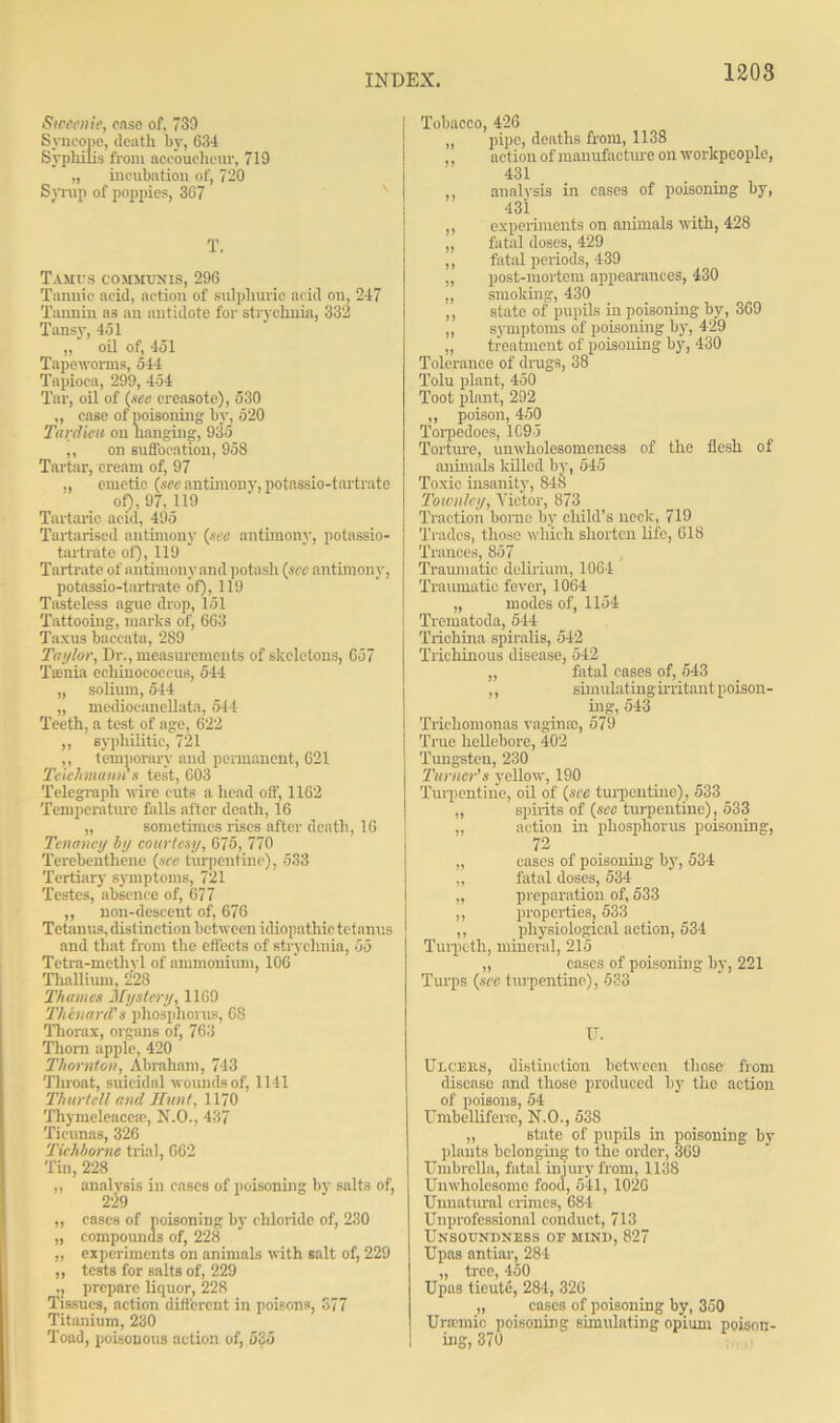 Sweenie, case of, 739 Syncope, death by, 634 Syphilis from accoucheur, 719 „ incubation of, 720 Syrup of poppies, 367 T. TAMI'S COMMUNIS, 296 Tannic acid, action of sulphuric acid ou, 247 Tannin as an antidote for strychnia, 332 Tansy, 451 „ oil of, 451 Tapeworms, 544 Tapioca, 299, 454 Tar, oil of (sec creasote), 530 „ case of poisoning by, 520 Tardieu on hanging, 935 ,, on suffocation, 958 Tartar, orearn of, 97 „ emetic (sec antimony, potassio-tartrate Tartaric acid, 495 Tartarised antimony (sec antimony, potassio- tartrate of), 119 Tartrate of antimony and potash (see antimony, potassio-tartrate of), 119 Tasteless ague drop, 151 Tattooing, marks of, 663 Taxus baccatn, 2S9 Taylor, Dr., measurements of skeletons, 657 Tamia echinococcus, 544 „ solium, 544 „ mediocanellata, 544 Teeth, a test of age, 622 ,, syphilitic, 721 ,, temporary and permanent, 621 Teiclmamfs test, 603 Telegraph wire cuts a head off, 1162 Temperature falls after death, 16 „ sometimes rises after death, 16 Tenancy by courtesy, 675, 770 Terebenthene (see turpentine), 533 Tertiary symptoms, 721 Testes, absence of, 677 „ non-descent of, 676 Tetanus, dist inction between idiopathic tetanus and that from the effects of strychnia, 55 Tetra-methyl of ammonium, 106 ’ Thallium, 228 Thames Mystery, 1169 Thcnard’s phosphorus, 68 Thorax, organs of, 763 Thom apple, 420 Thornton, Abraham, 743 Throat, suicidal wounds of, 1141 Thurtell and Hunt, 1170 Thymeleacesc, N.O., 437 Ticunas, 326 Tichborne trial, 662 Tin, 228 „ analysis in enses of poisoning by salts of, 229 „ cases of poisoning by chloride of, 230 „ compounds of, 228 „ experiments on animals with salt of, 229 „ tests for salts of, 229 ,, prepare liquor, 228 Tissues, action different in poisons, 377 Titanium, 230 Toad, poisonous action of, 535 Tobacco, 426 „ pipe, deaths from, 1138 , action of manufacture on workpeople, 431 ,, analysis in cases of poisoning by, 431 „ experiments on animals with, 428 „ fatal doses, 429 ,, fatal periods, 439 „ post-mortem appearances, 430 ,, smoking, 430 ,, state of pupils in poisoning by, 369 „ symptoms of poisoning by, 429 „ treatment of poisoning by, 430 Tolerance of drugs, 38 Tolu plant, 450 Toot plant, 292 ,, poison, 450 Torpedoes, 1095 Torture, unwholesomeness of the flesh of animals killed by, 545 Toxic insanity, 848 Townley, Victor, 873_ Traction borne by child’s neck, 719 Trades, those which shorten life, 618 Trances, 857 Traumatic delirium, 1064 Traumatic fever, 1064 „ modes of, 1154 Trematoda, 544 Trichina spiralis, 542 Trichinous disease, 542 „ fatal eases of, 543 ,, simulating irritant poison- ing, 543 Trichomonas vaginso, 579 True hellebore, 402 Tungsten, 230 Turner’s yellow, 190 Turpentine, oil of (see turpentine), 533 ,, spirits of (see turpentine), 533 ., action in phosphorus poisoning, 72 „ cases of poisoning by, 534 ,, fatal doses, 534 „ preparation of, 533 ,, properties, 533 ,, physiological action, 534 Turpcth, mineral, 215 ,, cases of poisoning by, 221 Turps (see turpentine), 533 IT. Ulceiis, distinction between those from disease and tlioso produced by the action of poisons, 54 Umbelliferre, N.O., 538 „ state of pupils in poisoning by plants belonging to the order, 369 Umbrella, fatal injury from, 1138 Unwholesome food, 541, 1026 Unnatural crimes, 684 Unprofessional conduct, 713 Unsoundness of mind, 827 Upas antiar, 284 „ tree, 450 Upas tieute, 284, 326 „ eases of poisoning by, 350 Urscmio poisoning simulating opium poison- ing, 370