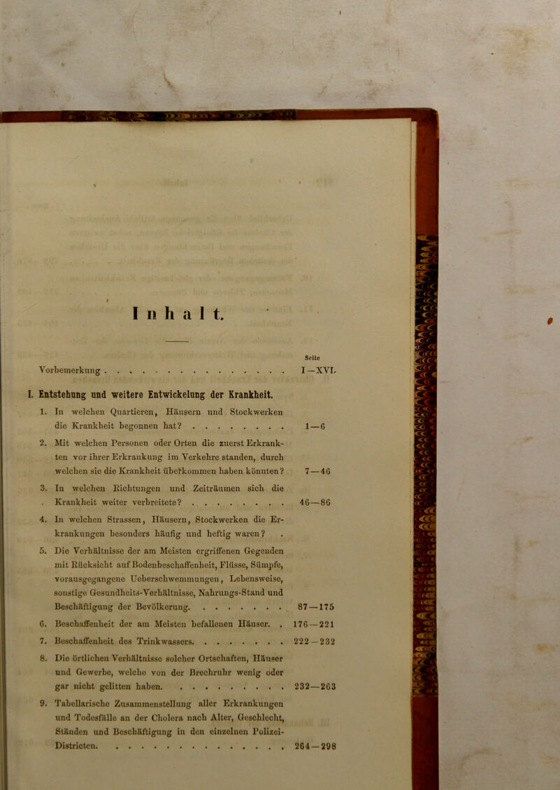 ♦ I Inhalt. Vorbemerkung I. Entstehung und weitere Entwickelung der Krankheit. 1. In welchen Quartieren, Häusern und Stockwerken die Krankheit begonnen liat? 2. Mit welchen Personen oder Orten die zuerst Erkrank- ten vor ihrer Erkrankung im Verkehre standen, durch welchen sie die Krankheit überkommen haben könnten ? 3. In welchen Richtungen und Zeiträumen sich die Krankheit weiter verbreitete? 4. In welchen Strassen, Häusern, Stockwerken die Er- krankungen besonders häufig und heftig waren? 5. Die Verhältnisse der am Meisten ergriffenen Gegenden mit Rücksicht auf Bodenbeschaffenheit, Flüsse, Sümpfe, vorausgegangene Ueberschwemmungen, Lebensweise, sonstige Gesundheits-Verhältnisse, Nahrungs-Stand und Beschäftigung der Bevölkerung G. Beschaffenheit der am Meisten befallenen Häuser. . 7. Beschaffenheit des Trinkwassers 8. Die örtlichen Verhältnisse solcher Ortschaften, Häuser und Gewerbe, welcho von der Brechruhr wenig oder gar nicht gelitten haben 9. Tabellarische Zusammenstellung aller Erkrankungen und Todesfälle an der Cholora nach Alter, Geschlecht, Ständen und Beschäftigung in den einzelnen Polizoi- Districtcn * Seite I—XVI. 1 — 6 7 —46 46 — 86 87 — 175 176 — 221 222 -232 232—263 264-298