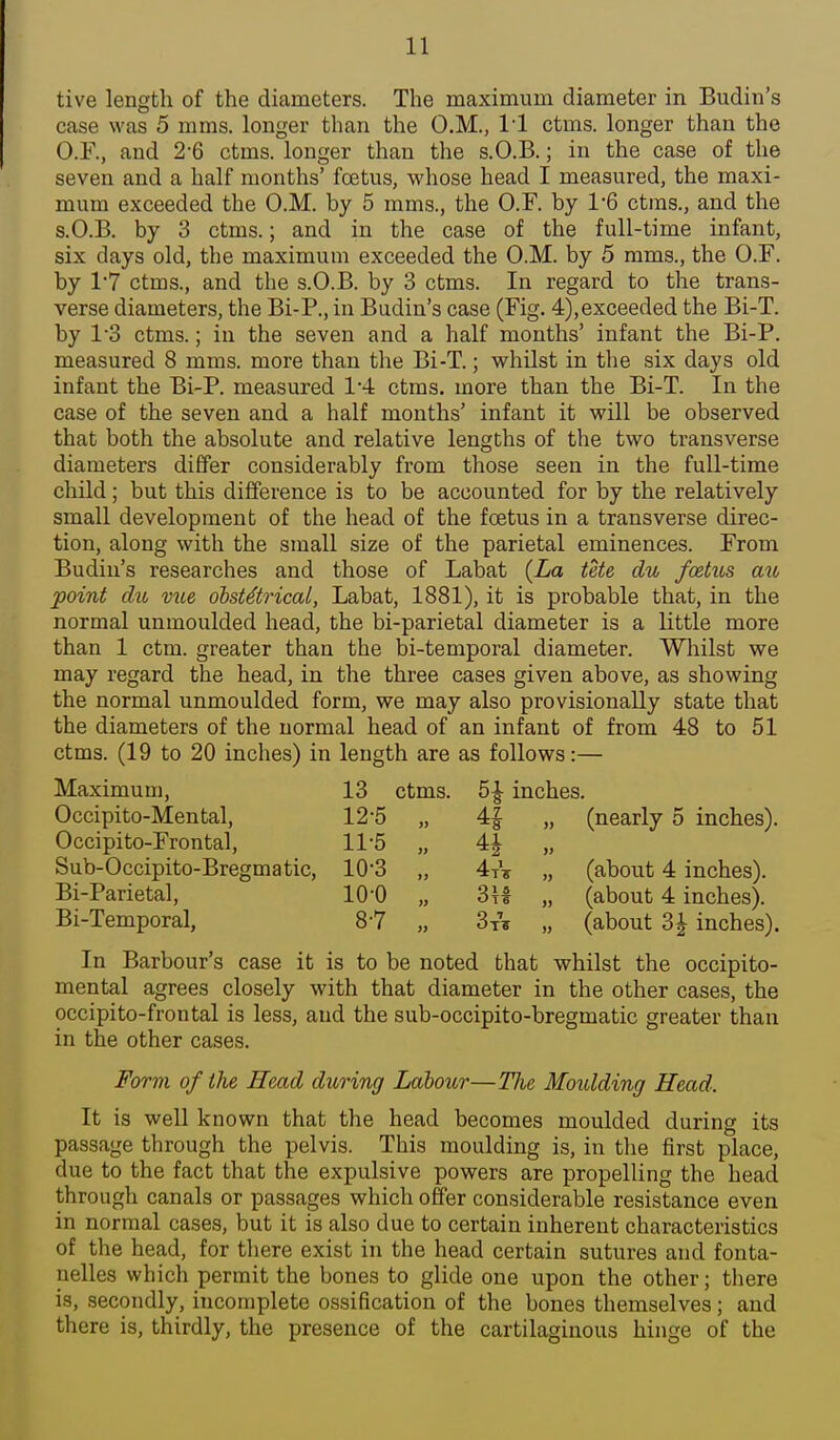 tive length of the diameters. The maximum diameter in Budin's case was 5 mms. longer than the O.M., 11 ctms. longer than the O.F., and 2-6 ctms. longer than the s.O.B.; in the case of the seven and a half months' foetus, whose head I measured, the maxi- mum exceeded the O.M. by 5 mms., the O.F. by 1'6 ctms., and the s.O.B. by 3 ctms.; and in the case of the full-time infant, six days old, the maximum exceeded the O.M. by 5 mms., the O.F. by 1*7 ctms., and the s.O.B. by 3 ctms. In regard to the trans- verse diameters, the Bi-P., in Budin's case (Fig. 4),exceeded the Bi-T. by 1-3 ctms.; in the seven and a half months' infant the Bi-P. measured 8 mms. more than the Bi-T.; whilst in the six days old infant the Bi-P. measured 1'4 ctms. more than the Bi-T. In the case of the seven and a half months' infant it will be observed that both the absolute and relative lengths of the two transverse diameters differ considerably from those seen in the full-time child; but this difference is to be accounted for by the relatively small development of the head of the foetus in a transverse direc- tion, along with the small size of the parietal eminences. From Budin's researches and those of Labat (La tete du fcetxi^s mo point du vxie ohsUtricaL, Labat, 1881), it is probable that, in the normal unmoulded head, the bi-parietal diameter is a little more than 1 ctm. greater than the bi-temporal diameter. Whilst we may regard the head, in the three cases given above, as showing the normal unmoulded form, we may also provisionally state that the diameters of the normal head of an infant of from 48 to 51 ctms. (19 to 20 inches) in length are as follows:— Maximum, 13 ctms. 5^ inches. In Barbour's case it is to be noted that whilst the occipito- mental agrees closely with that diameter in the other cases, the occipito-frontal is less, and the sub-occipito-bregmatic greater than in the other cases. Form of the Head during Labour—Tlie Moulding Head. It is well known that the head becomes moulded during its passage through the pelvis. This moulding is, in the first place, due to the fact that the expulsive powers are propelling the head through canals or passages which offer considerable resistance even in normal cases, but it is also due to certain inherent characteristics of the head, for there exist in the head certain sutures and fonta- nelles which permit the bones to glide one upon the other; there is, secondly, incomplete ossification of the bones themselves; and there is, thirdly, the presence of the cartilaginous hinge of the Occipito-Mental, 12-5 Occipito-Frontal, 11-5 Sub-Occipito-Bregmatic, 10*3 Bi-Parietal, 10-0 Bi-Temporal, 87 4i 4tV U 1 8 3rs (about 4 inches), (about 4 inches), (about 31 inches). (nearly 5 inches).