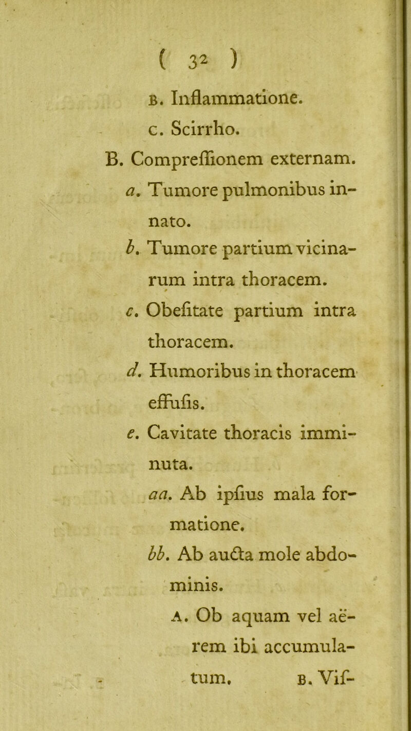 B. Inflammatione. c. Scirrho. B. Compreffionem externam. a. Tumore pulmonibus in- nato. b. Tumore partium vicina- rum intra thoracem. # / c. Obefitate partium intra thoracem. d. Humoribus in thoracem effufis. e. Cavitate thoracis immi- nuta. aa. Ab ipfius mala for- matione. bb. Ab au&a mole abdo- minis. A. Ob aquam vel ae- rem ibi accumula- tum. b. Vif-