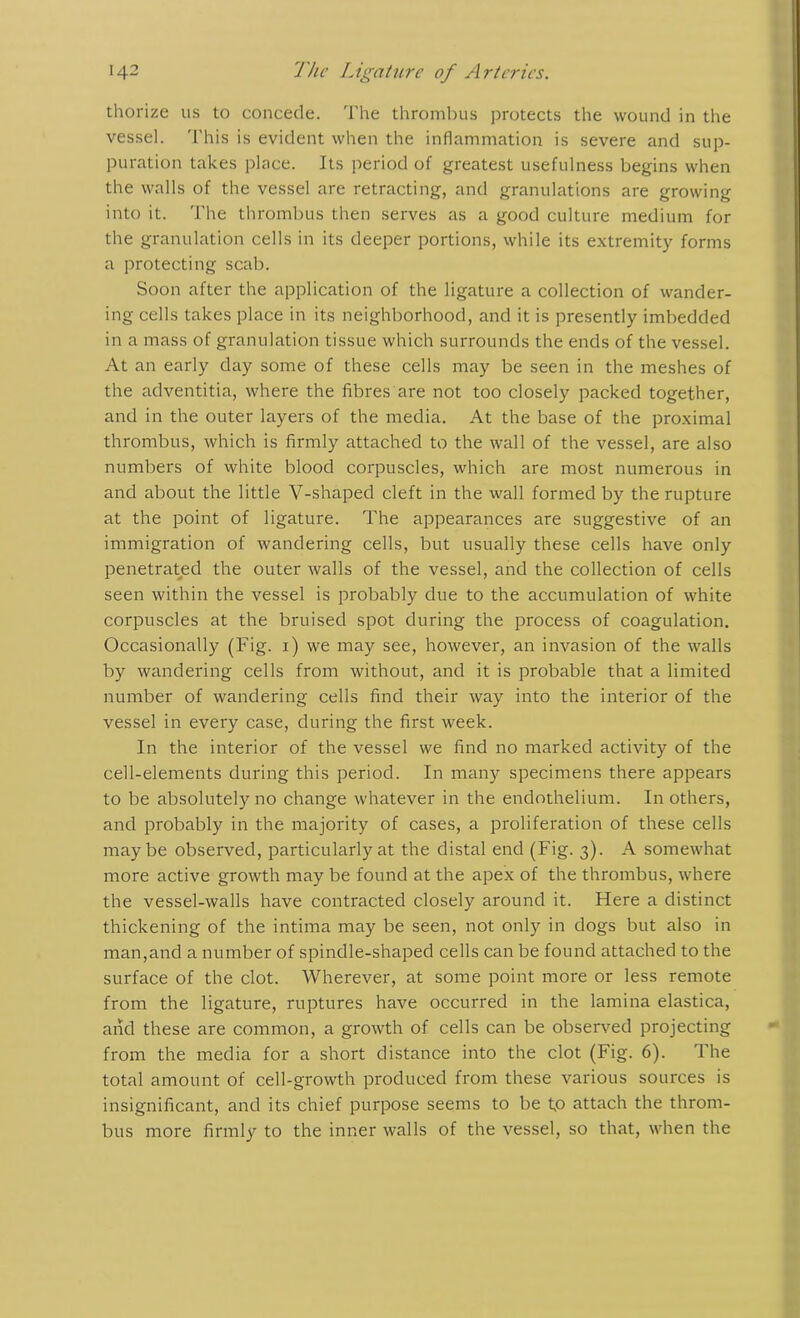 thorize us to concede. The thrombus protects the wound in the vessel. This is evident when the inflammation is severe and sup- puration takes place. Its period of greatest usefulness begins when the walls of the vessel are retracting, and granulations are growing into it. The thrombus then serves as a good culture medium for the granulation cells in its deeper portions, while its extremity forms a protecting scab. Soon after the application of the ligature a collection of wander- ing cells takes place in its neighborhood, and it is presently imbedded in a mass of granulation tissue which surrounds the ends of the vessel. At an early day some of these cells may be seen in the meshes of the adventitia, where the fibres are not too closely packed together, and in the outer layers of the media. At the base of the proximal thrombus, which is firmly attached to the wall of the vessel, are also numbers of white blood corpuscles, which are most numerous in and about the little V-shaped cleft in the wall formed by the rupture at the point of ligature. The appearances are suggestive of an immigration of wandering cells, but usually these cells have only penetrated the outer walls of the vessel, and the collection of cells seen within the vessel is probably due to the accumulation of white corpuscles at the bruised spot during the process of coagulation. Occasionally (Fig. i) we may see, however, an invasion of the walls by wandering cells from without, and it is probable that a limited number of wandering cells find their way into the interior of the vessel in every case, during the first week. In the interior of the vessel we find no marked activity of the cell-elements during this period. In many specimens there appears to be absolutely no change whatever in the endothelium. In others, and probably in the majority of cases, a proliferation of these cells maybe observed, particularly at the distal end (Fig. 3). A somewhat more active growth may be found at the apex of the thrombus, where the vessel-walls have contracted closely around it. Here a distinct thickening of the intima may be seen, not only in dogs but also in man,and a number of spindle-shaped cells can be found attached to the surface of the clot. Wherever, at some point more or less remote from the ligature, ruptures have occurred in the lamina elastica, and these are common, a growth of cells can be observed projecting from the media for a short distance into the clot (Fig. 6). The total amount of cell-growth produced from these various sources is insignificant, and its chief purpose seems to be tp attach the throm- bus more firmly to the inner walls of the vessel, so that, when the