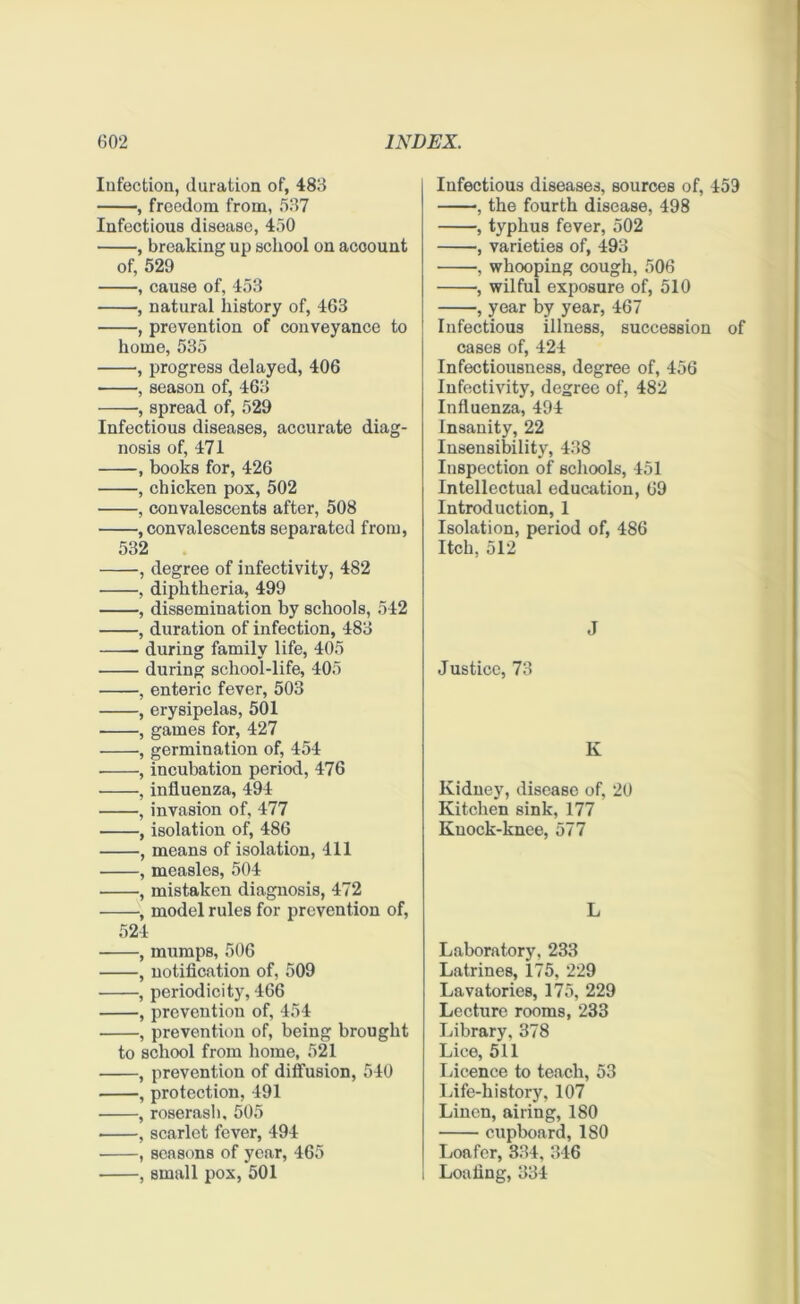 Infection, duration of, 483 , freedom from, 537 Infectious disease, 450 , breaking up school on account of, 529 , cause of, 453 , natural history of, 463 , prevention of conveyance to home, 535 , progress delayed, 406 , season of, 463 , spread of, 529 Infectious diseases, accurate diag- nosis of, 471 , books for, 426 , chicken pox, 502 , convalescents after, 508 , convalescents separated from, 532 , degree of infectivity, 482 , diphtheria, 499 , dissemination by schools, 542 , duration of infection, 483 during family life, 405 during school-life, 405 , enteric fever, 503 , erysipelas, 501 , games for, 427 , germination of, 454 , incubation period, 476 , influenza, 494 , invasion of, 477 , isolation of, 486 , means of isolation, 411 , measles, 504 , mistaken diagnosis, 472 -, model rules for prevention of, 524 , mumps, 506 , notification of, 509 , periodicity, 466 , prevention of, 454 , prevention of, being brought to school from home, 521 , prevention of diffusion, 540 , protection, 491 , roserash, 505 , scarlet fever, 494 , seasons of year, 465 , small pox, 501 Infectious diseases, sources of, 459 , the fourth disease, 498 , typhus fever, 502 , varieties of, 493 , whooping cough, 506 ■, wilful exposure of, 510 , year by year, 467 Infectious illness, succession of cases of, 424 Infectiousness, degree of, 456 Infectivity, degree of, 482 Influenza, 494 Insanity, 22 Insensibility, 438 Inspection of schools, 451 Intellectual education, 69 Introduction, 1 Isolation, period of, 486 Itch, 512 J Justice, 73 K Kidney, disease of, 20 Kitchen sink, 177 Knock-knee, 577 L Laboratory, 233 Latrines, 175, 229 Lavatories, 175, 229 Lecture rooms, 233 Library, 378 Lice, 511 Licence to teach, 53 Life-history, 107 Linen, airing, 180 cupboard, 180 Loafer, 334, 346 Loafing, 334 I