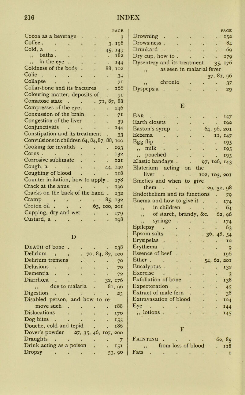 TAGE PAGE Cocoa as a beverage . . 3 Drowning . . 152 Coffee 3- 198 Drowsiness . . . 84 Cold, a 45. 149 Drunkard . . 69 ,, baths.... 182 Dry cup, how to . • 179 ,, in the eye . . 144 Dysentery and its treatment 35, 176 Coldness of the body . 88, 102 ,, as seen in malarial fever Colic . 34 37. 81, 96 Collapse .... . 71 ,, chronic 37 Collar-bone and its fractures . 166 Dyspepsia . . 29 Colouring matter, deposits of . 91 Comatose state . . . 71, 87, 88 Compresses of the eye . . 146 E Concussion of the brain . 71 Ear . . . 147 Congestion of the liver . 39 Earth closets 192 Conjunctivitis • 144 Easton’s syrup 64, 96, 201 Constipation and its treatment • 33 Eczema II, I47 Convulsions in children 64, 84,87, 88, 100 Egg flip • J95 Cooking for invalids . . 193 ,, milk • 195 Corns 132 ,, poached • I95 Corrosive sublimate • 121 Elastic bandage . 97, 126, 143 Cough, a 44 > 140 Elaterium acting on the Coughing of blood • n8 liver 102, 103, 201 Counter irritation, how to apply . 178 Emetics and when to give Crack at the anus . 130 them . 29, 32, 98 Cracks on the back of the hand . 132 Endothelium and its functions . 79 Cramp .... 85. 132 Enema and how to give it . . 174 Croton oil . . . 63, 100, 201 ,, in children 64 Cupping, dry and wet • 179 ,, of starch, brandy, &c. 62, 96 Custard, a . • 198 ,, syringe . . 174 Epilepsy . 63 -n Epsom salts • 36, 48, 54 Erysipelas . 12 Death of bone . , 138 Erythema . 9 Delirium . . .70, 84 87. xoo Essence of beef . . 196 Delirium tremens . 70 Ether .... 54, 62, 201 Delusions .... . 70 Eucalyptus . . 132 Dementia .... , 72 Exercise 3 Diarrhoea .... 32, 176 Exfoliation of bone • • 138 ,, due to malaria 81 . 96 Expectoration • 45 Digestion .... 23 Extract of male fern . • • 38 Disabled person, and how to re- Extravasation of blood . 124 move such . • 188 Eye .... • 144 Dislocations . 170 ,, lotions . • 145 Dog bites .... • 155 Douche, cold and tepid • 186 T? Dover’s powder 27, 35, 46, 107, 200 r Draughts .... . 7 Fainting . 62, 85 Drink acting as a poison • 151 ,, from loss of blood . 118 Dropsy .... S3 . 9° Fats . . . . 1