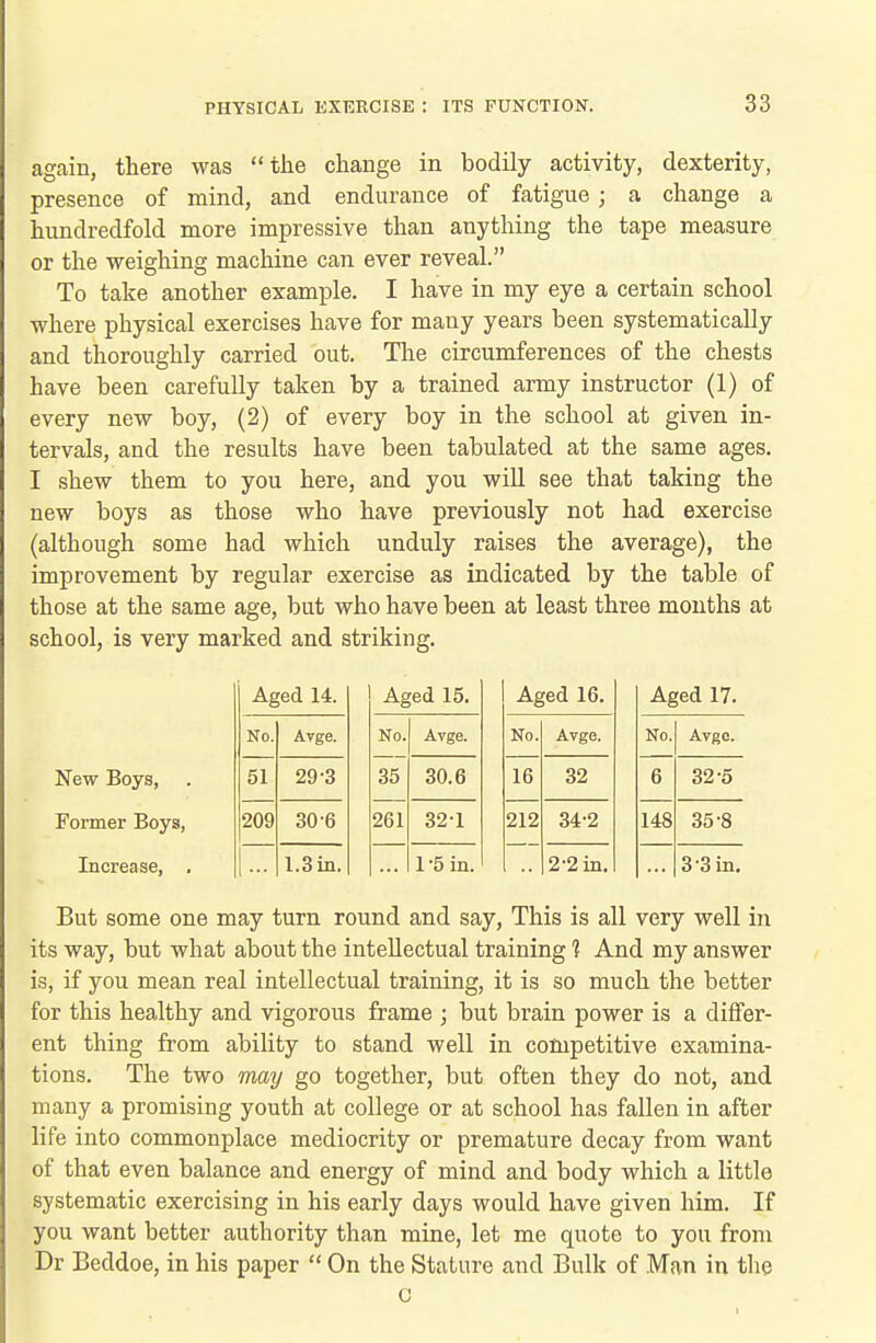 again, there was the change in bodily activity, dexterity, presence of mind, and endurance of fatigue; a change a hundredfold more impressive than anything the tape measure or the weighing machine can ever reveal. To take another example. I have in my eye a certain school where physical exercises have for many years been systematically and thoroughly carried out. The circumferences of the chests have been carefully taken by a trained army instructor (1) of every new boy, (2) of every boy in the school at given in- tervals, and the results have been tabulated at the same ages. I shew them to you here, and you will see that taking the new boys as those who have previously not had exercise (although some had which unduly raises the average), the improvement by regular exercise as indicated by the table of those at the same age, but who have been at least three months at school, is very marked and striking. Aged 14. No. Avge. New Boys, 51 29-3 Former Boys, 209 30-6 Increase, . 1.3m. Aged 15. No. Avge. 35 30.6 261 32-1 1-5 in. Aged 16. No. Avge. 16 32 212 34-2 2-2 in. Aged 17. No. Avgo. 6 32-5 148 35-8 3-3 in. But some one may turn round and say. This is all very well in its way, but what about the intellectual training ? And my answer is, if you mean real intellectual training, it is so much the better for this healthy and vigorous frame ; but brain power is a differ- ent thing from ability to stand well in competitive examina- tions. The two maij go together, but often they do not, and many a promising youth at college or at school has fallen in after life into commonplace mediocrity or premature decay from want of that even balance and energy of mind and body which a little systematic exercising in his early days would have given him. If you want better authority than mine, let me quote to you from Dr Beddoe, in his paper  On the Stature and Bulk of Man in the 0