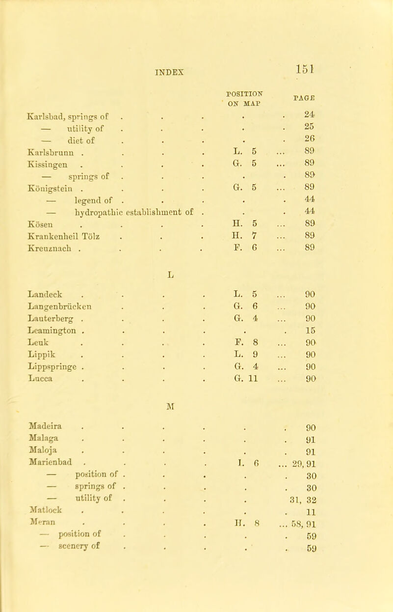 Karlsbad, springs of POSITION ON MAP PAGE 24 — utility of • . 25 — diet of . . 26 Karlsbrunn . . L. 5 89 Kissingen . G. 5 89 — springs of . • 89 Konigstein . . G. 5 89 — legend of . • • 44 — hydropathic establishment of • 44 Kosen . H. 5 89 Krankenlieil Tolz H. 7 89 Kreuznach . F. 6 89 Landeck L L. 5 90 Langenbriick en G. 6 90 Lauterberg . G. 4 90 Leamington . . 15 Lenk F. 8 90 Lippik L. 9 90 Lippspringe . G. 4 90 Lucca G. 11 90 Madeira M 90 Malaga . 91 Maloja . 91 Marienbad I. 6 ... 29,91 — position of . . 30 — springs of . • 30 — utility of . 31, 32 Matlock # 11 Meran H. 8 ... 58, 91 — position of . 59 — scenery of • 59