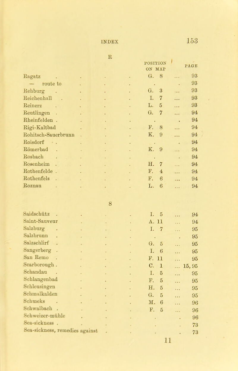 R POSITION ' PAGE ON MAP Ragatz G. 8 93 — route to . 93 Rehburg G. 3 93 Reichenhall I. 7 93 Reinerz L. 5 93 Reutlingen . G. 7 94 Rheinfelden . . 94 Rigi-Kaltbad F. 8 94 Robitscb-Sauerbrunn K. 9 94 Roisdorf • . 94 Romerbad K. 9 94 Rosbacb . 94 Rosenbeim . H. 7 94 Rotbenfelde . F. 4 94 Rothenfels . F. 6 94 Roznau S L. 6 94 Saidsehiitz . I. 5 94 Saint-Sauveur A. 11 94 Salzburg I. 7 95 Salzbrunn . 95 Salzschlirf G. 5 95 Sangerberg . I. 6 95 San Remo F. 11 95 Scarborough . C. 1 .. 15,95 Schandau I. 5 95 Schlangenbad F. 5 95 Schleusingen H. 5 95 Schmalkalden G. 5 95 Schmeks M. 6 96 Schwalbach . F. 5 96 Schweizer-miihle 96 Sea-sickness . 73 Sea-sickness, remedies against 73 11