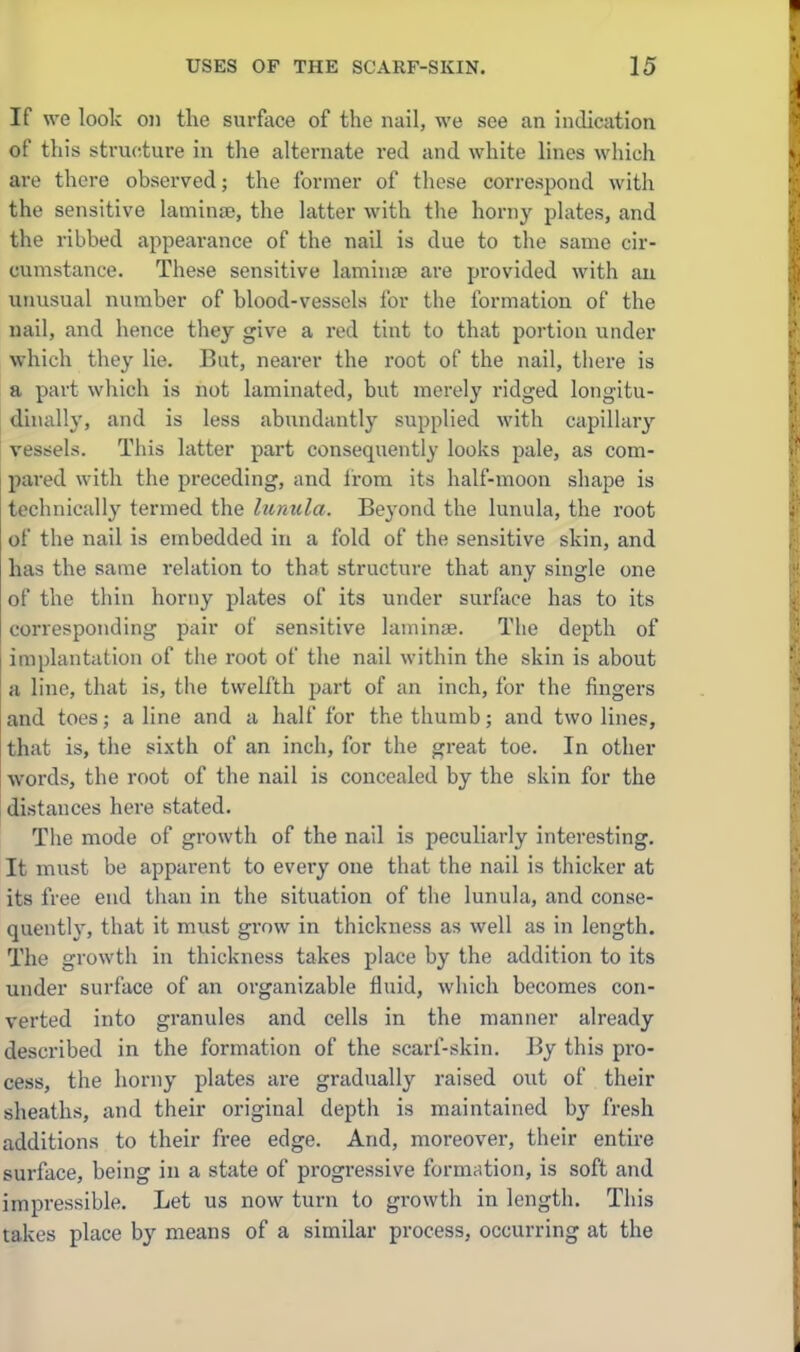 If we look on the surface of the nail, we see an indication of this structure in the alternate red and white lines which are there observed; the former of these correspond with the sensitive laminae, the latter with the horny plates, and the ribbed appearance of the nail is due to the same cir- cumstance. These sensitive lamiufe are provided with an unusual number of blood-vessels for the formation of the nail, and hence they give a red tint to that portion under which they lie. But, nearer the root of the nail, there is a part which is not laminated, but merely ridged longitu- dinally, and is less abundantly supplied with capilhny vessels. This latter part consequently looks pale, as com- pared with the preceding, and Irom its half-moon shape is technically termed the lunula. Beyond the lunula, the root of the nail is embedded in a fold of the sensitive skin, and has the same relation to that structure that any single one of the thin horny plates of its under surface has to its corresponding pair of sensitive laminae. The depth of implantation of the root of the nail within the skin is about a line, that is, the twelfth part of an inch, for the fingers and toes; a line and a half for the thumb; and two lines, that is, the sixth of an inch, for the great toe. In other words, the root of the nail is concealed by the skin for the distances here stated. The mode of growth of the nail is peculiarly interesting. It must be apparent to every one that the nail is thicker at its free end than in the situation of the lunula, and conse- quently, that it must grow in thickness as well as in length. The growth in thickness takes place by the addition to its under surface of an organizable Huid, which becomes con- verted into granules and cells in the manner already described in the formation of the scarf-skin. By this pro- cess, the horny plates are gradually raised out of their sheaths, and their original depth is maintained by fresh additions to their free edge. And, moreover, their entire surface, being in a state of progressive formation, is soft and impressible. Let us now turn to growth in length. This takes place by means of a similar process, occurring at the
