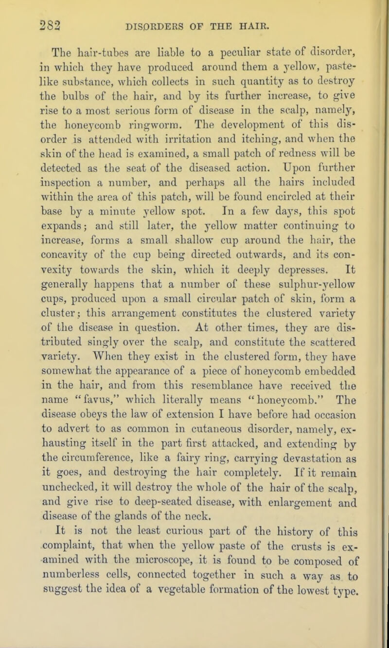 Tlie hair-tubes are liable to a peculiar state of disorder, in whicli they have produced around them a j'ellow, paste- like substance, which collects in such quantity as to destroy the bulbs of the hair, and by its further increase, to give rise to a most serious form of disease in the scalp, namely, the honeycomb ringworm. The development of this dis- order is attended with irritation and itching, and when the skin of the head is examined, a small patch of redness will be detected as the seat of the diseased action. Upon further inspection a number, and perhaps all the hairs included within the area of this patch, will be found encircled at their base by a minute yellow spot. In a few daj's, this spot expands; and still later, the yellow matter continuing to increase, forms a small shallow cup around the hair, the concavity of the ciip being directed outwards, and its con- vexity towards the skin, which it deeply depresses. It generally happens that a number of these sulphur-j'ellow cups, produced upon a small circular patch of skin, Ibrm a cluster ; this arrangement constitutes the clustered variety of the disease in question. At other times, they are dis- tributed singly over the scalp, and constitute the scattered variety. When they exist in the clustered form, they have somewhat the appearance of a piece of honeycomb embedded in the hair, and from this resemblance have received the name favus, which literally means honeycomb. The disease obeys the law of extension I have before had occasion to advert to as common in cutaneous disorder, namely, ex- hausting itself in the part first attacked, and extending by the circumference, like a fairy ring, carrying devastation as it goes, and destroying the hair completely. If it remain unchecked, it will destroy the whole of the hair of the scalp, and give rise to deep-seated disease, with enlargement and disease of the glands of the neck. It is not the least curious part of the history of this complaint, that when the yellow paste of the crusts is ex- amined with the microscope, it is found to be composed of numberless cells, connected together in such a way as to suggest the idea of a vegetable formation of the lowest type.