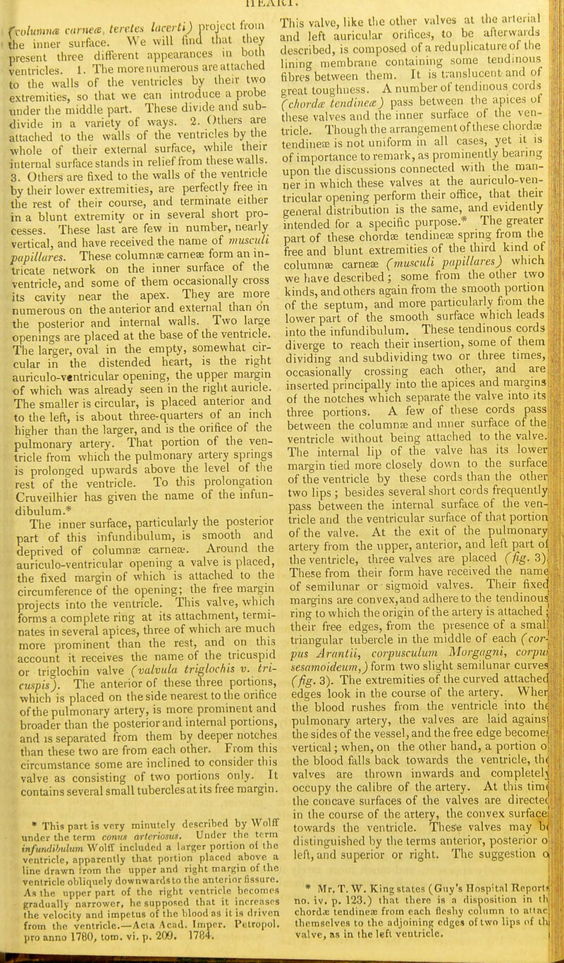 rnilumna ccirnea, tereles lacerti) project from the inner surface. We will find that they present three different appearances in both ventricles. 1. The more numerous are attached to the walls of the ventricles by their two extremities, so that we can introduce a probe under the middle part. These divide and sub- divide in a variety of ways. 2. Others are attached to the walls of the ventricles by the •whole of their external surface, while their internal surface stands in relief from these walls. 3. Others are fixed to the walls of the ventricle by their lower extremities, are perfectly free in the rest of their course, and terminate either in a blunt extremity or in several short pro- cesses. These last are few in number, nearly vertical, and have received the name of iimsadi papillares. These columnse carnese form an in- tricate network on the inner surface of the ventricle, and some of them occasionally cross its cavity near the apex. They are more numerous on the anterior and external than on the posterior and internal walls. Two large openings are placed at the base of the ventricle. The larger, oval in the empty, somewhat cir- cular in the distended heart, is the right auriculo-ventricular opening, the upper margin of which was already seen in the right auricle. The smaller is circular, is placed anterior and to the left, is about three-quarters of an inch higher than the larger, and is the orifice of the pulmonary artery. That portion of the ven- tricle from which the pulmonary artery springs is prolonged upwards above the level of the rest of the ventricle. To this prolongation Cruveilhier has given the name of the infun- dibulum.* The inner surface, particularly the posterior part of this infundibulum, is smooth and deprived of columnse carnea.'. Around the auriculo-ventricular opening a valve is placed, the fixed margin of which is attached to the circumference of the opening; the free margin projects into the ventricle. This valve, which forms a complete ring at its attachment, termi- nates in several apices, three of which are much more prominent than the rest, and on this account it receives the name of the tricuspid or triglochin valve (valvida triglochis v. tri- cuspis). The anterior of these three portions, which is placed on the side nearest to the orifice of the pulmonary artery, is more prominent and broader than the posterior and internal portions, and is separated from them by deeper notches than these two are from each other. From this circumstance some are inclined to consider this valve as consisting of two portions only. It contains several small tuberclesat its free margin. • This part is very minutely described by Wolff under the term contis arteriosus. Under the tt-rm infundibulum Wo\f( included a larger portion oi the ventricle, apparently that portion placed above a line drawn from the upper and right margin of the ventricle obliquely downwards to the anterior fissure. As the upper part of the right ventricle becomes gradually narrower, he supposed that it increases the velocity and impetus of the blood as it is driven from the ventricle.—Acta Acad. Tmper. Petropol. pro anno 1780, torn. vi. p. 209. 1784. This valve, like tlie other valves at the arterial and left auricular orifices, to be afterwards described, is composed of a reduplicatureof the lining membrane containing some tendinous fibres between them. It is translucent and of great toughness. A number of tendinous cords (chorda: tendinem) pass between the apices ot these valves and the inner surface of the ven- tricle. Though the arrangement of these cliordaj tendineaj is not uniform in all cases, yet it is of importance to remark, as prominently bearing upon the discussions connected with the man- ner in which these valves at the auriculo-ven- tricular opening perform their office, that their general distribution is the same, and evidently intended for a specific purpose.* The greater part of these chordae tendineee spring from the free and blunt extremities of the third kind of columnas carneae (mmcuLi pupUlares) which we have described ; some from the other two kinds, and others again from the smooth portion of the septum, and more particularly from the lower part of the smooth surface which leads into the infundibulum. These tendinous cords diverge to reach their insertion, some of them dividing and subdividing two or three times, occasionally crossing each other, and are inserted principally into the apices and margins of the notches which separate the valve into its three portions. A few of these cords pass between the columns and inner surface of the ventricle without being attached to the valve. The internal lip of the valve has its lower margin tied more closely down to the surface of the ventricle by these cords than the other two lips ; besides several short cords frequently pass between the internal surface of the ven- tricle and the ventricular surface of that portion of the valve. At the exit of the pulmonary artery from the upper, anterior, and left part of the ventricle, three valves are placed (fig. 3), These from their form have received the name of semilunar or sigmoid valves. Their fixed margins are convex,and adhere to the tendinous ring to which the origin of the artery is attached • their free edges, from the presence of a smal; triangular tubercle in the middle of each (cor- pus Arantii, corpuscidum Morgagni, corpui sesamoideum,) form two slight semilunar curves (fig. 3). The extremities of the curved attached edges look in the course of the artery. Wher the blood rushes from the ventricle into th( pulmonary artery, the valves are laid againsi the sides of the vessel, and the free edge become: vertical; when, on the other hand, a portion o the blood falls back towards the ventricle, the valves are thrown inwards and complete!) occupy the calibre of the artery. At this time the concave surfaces of the valves are directet in the course of the artery, the convex surface; towards the ventricle. These valves may b( distinguished by the terms anterior, posterior o left, and superior or right. The suggestion oi • Mr. T. W. King states (Gtiy's Hospital Report? no. iv. p. 123.) that there is a disposition in ih chordJE tendinesc from each fleshy column to allar themselves to the adjoining edges of two lips of llu valve, as in the left ventricle. i