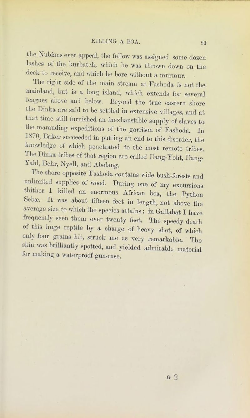 KILLING A BOA. the Nubians ever appeal, the fellow was assigned some dozen lashes of the kurbatch, which he was thrown down on the deck to receive, and wdiich he bore without a murmur. The right side of the main stream at Fashoda is not the mainland, but is a long island, which extends for several leagues above and below. Beyond the true eastern shore the Dinka are said to be settled in extensive villages, and at that time still furnished an inexhaustible supply of slaves to the^ marauding expeditions of the garrison of Fashoda. In 1870, Baker succeeded in putting an end to this disorder, the knowledge of which penetrated to the most remote tribes. The Dinka tribes of that region are called Dang-Yoht, Dan^^- Yahl, Behr, Nyell, and Abelang. ' The shore opposite Fashoda contains wide bush-forests and unlimited supplies of wood. During one of my excursions thither I killed an enormous African boa, the Python Seb£e. It was about fifteen feet in length, not above the average size to which the species attains; in Gallabat I have frequently seen them over twenty feet. The speedy death of this huge reptile by a charge of heavy shot, of which only four grains hit, struck me as very remarkable. The skm was brilliantly spotted, and yielded admirable material for making a waterproof gun-case. Q 2